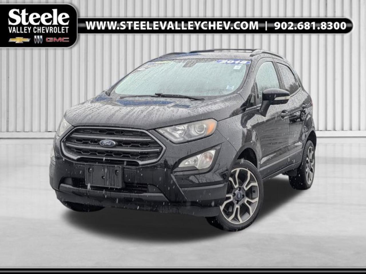 Value Market Pricing, 4-Wheel Disc Brakes, ABS brakes, Air Conditioning, Alloy wheels, Automatic temperature control, Driver door bin, Dual front impact airbags, Dual front side impact airbags, Emergency communication system: SYNC 3 911 Assist, Front & Rear Floor Liners, Front anti-roll bar, Front reading lights, Front wheel independent suspension, Heated Steering Wheel, Knee airbag, Leather Shift Knob, Low tire pressure warning, Occupant sensing airbag, Overhead airbag, Power driver seat, Power moonroof, Power steering, Power windows, Radio: AM/FM/MP3 Stereo, Rain sensing wipers, Rear anti-roll bar, Rear side impact airbag, Rear window defroster, Rear window wiper, Remote keyless entry, SiriusXM Radio, Steering wheel mounted audio controls, SYNC 3 Communications & Entertainment System, SYNC Connect, Telescoping steering wheel, Tilt steering wheel, Variably intermittent wipers, Windshield Wiper De-Icer.Shadow Black 2018 Ford EcoSport SES 4WD 6-Speed Automatic 2.0L I4 Ti-VCT GDI Come see why were Annapolis Valleys go-to GM dealer for the best used vehicle deals! We dont inflate our prices ever. Instead, we use cutting-edge live market software to price our vehicles fairly and competitively, so you get the best deal upfront with no guesswork. Want proof? Just ask for a Market Pricing Report on any of our used vehicles well show you exactly how our pricing stacks up. No games, just great cars at great prices. Stop by today and lets get you behind the wheel of your next ride!At Steele Valley Chevrolet Buick GMC, we go the extra mile to ensure you drive away with confidence. Every used vehicle on our lot undergoes a rigorous reconditioning process and comes with a detailed vehicle history report, giving you full transparency and peace of mind. We believe everyone deserves a reliable vehicle, which is why we offer flexible financing solutions tailored to fit any budget or credit situation. When you shop with us, youre choosing quality, trust, and a seamless car-buying experience. Find your next vehicle today at Steele Valley Chevrolet Buick GMC you deserve the best!
