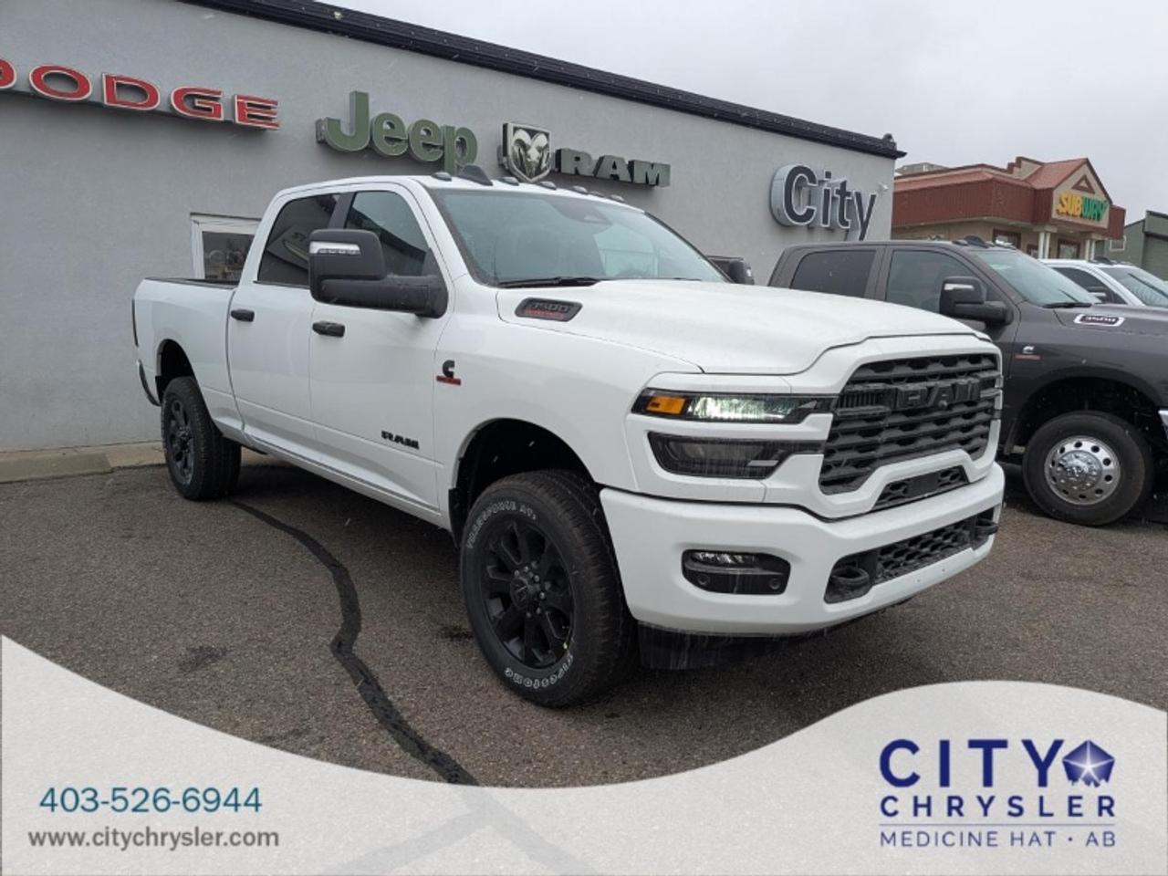 2026 RAM 3500 Big Horn Crew Cab Night Edition 4x4  Heavy-Duty Performance with Blacked-Out AttitudeThis 2026 RAM 3500 Big Horn Crew Cab 4x4 Night Edition in Bright White offers serious towing capability premium features and a bold design that stands out from the crowd. With the legendary 6.7L Cummins I-6 High Output Turbo Diesel under the hood and a full suite of tech and comfort upgrades this truck is ready for the long haul and built to do it in style.Powertrain &amp Capability:6.7L Cummins I-6 High Output Turbo Diesel Engine8-speed TorqueFlite automatic transmissionGVWR: 12300 lbs3.42 rear axle ratio5th Wheel &amp Gooseneck Towing Prep GroupInstrument panel-mounted auxiliary switchesClearance lampsRear wheelhouse linersMopar spray-in bedlinerMopar deployable bed stepTrailer Tow Pages and Off-Road Information PagesClass V hitch receiver 4- and 7-pin wiringNight Edition Features:20-inch black aluminum wheelsBlacked-out exterior accentsLED fog lamps and sport styling detailsBig Horn Level 1 Plus Equipment Group:Fold-flat load floor with storageLuxury leather-wrapped steering wheelPower heated folding and telescoping trailer mirrorsPremium cloth 40/20/40 split bench seatPower 8-way adjustable driver seatDual-zone automatic temperature controlLED bed lightingRemote start systemA/C with rear HVACForward and reverse utility lightsHeated Seats &amp Wheel Group:Heated front seatsHeated steering wheelInterior Tech &amp Convenience:Uconnect 5 NAV with 12-inch touchscreen displayApple CarPlay &amp Android Auto9 Alpine speakers with subwooferSiriusXM with 360L on-demand contentAlexa Built-in and connected servicesWi-Fi hotspot capabilityFull-colour in-cluster displayPush-button start and remote keyless entrySafety Features:Full-Speed Forward Collision Warning PlusAdaptive Cruise Control with StopBlind-Spot Monitoring with Rear Cross-Path DetectionPark-Sense Front and Rear Park AssistBackup cameraElectronic Stability Control Brake Assist and Hill Start AssistPedestrian/cyclist emergency brakingSentry Key Theft Deterrent SystemWhether youre towing heavy trailers outfitting for job site needs or simply upgrading your everyday drive the 2026 RAM 3500 Big Horn Night Edition delivers power tech and presence in equal measure.Serving Medicine Hat Alberta and nearby communities like Taber Lethbridge Brooks and Maple Creek Saskatchewan we uphold a legacy of excellence in every vehicle we sell. Our dealership sets the standard for Jeep Dodge Ram and Chrysler providing exceptional service and a commitment you can trust.