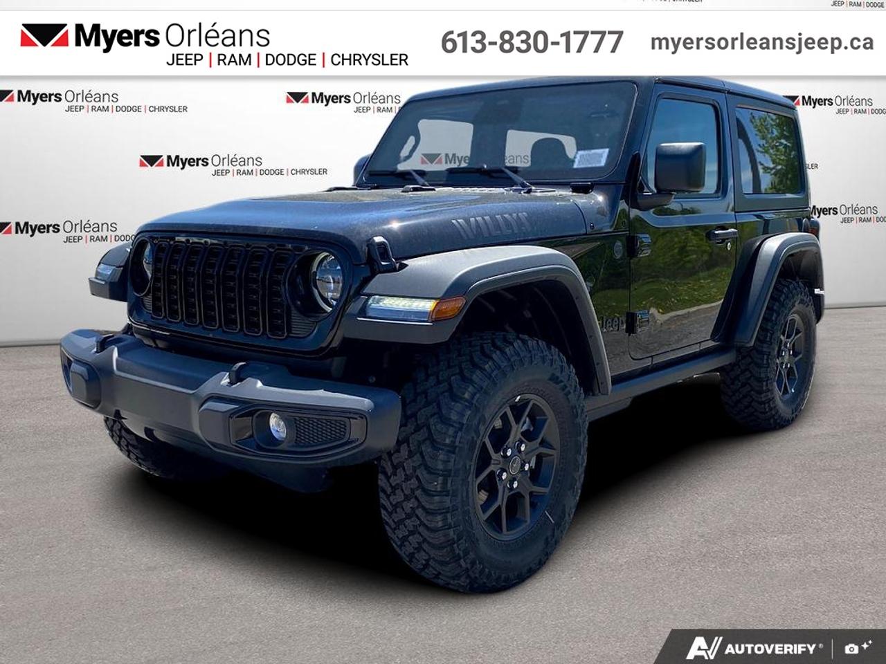 <b>Technology Group, Freedom Top!</b><br> <br> Enhanced safety features and connectivity options keep you secure and in touch wherever your path leads.<br> <br>The 2026 Jeep Wrangler blends iconic design with modern innovation to deliver an unmatched driving experience on and off the road. Its durable build, open-air freedom, and advanced off-road systems make it the go-to SUV for those who live for adventure. With refined comfort, cutting-edge technology, and Jeeps legendary capability, the Wrangler remains the benchmark for authentic, all-terrain performance.<br> <br>This Black SUV has an Automatic transmission and is powered by a 270HP 2.0L 4 Cylinder Engine. <br> <br> Our Wranglers trim level is Willys. This off-road icon in the Willys trim features off-road wheels with beefier suspension, comes standard with front and rear tow hooks, front fog lamps, and a manual convertible top with fixed rollover protection. Also standard include front and rear illuminated cupholders, air conditioning, full carpet floors with all-weather mats, an 8-speaker audio system, and a 12.3-inch infotainment screen powered by Uconnect 5W, with smartphone integration and mobile hotspot internet access. Additional features include cruise control, a rearview camera, and even more. This vehicle has been upgraded with the following features: Technology Group, Freedom Top.<br><br> View the original window sticker for this vehicle with this url <b><a href=http://www.chrysler.com/hostd/windowsticker/getWindowStickerPdf.do?vin=1C4PJXAN5TW199711 target=_blank>http://www.chrysler.com/hostd/windowsticker/getWindowStickerPdf.do?vin=1C4PJXAN5TW199711</a></b>.<br> <br>To apply right now for financing use this link: <a href=https://www.myersorleansjeep.ca/apply-for-financing/ target=_blank>https://www.myersorleansjeep.ca/apply-for-financing/</a><br> <br/>Weve discounted this vehicle $2500. Total rebate of $4350 is reflected in the price. Includes $1,850 Bonus Cash, applied after tax. 5.29% financing for 96 months. <br> Buy this vehicle now for the lowest weekly payment of <b>$161.09</b> with $0 down for 96 months @ 5.29% APR O.A.C. ( Plus applicable taxes - **Rebates may not be applicable on all purchase types [cash, lease, or finance]. Eligibility and conditions may vary. Please see dealer for full details and confirmation of eligibility. / Total Obligation of $67015 ). Incentives expire 2026-08-31. See dealer for details. <br><br>The road to new driving experiences begins in our inventory, where youll find an incredible array of brand-new cars, trucks, minivans, and SUVs, including two of our bestselling models, the Dodge Ram 1500 and the Dodge Grand Caravan. If you want to know what the cutting edge of automotive technology looks like, all you have to do is visit Myers Orleans Jeep! Each model comes loaded with the convenient features and cool technology that help make every trip memorable. Looking for additional everyday luxury at a price thats incredibly wallet-friendly? Choose from our selection of quality pre-owned models! If you can think of a road, our friendly and knowledgeable sales team will help you find the perfect vehicle to drive it.<br><br>We may be a well-established dealership thats been part of the community for many years, but that doesnt mean were stuck in the past! At Myers Orleans Jeep, were proud to provide a fresh, modern approach to car buying. Using our array of online tools, you can browse our extensive inventory, schedule a service appointment, order parts, and even apply for credit from wherever youve got a connection. Our goal is to create relationships that will last, and we know that the best way to do this is by providing a dealership experience thats based on honesty, transparency, trust, and a commitment to customers. Stop by today and discover all the ways we go above and beyond for you.<br><br> Come by and check out our fleet of 40+ used cars and trucks and 70+ new cars and trucks for sale in Orleans.  o~o