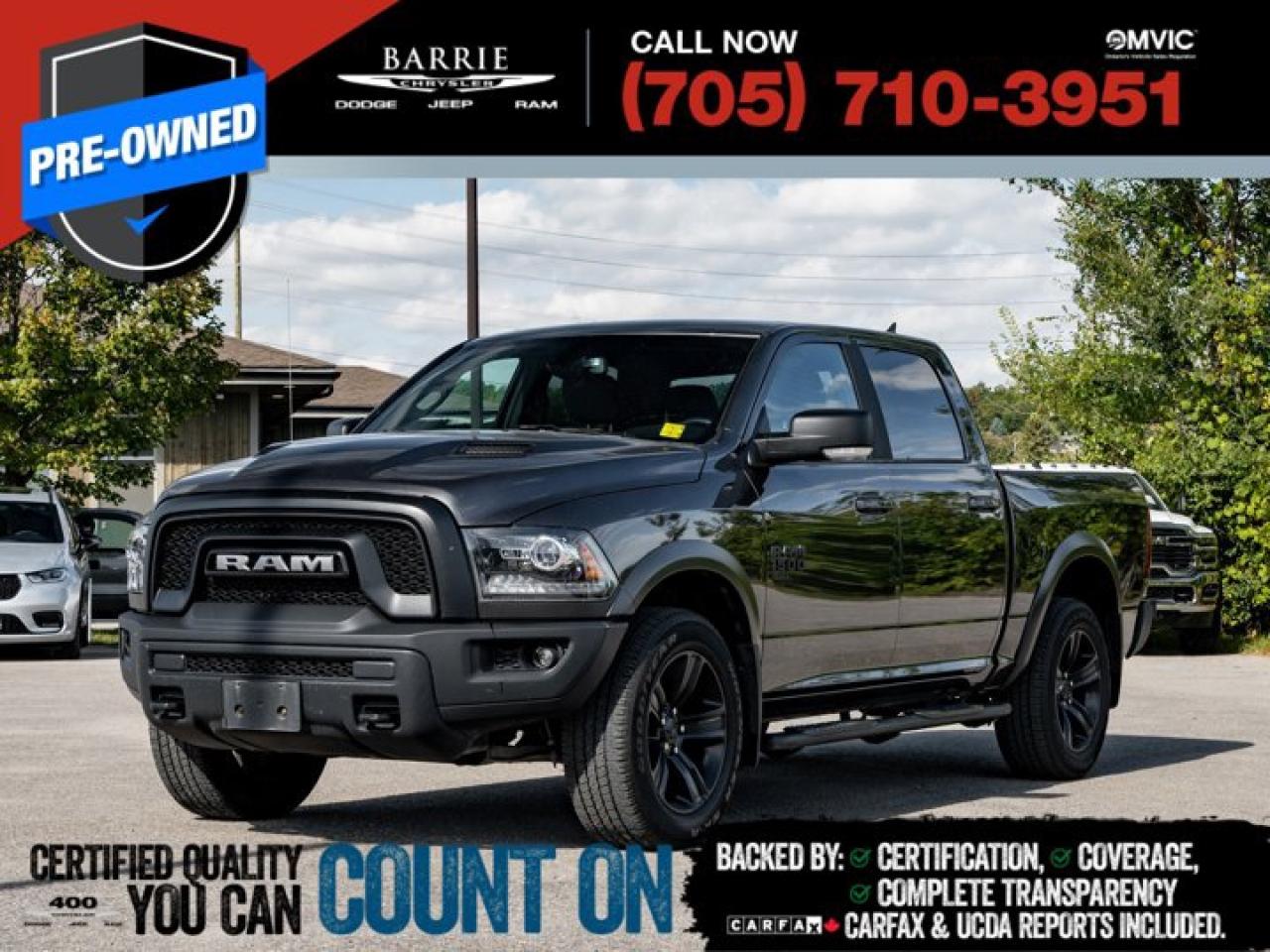 2nd Row In-Floor Storage Bins, 7 Customizable In-Cluster Display, Auto-Dimming Exterior Driver Mirror, Auto-Dimming Rear-View Mirror, B-Pillar Black-Out, Bi-Function Halogen Projector Headlamps, Black 4x4 Badge, Black Exterior Badging, Black Exterior Mirrors, Black Grille w/RAM Lettering, Black Headlamp Filler Panel, Black Powder-Coated Front Bumper, Black Powder-Coated Rear Bumper, Black Power Fold Heated Mirrors w/Signals, Black RAMs Head Tailgate Badge, Black Wheel Flares, Body-Colour Door Handles, Dedicated Daytime Running Lights, Electronics Convenience Group, Exterior Mirrors w/Courtesy Lamps, Exterior Mirrors w/Turn Signals, Front Heated Seats, Front Wheel Well Liners, Glove Box Lamp, Heated Exterior Mirrors, Heated Seats & Wheel Group, Heated Steering Wheel, Leather-Wrapped Steering Wheel, LED Bed Lighting, LED Fog Lamps, Luxury Group, Overhead Console/Garage Door Opener, Park-Sense Rear Park Assist System, Power Folding Exterior Mirrors, Push-Button Start, Quick Order Package 29F Warlock, Raised Ride Height, Rear Dome Lamp w/On/Off Switch, Rear Heavy-Duty Shock Absorbers, Remote Proximity Keyless Entry, Remote Start & Security Alarm Group, Security Alarm, Semi-Gloss Black Wheel Centre Hub, SiriusXM Satellite Radio, Sport Tail Lamps, Steering Wheel-Mounted Audio Controls, Sun Visors w/Illuminated Vanity Mirrors, Technology Package I, Universal Garage Door Opener, Utility Group, Warlock Interior Accents, Warlock Package, Wheels: 20 x 9 High-Gloss Black Aluminum.This vehicle is certified. You can trust that each certified vehicle goes through a 150-point inspection by our factory-trained master technicians. Our requirements exceed the provincial regulations of safety standards.With every detail disclosed and every standard met, confidence comes standard.Verified Vehicle History: CarFAX and UCDA reports included.Certified & Serviced: Oil, filters, and wipers replaced before delivery.Warranty You Can Trust: Up to 8 years or 200,000 KM of coverage.Finance Made Simple: Competitive rates for all credit profiles.Easy Exchange Program: Return within 7 days or 500 KM.Thank you for choosing Barrie Chrysler Dodge Jeep Ram, where the easy car-buying experience is all about you! Visit our expansive 50-car indoor showroom and view the hundreds of vehicles available, both on-site and off-site. We are located right in the heart of Barrie, on Dunlop St W, just off of Highway 400. - 395 Dunlop St W, Barrie, ON.We pay cash for cars, even if you dont buy one from us! Talk to Tom, our Pre-owned Manager, today!Granite Crystal Metallic Clearcoat 2022 Ram 1500 Classic Warlock 4D Crew Cab Pentastar 3.6L V6 VVT 8-Speed Automatic 4WDWe utilize real-time third-party software to price our vehicles, ensuring they align with the daily average market price. For that reason, our vehicles are priced competitively.We have over 100 pre-owned vehicles available onsite, with extra off-site inventory available at all times. Prices are plus HST and licensing fee.