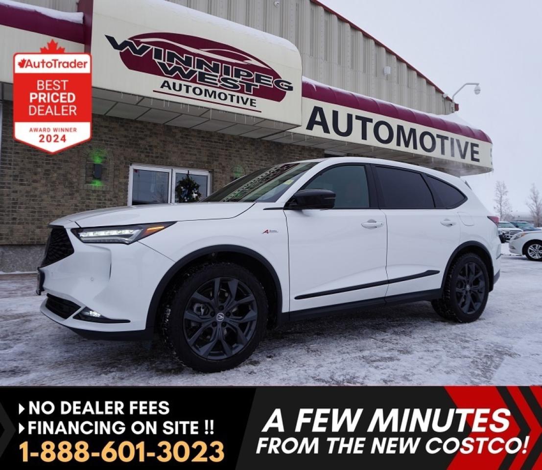 *** Dealer arranged financing on site! Quick, Simple,  no calls or waiting on bank appointments required!! Drive away today ***   NO ADMINISTRATION FEES!! 3

 MUST BE SEEN, ** AS NEW!! **   Absolutely spotless  2024 ACURA MDX SH-AWD A-SPEC Platinum White Pearl | Red & Black Ultrasuede Interior | Only 25,000 km | Accident-Free | One Owner LOCAL MANITOBA CAR AND AN AMAZING DEAL ON A HARD-TO-FIND SUV!! 

 
WOW, JUST IN, LOCAL MANITOBA TRADE, VERY LOW KMS AND WHAT A STUNNING CAR IN PLATINUM PEARL OVER STRIKING RED AND BLACK ULTRASUEDE INTERIOR, COMPLETELY STUNNING LUXURY SUV!!! If youve been searching for a luxury 3-row SUV that turns heads everywhere it goes and delivers thrilling performance with year-round confidence, your search ends here. This A-Spec Edition MDX is the ultimate blend of sporty styling, premium comfort, and cutting-edge technology  all wrapped in Acuras legendary reliability. SAVE BIG ON THIS BEAUTY AT OVER $75,000 NEW!  Save huge dollars for this "as new" Luxury SUV. 

PERFORMANCE & HANDLING THAT EXCITES
- Robust 3.5L V6 i-VTEC engine producing 290 HP & 267 lb-ft torque
- Advanced 10-speed automatic transmission with paddle shifters
- Legendary Super Handling All-Wheel Drive (SH-AWD) for maximum control and confidence in all road conditions
- Multiple Integrated Drive Modes (Snow, Comfort, Normal, Sport, Individual)
- Tow up to 5,000 lbs with ease  perfect for family getaways or weekend toys

STUNNING A-SPEC EXTERIOR DESIGN
- Eye-catching Platinum White Pearl finish with black and dark chrome A-Spec accents
- Aggressive A-Spec body styling, exclusive front and rear fascia
- Distinctive 20-inch Shark Gray alloy wheels
- LED Jewel Eye headlights with Chicane DRLs and LED taillights
- Power-folding, heated, auto-dimming side mirrors with reverse tilt
- Panoramic moonroof for an open, airy cabin experience

SPORT-INSPIRED INTERIOR LUXURY
- Striking Red and Black Ultrasuede&reg; & Leather sport seats  ventilated and heated for year-round comfort
- 12-way power adjustable front seats with lumbar support
- Heated 2nd row seats and tri-zone climate control
- Flat-bottom A-Spec steering wheel with paddle shifters and red contrast stitching
- Ambient IconicDrive interior lighting
- Power tailgate with hands-free access
- Room for 7 passengers with versatile split-folding 2nd & 3rd rows

TECHNOLOGY & CONNECTIVITY AT YOUR FINGERTIPS
- 12.3 HD Acura True Touchpad Interface display
- Premium ELS Studio 3D&reg; 16-speaker sound system  concert-like audio quality
- Wireless Apple CarPlay&reg; & Android Auto
- Alexa Built-In + Wi-Fi Hotspot capability
- Wireless charging pad & multiple USB ports
- 12.3 Digital Drivers Display with Head-Up Display for at-a-glance info

SAFETY & DRIVER ASSISTANCE  ACURA WATCH SUITE
- Adaptive Cruise Control with Low-Speed Follow
- Collision Mitigation Braking System (CMBS&reg;)
- Lane Keeping Assist & Lane Departure Warning
- Road Departure Mitigation
- Blind Spot Information System & Rear Cross Traffic Monitor
- Traffic Jam Assist & Traffic Sign Recognition
- Surround View Camera System with front & rear parking sensors

Additional Highlights:
- One-owner, low km, dealer serviced
- Remote engine start & Smart Entry with Walk Away Auto Lock&reg;
- Electric parking brake with Brake Hold
- Idle Stop System & capless fueling
- Clean, non-smoker interior
- Balance of Acura factory warranty remaining

This stunning 2024 MDX A-Spec offers exceptional value compared to new  loaded with premium features, finished in a timeless color combination, and ready to impress.Dont miss your opportunity to an amazing deal on this local Stunning Luxury SUV for an amazing deal! Call us today or book your test drive online to experience the thrill and luxury of this 2024 Acura MDX A-Spec in Platinum White Pearl. Sporty. Confident. Uncompromising. This is more than an SUV its an Acura.

Comes with a Manitoba Safety Certification, and we have many Extended Powertrain warrantys available on your vehicle purchase up to 10-year coverage (on eligible vehicles see dealer for details). Financing on site with Zero down financing OAC. Trades accepted. View at Winnipeg West Automotive Group, 5195 Portage Ave. (only a couple of minutes past the new Costco) Dealer permit # 6007, Call now 1(888) 601-3023. This Car is located in Winnipeg Manitoba,  however we can have it shipped anywhere in North America relatively inexpensively.