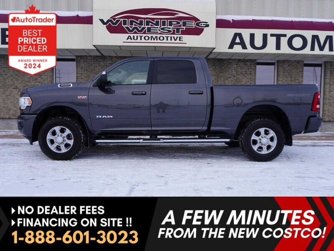 *** Dealer arranged financing on site! Quick, Simple,  no calls or waiting on bank appointments required!! Drive away today ***   NO ADMINISTRATION FEES!!

2022 RAM 3500 BIG HORN SPORT CREW CAB 4X4  6.4L HEMI | LEVEL C EQUIPMENT GROUP | SPORT APPEARANCE | LIKE NEW! RARE FIND  EXCEPTIONAL CONDITION LOW KMS & FULLY EQUIPPED WITH GREAT OPTIONS INCLUDING HEATED SEATS AND STEERING WHEEL! Dont miss out on this hard-to-find, exceptionally clean, 2022 RAM 3500 Big Horn Sport Crew Cab 4x4 finished in Granite Crystal Metallic over a Black premium cloth interior. This truck looks every bit as sharp as it performs  loaded with comfort, technology, and heavy-duty capability. Still like  new inside and out, this RAM 3500 is ready for work, play, or everyday driving with confidence and style.

POWER & PERFORMANCE

- 6.4L HEMI&reg; V8 Engine  410 HP / 429 lb-ft Torque
- 8-Speed Heavy-Duty Automatic Transmission
- Electronic Shift-on-the-Fly 4x4 Transfer Case
- Heavy-Duty Front & Rear Shock Absorbers
- Class V Hitch Receiver with 4- and 7-Pin Wiring Harnesses
- Tow Hooks and Factory Trailer Sway Control
- Trailer Light Check & Electronic Roll Mitigation
- Engine Block Heater for cold-weather reliability
- Built tough to handle any load, tow, or terrain  this Big Horn combines strength with refinement and the smooth, powerful performance RAM is known for.

SPORT APPEARANCE PACKAGE

- Body-color bumpers, grille, and exterior accents
- Black interior trim accents
- Sport decal
- Distinctive, bold stance  a modern, clean look that sets it apart from the rest

LEVEL C EQUIPMENT GROUP  PREMIUM FEATURES

- Loaded with luxury and convenience features:
- Heated Front Seats & Heated Steering Wheel
- Power 8-Way Driver Seat with 2-Way Lumbar Adjust
- Dual-Zone Automatic Climate Control
- 7-inch Full-Color Customizable In-Cluster Display
- 115-Volt Power Outlets (Front, Rear, & Exterior)
- 400-Watt Inverter
- Power Adjustable Pedals
- Park-Sense Front & Rear Park Assist System
- Rear Power Sliding Window
- Rear Defroster
- Universal Garage Door Opener
- LED Taillamps & Fog Lamps
- Dampened Tailgate
- Security Alarm
- Second-Row In-Floor Storage Bins & 60/40 Split-Folding Rear Bench

This package transforms the Big Horn into a near-Laramie-level interior, making it comfortable and versatile for both daily driving and long hauls.

TECHNOLOGY & CONNECTIVITY

- Uconnect 5 NAV with 8.4 Touchscreen Display 
- GPS Navigation / Alexa Built-In / Off-Road Info Pages
- SiriusXM 360L with On-Demand Content & 1-Year Subscription
- Apple CarPlay & Android Auto Compatible
- Bluetooth Hands-Free Audio & Phone
- 4G LTE Wi-Fi Hotspot
- Remote Start System & Keyless Push-Button Start
- ParkView Rear Backup Camera
- Media Hub with Multiple USB & AUX Inputs

ADDITIONAL OPTIONS & UPGRADES

- Bright Flat Wheel-to-Wheel Side Steps
- LT275/70R18E On/Off-Road Tires
- Mopar DOT-Certified Roadside Safety Kit
- Granite Crystal Metallic Paint 

 SAFETY & SECURITY

- Advanced Multistage Front Airbags
- Supplemental Side, Curtain & Seat-Mounted Airbags
- Hill Start Assist
- Ready Alert Braking
- Brake Assist
- Electronic Stability Control & Traction Control
- Tire Pressure Information System with Selectable Fill Alert
- Sentry Key&reg; Theft Deterrent System


This 2022 RAM 3500 Big Horn Sport 4x4 has been meticulously maintained, with very low kilometers and a clean, accident-free Western Canadian history. Its as close to new as you will find  powerful, sharp-looking, and loaded with premium features. Whether youre hauling, towing, or cruising, this truck delivers best-in-class durability and comfort.DO NOT WAIT THIS TRUCK WONT LAST LONG AT OVER $80,000 TO REPLACE TODAY THIS IS A GREAT DEAL FOR A VERY CLEAN TRUCK!!


Comes with a Manitoba Safety Certification, and we have many Extended Powertrain warrantys available on your vehicle purchase up to 10-year coverage (on eligible vehicles see dealer for details). Financing on site with Zero down financing OAC. Trades accepted. View at Winnipeg West Automotive Group, 5195 Portage Ave. (only a couple of minutes past the new Costco) Dealer permit # 6007, Call now 1(888) 601-3023. This Car is located in Winnipeg Manitoba,  however we can have it shipped anywhere in North America relatively inexpensively.