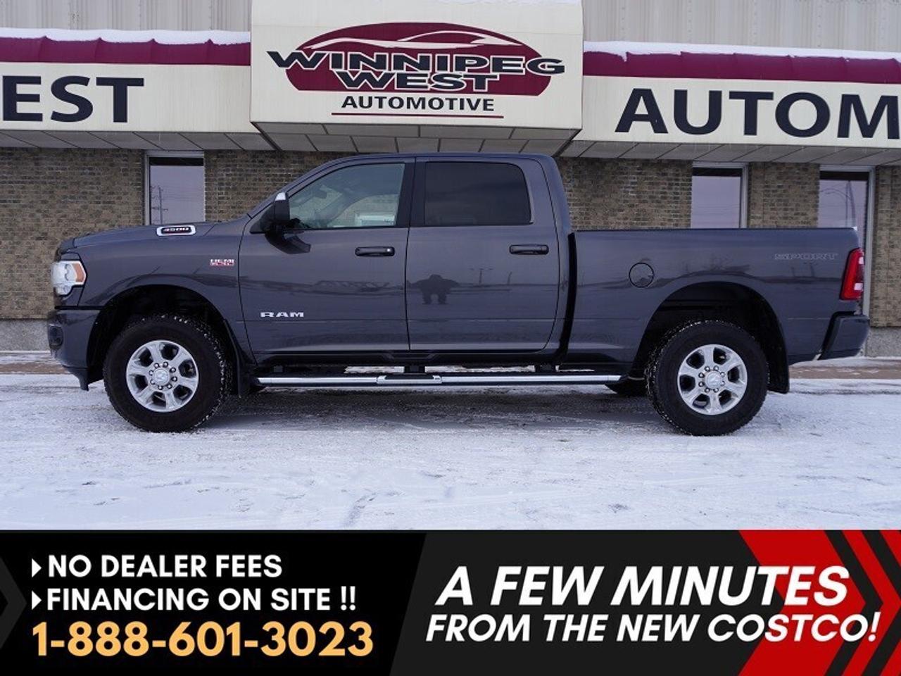 *** Dealer arranged financing on site! Quick, Simple,  no calls or waiting on bank appointments required!! Drive away today ***   NO ADMINISTRATION FEES!!

2022 RAM 3500 BIG HORN SPORT CREW CAB 4X4  6.4L HEMI | LEVEL C EQUIPMENT GROUP | SPORT APPEARANCE | LIKE NEW! RARE FIND  EXCEPTIONAL CONDITION LOW KMS & FULLY EQUIPPED WITH GREAT OPTIONS INCLUDING HEATED SEATS AND STEERING WHEEL! Dont miss out on this hard-to-find, exceptionally clean, 2022 RAM 3500 Big Horn Sport Crew Cab 4x4 finished in Granite Crystal Metallic over a Black premium cloth interior. This truck looks every bit as sharp as it performs  loaded with comfort, technology, and heavy-duty capability. Still like  new inside and out, this RAM 3500 is ready for work, play, or everyday driving with confidence and style.

POWER & PERFORMANCE

- 6.4L HEMI&reg; V8 Engine  410 HP / 429 lb-ft Torque
- 8-Speed Heavy-Duty Automatic Transmission
- Electronic Shift-on-the-Fly 4x4 Transfer Case
- Heavy-Duty Front & Rear Shock Absorbers
- Class V Hitch Receiver with 4- and 7-Pin Wiring Harnesses
- Tow Hooks and Factory Trailer Sway Control
- Trailer Light Check & Electronic Roll Mitigation
- Engine Block Heater for cold-weather reliability
- Built tough to handle any load, tow, or terrain  this Big Horn combines strength with refinement and the smooth, powerful performance RAM is known for.

SPORT APPEARANCE PACKAGE

- Body-color bumpers, grille, and exterior accents
- Black interior trim accents
- Sport decal
- Distinctive, bold stance  a modern, clean look that sets it apart from the rest

LEVEL C EQUIPMENT GROUP  PREMIUM FEATURES

- Loaded with luxury and convenience features:
- Heated Front Seats & Heated Steering Wheel
- Power 8-Way Driver Seat with 2-Way Lumbar Adjust
- Dual-Zone Automatic Climate Control
- 7-inch Full-Color Customizable In-Cluster Display
- 115-Volt Power Outlets (Front, Rear, & Exterior)
- 400-Watt Inverter
- Power Adjustable Pedals
- Park-Sense Front & Rear Park Assist System
- Rear Power Sliding Window
- Rear Defroster
- Universal Garage Door Opener
- LED Taillamps & Fog Lamps
- Dampened Tailgate
- Security Alarm
- Second-Row In-Floor Storage Bins & 60/40 Split-Folding Rear Bench

This package transforms the Big Horn into a near-Laramie-level interior, making it comfortable and versatile for both daily driving and long hauls.

TECHNOLOGY & CONNECTIVITY

- Uconnect 5 NAV with 8.4 Touchscreen Display 
- GPS Navigation / Alexa Built-In / Off-Road Info Pages
- SiriusXM 360L with On-Demand Content & 1-Year Subscription
- Apple CarPlay & Android Auto Compatible
- Bluetooth Hands-Free Audio & Phone
- 4G LTE Wi-Fi Hotspot
- Remote Start System & Keyless Push-Button Start
- ParkView Rear Backup Camera
- Media Hub with Multiple USB & AUX Inputs

ADDITIONAL OPTIONS & UPGRADES

- Bright Flat Wheel-to-Wheel Side Steps
- LT275/70R18E On/Off-Road Tires
- Mopar DOT-Certified Roadside Safety Kit
- Granite Crystal Metallic Paint 

 SAFETY & SECURITY

- Advanced Multistage Front Airbags
- Supplemental Side, Curtain & Seat-Mounted Airbags
- Hill Start Assist
- Ready Alert Braking
- Brake Assist
- Electronic Stability Control & Traction Control
- Tire Pressure Information System with Selectable Fill Alert
- Sentry Key&reg; Theft Deterrent System


This 2022 RAM 3500 Big Horn Sport 4x4 has been meticulously maintained, with very low kilometers and a clean, accident-free Western Canadian history. Its as close to new as you will find  powerful, sharp-looking, and loaded with premium features. Whether youre hauling, towing, or cruising, this truck delivers best-in-class durability and comfort.DO NOT WAIT THIS TRUCK WONT LAST LONG AT OVER $80,000 TO REPLACE TODAY THIS IS A GREAT DEAL FOR A VERY CLEAN TRUCK!!


Comes with a Manitoba Safety Certification, and we have many Extended Powertrain warranties available on your vehicle purchase up to 10-year coverage (on eligible vehicles see dealer for details). Financing on site with Zero down financing OAC. Trades accepted. View at Winnipeg West Automotive Group, 5195 Portage Ave. (only a couple of minutes past the new Costco) Dealer permit # 6007, Call now 1(888) 601-3023. This Car is located in Winnipeg Manitoba,  however we can have it shipped anywhere in North America relatively inexpensively.