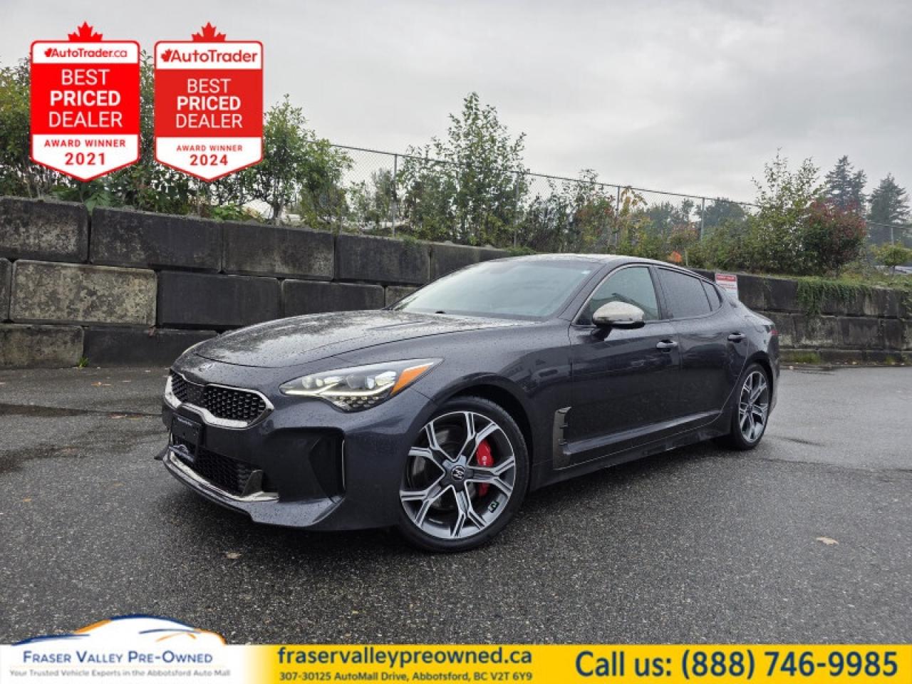 Low Mileage!
 
 Fraser Valley Pre-Owned is thrilled to present this 2018 Kia Stinger GT Limited AWD  a powerhouse performance sedan that still feels like a dream drive. With only 55,376 km, this car has been preserved beautifully. You can see how much pride the previous owner took in it  its been serviced carefully and consistently, detailed often, and shows far beyond what the odometer suggests.
 
It wears its history lightly: a minor glass claim (new windshield) and one small cosmetic touch (no $ damage claim)  details that dont distract from how extraordinary this car is. Its super loaded, super sharp, and stands out in every way.
 
Finished in Thunder Grey Metallic with black leather interior, this Stinger is more than just a looker  its a performance statement. Equipped with the 3.3L twin-turbo V6 engine producing 365 hp and paired with an 8-speed automatic transmission, it delivers exhilarating thrust and sporty character.
 
Highlights include:
All-Wheel Drive (AWD)  grip and balance in every season
3.3L Twin-Turbo V6  thrilling power with refined control
Sport Suspension  tuned for precision and comfort
Panoramic Moonroof  open up the drive and the sky
Heads-Up Display  key info right where you need it
360° Camera with Parking Assist  full visibility, easy maneuvering
Heated & Cooled Front Seats + Heated Steering Wheel  year-round comfort
Adaptive Cruise Control  smooth, effortless long drives
Apple CarPlay & Android Auto + Navigation  total connectivity
Bose Premium Audio System  crisp, immersive sound
Upgraded 19 Multi-Spoke GT Wheels with Red Sport Calipers  aggressive style, confident braking
Blind Spot Detection, Lane Keep Assist, Collision Mitigation  safety thats always one step ahead
 
This Stinger GT Limited isnt just another sporty sedan  its that rare mix of heart, luxury, and usability. The AWD system, twin-turbo engine, and top-tier tech make every drive feel special.
 
Its in stock, freshly inspected, and ready for immediate test drive and delivery. This is one of those cars that reminds you why you love driving in the first place.
 

 
 
To apply right now for financing use this link : https://www.fraservalleypreowned.ca/abbotsford-car-loan-application-british-columbia
 
 

| Our Quality Guarantee: We maintain the highest standard of quality that is required for a Pre-Owned Dealership to operate in an Auto Mall. We provide an independent 360-degree inspection report through licensed 3rd Party mechanic shops. Thus, our customers can rest assured each vehicle will be a reliable, and responsible purchase.  |  Purchase Disclaimer: Your selected vehicle may have a differing finance and cash prices. When viewing our vehicles on third party  marketplaces, please click over to our website to verify the correct price for the vehicle. The Sale Price on third party websites will always reflect the Finance Price of our vehicles. If you are making a Cash Purchase, please refer to our website for the Cash Price of the vehicle.  | All prices are subject to and do not include, a $995 Finance Fee, a $995 Document Fee, and a $150 GPS Lot Security fee.   These fees as well as taxes, are included in all listed listed payment quotes. Please speak with Dealer for full details and exact numbers.  o~o