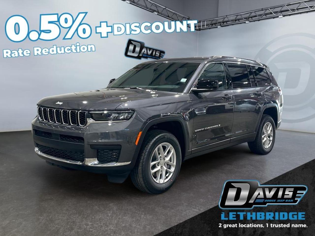 <b>Heated Seats, Heated Steering Wheel, Apple CarPlay and Android Auto, Adaptive Cruise Control, Blind Spot Detection!<br /> <br /></b><br /> <br /> <br />The 2025 Jeep Grand Cherokee L Laredo 4x4 in Baltic Grey Metallic delivers strong capability and everyday comfort powered by a 3.6L Pentastar VVT V6 engine with ESS and an 8-speed automatic transmission. Its 4x4 system provides confident traction in all weather, making it ideal for family driving, winter conditions, and weekend adventures.<br /><br />Inside, the spacious Global Black interior features durable cloth seats, front heated seats, a heated steering wheel, and tri-zone automatic climate control for year-round comfort. Technology includes a 10.25-inch digital gauge cluster, Uconnect 5 with an 8.4-inch touchscreen, hands-free communication, 4G LTE Wi-Fi hotspot, and a full media hub. With second-row easy-entry bucket seats and a third-row 50/50 split-folding bench, the Grand Cherokee L provides practical three-row versatility.<br /><br />Safety and driver-assist systems include Adaptive Cruise Control with Stop & Go, Full-Speed Forward Collision Warning Plus, Pedestrian/Cyclist Emergency Braking, Active Lane Management, Blind-Spot Monitoring, Rear Cross-Path Detection, ParkView rear camera, and Park-Sense rear park assist. Combined with Jeeps proven capability, refined interior, and advanced safety features, this 2025 Grand Cherokee L Laredo 4x4 is a dependable, family-ready SUV.<br /> <br />To apply right now for financing use this link: <a href=https://lethbridge.davisdodge.ca/free-credit-check/ target=_blank rel=nofollow noopener noreferrer>https://lethbridge.davisdodge.ca/free-credit-check/</a><br /><br /> <br /><br />As a premier Chrysler, Dodge, Jeep and RAM dealership, Davis Dodge proudly offers an extensive selection of new and used vehicles to meet every drivers needs. Customers across Lethbridge, Fort Macleod, Taber, Claresholm, Coaldale, and beyond trust us for daily vehicle specials, certified service and parts, and a seamless online inventory experience. <br /><br /> With competitive financing options and expert support, we make car buying easy and enjoyable. <br /><br /> Ready to hit the road? Schedule your test drive today at Davis Dodge, your trusted Chrysler, Dodge, Jeep and RAM dealer in Lethbridge, Alberta.<br /><br /> Vehicle pricing offer shown expires 2026-03-31. <br /> Come by and check out our fleet of 60+ used cars and trucks and 120+ new cars and trucks for sale in Lethbridge. o~o