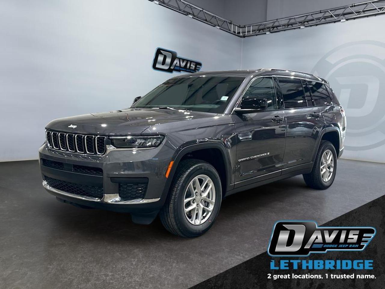 <b>Heated Seats, Heated Steering Wheel, Apple CarPlay and Android Auto, Adaptive Cruise Control, Blind Spot Detection!<br /> <br /></b><br /> <br /> <br />The 2025 Jeep Grand Cherokee L Laredo 4x4 in Baltic Grey Metallic delivers strong capability and everyday comfort powered by a 3.6L Pentastar VVT V6 engine with ESS and an 8-speed automatic transmission. Its 4x4 system provides confident traction in all weather, making it ideal for family driving, winter conditions, and weekend adventures.<br /><br />Inside, the spacious Global Black interior features durable cloth seats, front heated seats, a heated steering wheel, and tri-zone automatic climate control for year-round comfort. Technology includes a 10.25-inch digital gauge cluster, Uconnect 5 with an 8.4-inch touchscreen, hands-free communication, 4G LTE Wi-Fi hotspot, and a full media hub. With second-row easy-entry bucket seats and a third-row 50/50 split-folding bench, the Grand Cherokee L provides practical three-row versatility.<br /><br />Safety and driver-assist systems include Adaptive Cruise Control with Stop & Go, Full-Speed Forward Collision Warning Plus, Pedestrian/Cyclist Emergency Braking, Active Lane Management, Blind-Spot Monitoring, Rear Cross-Path Detection, ParkView rear camera, and Park-Sense rear park assist. Combined with Jeeps proven capability, refined interior, and advanced safety features, this 2025 Grand Cherokee L Laredo 4x4 is a dependable, family-ready SUV.<br /> <br />To apply right now for financing use this link: <a href=https://lethbridge.davisdodge.ca/free-credit-check/ target=_blank rel=nofollow noopener noreferrer>https://lethbridge.davisdodge.ca/free-credit-check/</a><br /><br /> <br /><br />As a premier Chrysler, Dodge, Jeep and RAM dealership, Davis Dodge proudly offers an extensive selection of new and used vehicles to meet every drivers needs. Customers across Lethbridge, Fort Macleod, Taber, Claresholm, Coaldale, and beyond trust us for daily vehicle specials, certified service and parts, and a seamless online inventory experience. <br /><br /> With competitive financing options and expert support, we make car buying easy and enjoyable. <br /><br /> Ready to hit the road? Schedule your test drive today at Davis Dodge, your trusted Chrysler, Dodge, Jeep and RAM dealer in Lethbridge, Alberta.<br /><br /> Vehicle pricing offer shown expires 2026-04-30. <br /> Come by and check out our fleet of 70+ used cars and trucks and 110+ new cars and trucks for sale in Lethbridge. o~o