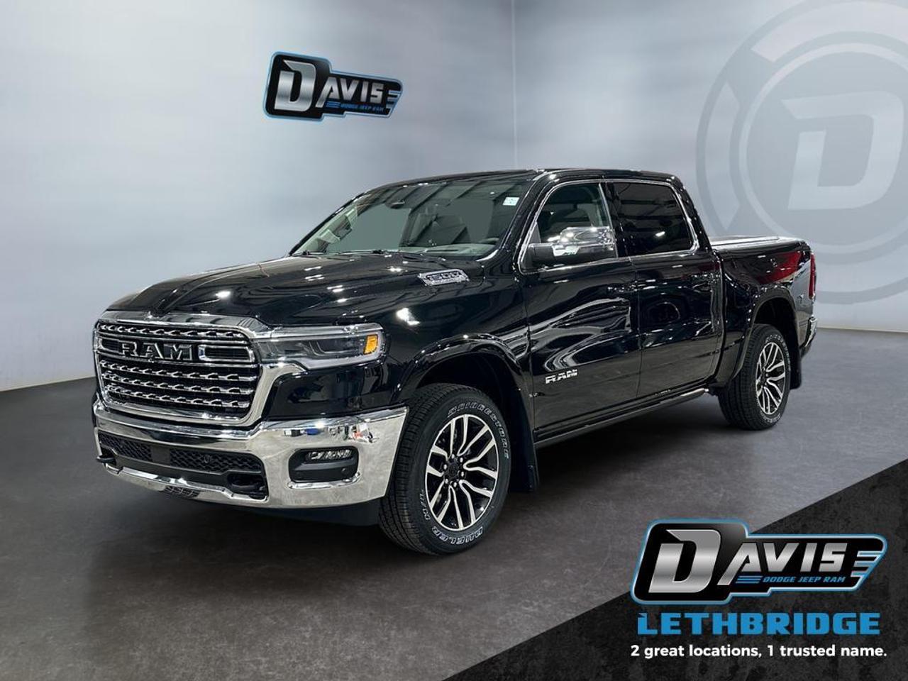 <b>Power Tailgate, Power Running Boards, 19 Speaker Harman/Kardon Premium Audio, RAMBox, Cooled Seats!<br /> <br /></b><br /> <br /> <br />The 2026 Ram 1500 Limited Longhorn in Diamond Black Crystal blends rugged capability with premium Western-inspired luxury. This 4x4 Crew Cab features a 3.0L I6 Hurricane HO Twin-Turbo engine paired with an 8-speed automatic transmission, delivering exceptional towing, hauling, and off-road performance, enhanced by air suspension, Class IV receiver hitch, tow hooks, heavy-duty shocks, and Mopar spray-in bedliner.<br /><br />Step inside to enjoy premium leather Longhorn seats with filigree stitching, ventilated and heated front and rear seats, power-adjustable 8-way seats with memory, full-length premium floor console, heated steering wheel, and active noise control. Advanced technology includes a Uconnect 5 NAV 14.4 touchscreen, Apple CarPlay, Android Auto, GPS navigation, 19-speaker Harman Kardon audio, head-up display, dual wireless charging, panoramic dual-pane sunroof, and rear passenger interactive display.<br /><br />Safety is top-tier with Adaptive Cruise Control with Stop & Go, Blind Spot & Cross Path Detection, Active Lane Management, Pedestrian Emergency Braking, Full-Speed Forward Collision Warning, Traffic Sign Recognition, Intersection Collision Assist, Evasive Steering Assist, and ParkSense Front/Rear Park Assist. Exterior enhancements include chrome grille and Longhorn badges, LED lighting, body-color bumpers, power-deployable running boards, dual rear exhaust with bright tips, and RAMBox Cargo Management.<br /> <br />To apply right now for financing use this link: <a href=https://lethbridge.davisdodge.ca/free-credit-check/ target=_blank rel=nofollow noopener noreferrer>https://lethbridge.davisdodge.ca/free-credit-check/</a><br /><br /> <br /><br />As a premier Chrysler, Dodge, Jeep and RAM dealership, Davis Dodge proudly offers an extensive selection of new and used vehicles to meet every drivers needs. Customers across Lethbridge, Fort Macleod, Taber, Claresholm, Coaldale, and beyond trust us for daily vehicle specials, certified service and parts, and a seamless online inventory experience. <br /><br /> With competitive financing options and expert support, we make car buying easy and enjoyable. <br /><br /> Ready to hit the road? Schedule your test drive today at Davis Dodge, your trusted Chrysler, Dodge, Jeep and RAM dealer in Lethbridge, Alberta.<br /><br /> Vehicle pricing offer shown expires 2026-04-30. <br /> Come by and check out our fleet of 70+ used cars and trucks and 110+ new cars and trucks for sale in Lethbridge. o~o