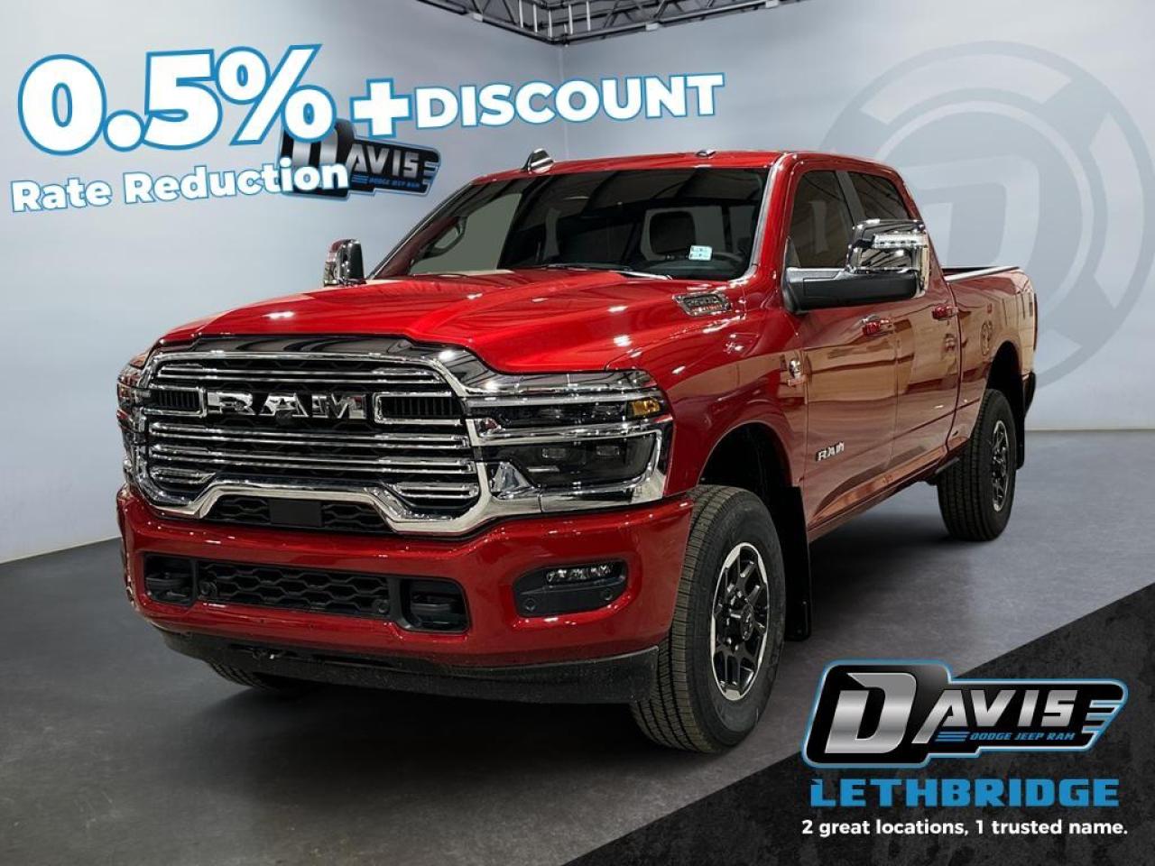 <b>Remote Start, Power Folding Mirrors, Navigation, Blind Spot Detection, Remote Start, Heated Steering Wheel!<br /> <br /></b><br /> <br /> <br />The 2026 Ram 2500 Laramie Crew Cab 4x4 delivers exceptional heavy-duty capability with its 6.7L Cummins High-Output Turbo Diesel engine, 8-speed TorqueFlite HD automatic, anti-spin rear differential, heavy-duty suspension, Tow Package, trailer brake controller, and 5th-wheel/gooseneck prep for maximum towing confidence. Molten Red Pearl Coat with chrome accents, LED projector headlamps, LED fog lamps, and 18" Diamond-Cut aluminum wheels give this Laramie a commanding, premium look on every road.<br /><br />Inside, the cabin blends strength with luxury through leather-trimmed heated and ventilated front seats, heated steering wheel, dual-zone climate control, power 8-way driver and passenger seats with memory, folding rear bench, and extensive storage including in-floor bins, under-seat compartments, and a locking lower glove box. Convenience features like remote start, power-folding tow mirrors, auto-dimming mirrors, and a dampened tailgate elevate everyday usability.<br /><br />Technology and safety come fully loaded with Uconnect 5 NAV on a 12" touchscreen, Apple CarPlay, Android Auto, Alexa Built-In, Wi-Fi hotspot, Alpine audio with subwoofer, off-road and tow pages, rain-sensing wipers, adaptive cruise control, blind-spot monitoring, ParkSense front/rear assist, forward collision warning, LED hitch lighting, and a 360-degree suite of trailer support tools. This 2026 Ram 2500 Laramie offers premium comfort, advanced tech, and diesel-driven capability built to handle any job.<br /> <br />To apply right now for financing use this link: <a href=https://lethbridge.davisdodge.ca/free-credit-check/ target=_blank rel=nofollow noopener noreferrer>https://lethbridge.davisdodge.ca/free-credit-check/</a><br /><br /> <br /><br />As a premier Chrysler, Dodge, Jeep and RAM dealership, Davis Dodge proudly offers an extensive selection of new and used vehicles to meet every drivers needs. Customers across Lethbridge, Fort Macleod, Taber, Claresholm, Coaldale, and beyond trust us for daily vehicle specials, certified service and parts, and a seamless online inventory experience. <br /><br /> With competitive financing options and expert support, we make car buying easy and enjoyable. <br /><br /> Ready to hit the road? Schedule your test drive today at Davis Dodge, your trusted Chrysler, Dodge, Jeep and RAM dealer in Lethbridge, Alberta.<br /><br /> Vehicle pricing offer shown expires 2026-03-31. <br /> Come by and check out our fleet of 60+ used cars and trucks and 120+ new cars and trucks for sale in Lethbridge. o~o