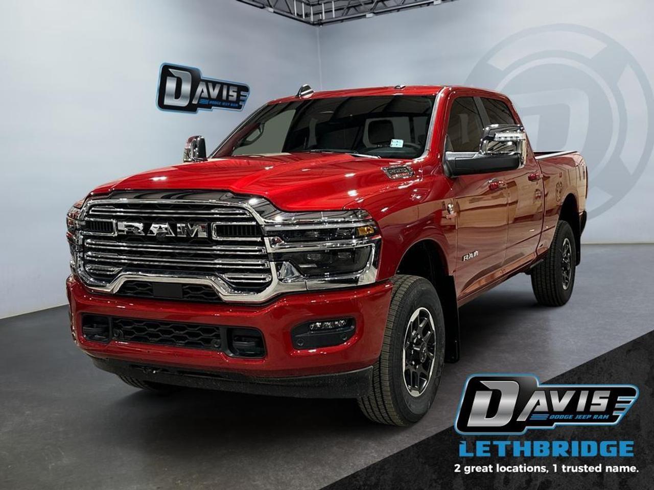 <b>Remote Start, Power Folding Mirrors, Navigation, Blind Spot Detection, Remote Start, Heated Steering Wheel!<br /> <br /></b><br /> <br /> <br />The 2026 Ram 2500 Laramie Crew Cab 4x4 delivers exceptional heavy-duty capability with its 6.7L Cummins High-Output Turbo Diesel engine, 8-speed TorqueFlite HD automatic, anti-spin rear differential, heavy-duty suspension, Tow Package, trailer brake controller, and 5th-wheel/gooseneck prep for maximum towing confidence. Molten Red Pearl Coat with chrome accents, LED projector headlamps, LED fog lamps, and 18" Diamond-Cut aluminum wheels give this Laramie a commanding, premium look on every road.<br /><br />Inside, the cabin blends strength with luxury through leather-trimmed heated and ventilated front seats, heated steering wheel, dual-zone climate control, power 8-way driver and passenger seats with memory, folding rear bench, and extensive storage including in-floor bins, under-seat compartments, and a locking lower glove box. Convenience features like remote start, power-folding tow mirrors, auto-dimming mirrors, and a dampened tailgate elevate everyday usability.<br /><br />Technology and safety come fully loaded with Uconnect 5 NAV on a 12" touchscreen, Apple CarPlay, Android Auto, Alexa Built-In, Wi-Fi hotspot, Alpine audio with subwoofer, off-road and tow pages, rain-sensing wipers, adaptive cruise control, blind-spot monitoring, ParkSense front/rear assist, forward collision warning, LED hitch lighting, and a 360-degree suite of trailer support tools. This 2026 Ram 2500 Laramie offers premium comfort, advanced tech, and diesel-driven capability built to handle any job.<br /> <br />To apply right now for financing use this link: <a href=https://lethbridge.davisdodge.ca/free-credit-check/ target=_blank rel=nofollow noopener noreferrer>https://lethbridge.davisdodge.ca/free-credit-check/</a><br /><br /> <br /><br />As a premier Chrysler, Dodge, Jeep and RAM dealership, Davis Dodge proudly offers an extensive selection of new and used vehicles to meet every drivers needs. Customers across Lethbridge, Fort Macleod, Taber, Claresholm, Coaldale, and beyond trust us for daily vehicle specials, certified service and parts, and a seamless online inventory experience. <br /><br /> With competitive financing options and expert support, we make car buying easy and enjoyable. <br /><br /> Ready to hit the road? Schedule your test drive today at Davis Dodge, your trusted Chrysler, Dodge, Jeep and RAM dealer in Lethbridge, Alberta.<br /><br /> Vehicle pricing offer shown expires 2026-04-30. <br /> Come by and check out our fleet of 60+ used cars and trucks and 110+ new cars and trucks for sale in Lethbridge. o~o