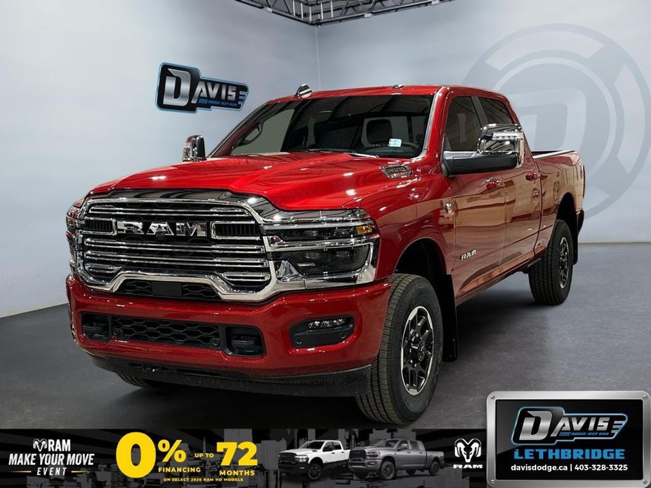 <b>Remote Start, Power Folding Mirrors, Navigation, Blind Spot Detection, Remote Start, Heated Steering Wheel!<br /> <br /></b><br /> The 2026 Ram 2500 Laramie Crew Cab 4x4 delivers exceptional heavy-duty capability with its 6.7L Cummins High-Output Turbo Diesel engine, 8-speed TorqueFlite HD automatic, anti-spin rear differential, heavy-duty suspension, Tow Package, trailer brake controller, and 5th-wheel/gooseneck prep for maximum towing confidence. Molten Red Pearl Coat with chrome accents, LED projector headlamps, LED fog lamps, and 18" Diamond-Cut aluminum wheels give this Laramie a commanding, premium look on every road.<br /><br />Inside, the cabin blends strength with luxury through leather-trimmed heated and ventilated front seats, heated steering wheel, dual-zone climate control, power 8-way driver and passenger seats with memory, folding rear bench, and extensive storage including in-floor bins, under-seat compartments, and a locking lower glove box. Convenience features like remote start, power-folding tow mirrors, auto-dimming mirrors, and a dampened tailgate elevate everyday usability.<br /><br />Technology and safety come fully loaded with Uconnect 5 NAV on a 12" touchscreen, Apple CarPlay, Android Auto, Alexa Built-In, Wi-Fi hotspot, Alpine audio with subwoofer, off-road and tow pages, rain-sensing wipers, adaptive cruise control, blind-spot monitoring, ParkSense front/rear assist, forward collision warning, LED hitch lighting, and a 360-degree suite of trailer support tools. This 2026 Ram 2500 Laramie offers premium comfort, advanced tech, and diesel-driven capability built to handle any job.<br /> <br />To apply right now for financing use this link: <a href=https://lethbridge.davisdodge.ca/free-credit-check/ target=_blank rel=nofollow noopener noreferrer>https://lethbridge.davisdodge.ca/free-credit-check/</a><br /> <br /><br />As a premier Chrysler, Dodge, Jeep and RAM dealership, Davis Dodge proudly offers an extensive selection of new and used vehicles to meet every drivers needs. Customers across Lethbridge, Fort Macleod, Taber, Claresholm, Coaldale, and beyond trust us for daily vehicle specials, certified service and parts, and a seamless online inventory experience. <br /><br /> With competitive financing options and expert support, we make car buying easy and enjoyable. <br /><br /> Ready to hit the road? Schedule your test drive today at Davis Dodge, your trusted Chrysler, Dodge, Jeep and RAM dealer in Lethbridge, Alberta.<br /><br /> Vehicle pricing offer shown expires 2026-06-30. <br /> Come by and check out our fleet of 60+ used cars and trucks and 100+ new cars and trucks for sale in Lethbridge. o~o