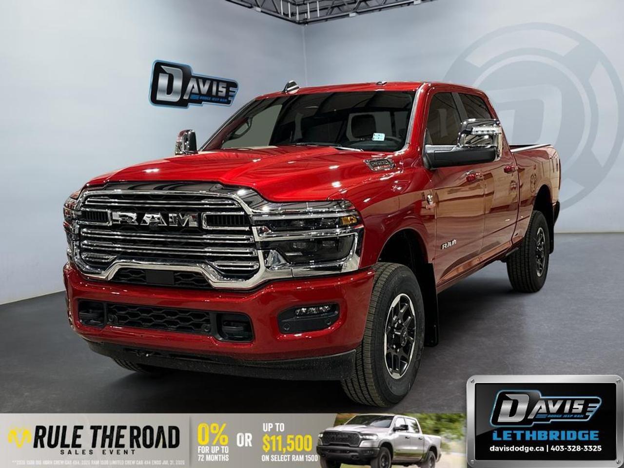 <b>Remote Start, Power Folding Mirrors, Navigation, Blind Spot Detection, Remote Start, Heated Steering Wheel!<br /> <br /></b><br /> The 2026 Ram 2500 Laramie Crew Cab 4x4 delivers exceptional heavy-duty capability with its 6.7L Cummins High-Output Turbo Diesel engine, 8-speed TorqueFlite HD automatic, anti-spin rear differential, heavy-duty suspension, Tow Package, trailer brake controller, and 5th-wheel/gooseneck prep for maximum towing confidence. Molten Red Pearl Coat with chrome accents, LED projector headlamps, LED fog lamps, and 18" Diamond-Cut aluminum wheels give this Laramie a commanding, premium look on every road.<br /><br />Inside, the cabin blends strength with luxury through leather-trimmed heated and ventilated front seats, heated steering wheel, dual-zone climate control, power 8-way driver and passenger seats with memory, folding rear bench, and extensive storage including in-floor bins, under-seat compartments, and a locking lower glove box. Convenience features like remote start, power-folding tow mirrors, auto-dimming mirrors, and a dampened tailgate elevate everyday usability.<br /><br />Technology and safety come fully loaded with Uconnect 5 NAV on a 12" touchscreen, Apple CarPlay, Android Auto, Alexa Built-In, Wi-Fi hotspot, Alpine audio with subwoofer, off-road and tow pages, rain-sensing wipers, adaptive cruise control, blind-spot monitoring, ParkSense front/rear assist, forward collision warning, LED hitch lighting, and a 360-degree suite of trailer support tools. This 2026 Ram 2500 Laramie offers premium comfort, advanced tech, and diesel-driven capability built to handle any job.<br /> <br />To apply right now for financing use this link: <a href=https://lethbridge.davisdodge.ca/free-credit-check/ target=_blank rel=nofollow noopener noreferrer>https://lethbridge.davisdodge.ca/free-credit-check/</a><br /> <br /><br />As a premier Chrysler, Dodge, Jeep and RAM dealership, Davis Dodge proudly offers an extensive selection of new and used vehicles to meet every drivers needs. Customers across Lethbridge, Fort Macleod, Taber, Claresholm, Coaldale, and beyond trust us for daily vehicle specials, certified service and parts, and a seamless online inventory experience. <br /><br /> With competitive financing options and expert support, we make car buying easy and enjoyable. <br /><br /> Ready to hit the road? Schedule your test drive today at Davis Dodge, your trusted Chrysler, Dodge, Jeep and RAM dealer in Lethbridge, Alberta.<br /><br /> Vehicle pricing offer shown expires 2026-07-31. <br /> Come by and check out our fleet of 50+ used cars and trucks and 110+ new cars and trucks for sale in Lethbridge. o~o