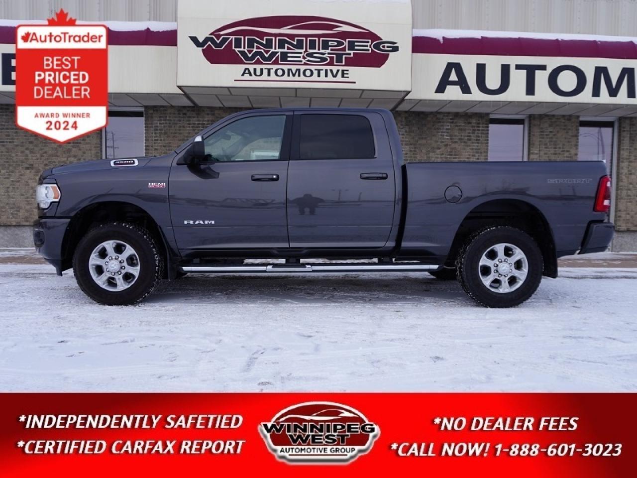 *** Dealer arranged financing on site! Quick, Simple,  no calls or waiting on bank appointments required!! Drive away today ***   NO ADMINISTRATION FEES!!

2022 RAM 3500 BIG HORN SPORT CREW CAB 4X4 6.4L HEMI | LEVEL C EQUIPMENT GROUP | SPORT APPEARANCE | LIKE NEW! RARE FIND  EXCEPTIONAL CONDITION LOW KMS & FULLY EQUIPPED WITH GREAT OPTIONS INCLUDING HEATED SEATS AND STEERING WHEEL! Dont miss out on this hard-to-find, exceptionally clean, 2022 RAM 3500 Big Horn Sport Crew Cab 4x4 finished in Granite Crystal Metallic over a Black premium cloth interior. This truck looks every bit as sharp as it performs  loaded with comfort, technology, and heavy-duty capability. Still like new inside and out, this RAM 3500 is ready for work, play, or everyday driving with confidence and style.

POWER & PERFORMANCE

- 6.4L HEMI&reg; V8 Engine  410 HP / 429 lb-ft Torque
- 8-Speed Heavy-Duty Automatic Transmission
- Electronic Shift-on-the-Fly 4x4 Transfer Case
- Heavy-Duty Front & Rear Shock Absorbers
- Class V Hitch Receiver with 4- and 7-Pin Wiring Harnesses
- Tow Hooks and Factory Trailer Sway Control
- Trailer Light Check & Electronic Roll Mitigation
- Engine Block Heater for cold-weather reliability
- Built tough to handle any load, tow, or terrain  this Big Horn combines strength with refinement and the smooth, powerful performance RAM is known for.

SPORT APPEARANCE PACKAGE

- Body-color bumpers, grille, and exterior accents
- Black interior trim accents
- Sport decal
- Distinctive, bold stance  a modern, clean look that sets it apart from the rest

LEVEL C EQUIPMENT GROUP  PREMIUM FEATURES

- Loaded with luxury and convenience features:
- Heated Front Seats & Heated Steering Wheel
- Power 8-Way Driver Seat with 2-Way Lumbar Adjust
- Dual-Zone Automatic Climate Control
- 7-inch Full-Color Customizable In-Cluster Display
- 115-Volt Power Outlets (Front, Rear, & Exterior)
- 400-Watt Inverter
- Power Adjustable Pedals
- Park-Sense Front & Rear Park Assist System
- Rear Power Sliding Window
- Rear Defroster
- Universal Garage Door Opener
- LED Taillamps & Fog Lamps
- Dampened Tailgate
- Security Alarm
- Second-Row In-Floor Storage Bins & 60/40 Split-Folding Rear Bench

This package transforms the Big Horn into a near-Laramie-level interior, making it comfortable and versatile for both daily driving and long hauls.

TECHNOLOGY & CONNECTIVITY

- Uconnect 5 NAV with 8.4 Touchscreen Display 
- GPS Navigation / Alexa Built-In / Off-Road Info Pages
- SiriusXM 360L with On-Demand Content & 1-Year Subscription
- Apple CarPlay & Android Auto Compatible
- Bluetooth Hands-Free Audio & Phone
- 4G LTE Wi-Fi Hotspot
- Remote Start System & Keyless Push-Button Start
- ParkView Rear Backup Camera
- Media Hub with Multiple USB & AUX Inputs

ADDITIONAL OPTIONS & UPGRADES

- Bright Flat Wheel-to-Wheel Side Steps
- LT275/70R18E On/Off-Road Tires
- Mopar DOT-Certified Roadside Safety Kit
- Granite Crystal Metallic Paint 

SAFETY & SECURITY

- Advanced Multistage Front Airbags
- Supplemental Side, Curtain & Seat-Mounted Airbags
- Hill Start Assist
- Ready Alert Braking
- Brake Assist
- Electronic Stability Control & Traction Control
- Tire Pressure Information System with Selectable Fill Alert
- Sentry Key&reg; Theft Deterrent System


This 2022 RAM 3500 Big Horn Sport 4x4 has been meticulously maintained, with very low kilometers and a clean, accident-free Western Canadian history. Its as close to new as you will find  powerful, sharp-looking, and loaded with premium features. Whether youre hauling, towing, or cruising, this truck delivers best-in-class durability and comfort. DO NOT WAIT THIS TRUCK WONT LAST LONG AT OVER $80,000 TO REPLACE TODAY THIS IS A GREAT DEAL FOR A VERY CLEAN TRUCK!!

Comes with a Manitoba Safety Certification, and we have many Extended Powertrain warrantys available on your vehicle purchase up to 10-year coverage (on eligible vehicles see dealer for details). Financing on site with Zero down financing OAC. Trades accepted. View at Winnipeg West Automotive Group, 5195 Portage Ave. (only a couple of minutes past the new Costco) Dealer permit # 6007, Call now 1(888) 601-3023. This Car is located in Winnipeg Manitoba,  however we can have it shipped anywhere in North America relatively inexpensively.