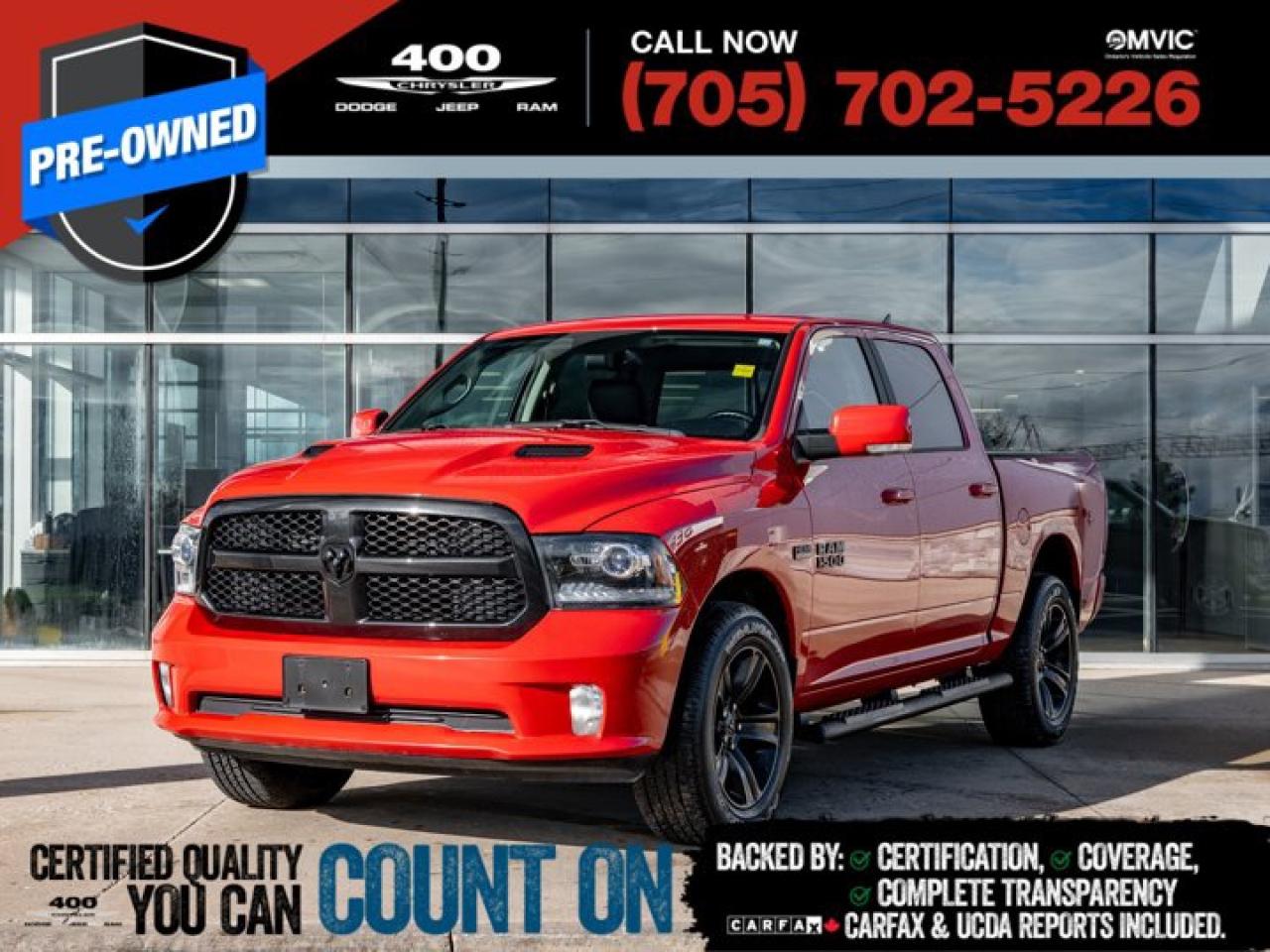 | ONE OWNER | HEATED SEATS | REMOTE START | NIGHT EDITION | ALPINE SOUND SYSTEM | Turn heads and take charge of the road in this 2018 Ram 1500 Sport Crew Cab 4x4 powered by the legendary 5.7L HEMI V8 engine. Built for performance and style, this truck delivers exceptional power, towing capability, and a smooth, confident ride. The Sport trim stands out with its body-colored bumpers, bold hood design, and aggressive stance, while the Crew Cab offers plenty of space and comfort for passengers. Inside, enjoy premium features like heated seats, a heated steering wheel, an 8.4-inch touchscreen with navigation and Bluetooth, and smart storage solutions. Whether youre cruising through the city or hauling on the highway, this Ram 1500 Sport blends muscle, modern tech, and unmistakable style ready for anything you throw its way.