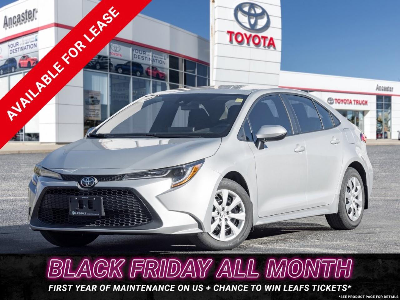 Experience everyday comfort and outstanding efficiency with the 2022 Toyota Corolla LE, a compact sedan that combines modern design, advanced technology, and Toyotas legendary reliability. Finished in a stylish Classic Silver Metallic paired with a comfortable Black cloth interior, this Corolla LE rides on 16-inch steel wheels with full wheel covers, offering a smooth and composed drive. Under the hood lies a 1.8L 4-cylinder engine paired with a Continuously Variable Transmission (CVT) and Front-Wheel Drive (FWD), delivering refined performance and impressive fuel efficiency. Step inside to find a thoughtfully designed cabin featuring premium cloth seats, automatic climate control, heated front seats, power windows and locks, 7-inch touchscreen display with AM/FM audio, Apple CarPlay(r), Android Auto(tm), bluetooth connectivity, backup camera, cruise control, front pedestrian detection, front collision mitigation, rear collision warning, ABS brakes, traction control, and so much more. Dont miss your chance to take home this 2022 Toyota Corolla LE! SCHEDULE A TEST DRIVE TODAY!With our No-Haggle, No-Hassle purchase experience you get peace of mind knowing our best price is upfront.1-Guaranteed Minimum 50% Remaining Tire Tread Life2-Guaranteed Minimum 50% Life Remaining on Brakes3-120 Point Safety Inspection4-Free Carfax Canada Vehicle History Report5-Complete Lube, Oil, & Filter Change6-Full Detailed Clean UpAncaster Toyota is the proud recipient of the latest, highest honour for Canadian Toyota Retailers, the Toyota Presidents Award for Excellence in Customer Satisfaction, Sales, and Service! We are serving Ancaster, Hamilton, Burlington, Dundas, Brantford, Stoney Creek, Grimsby, Oakville, Mississauga, Milton, Cambridge, Kitchener Waterloo, Cayuga, Caledonia, St. Catharines, Welland, Niagara and the entire GHA and GTA Finance Price Shown. The cash purchase price slightly exceeds the advertised finance price, as we receive incentives from banks when we finance vehicles, which we pass on to customers. Recognizing the high demand for vehicles, which can raise prices, we utilize these incentives to lower the finance purchase price. Dealer reserves the right to decline cash purchases (cash, bank draft, certified cheque, credit card payments in excess of $1,000) at its sole and exclusive discretion. For Finance and Lease purchases Dealer charges a $999 finance/lease fee. While every reasonable effort is made to ensure the accuracy of all information on this site, we are not responsible for any errors or omissions. Please verify any information in question with a dealership sales manager prior to purchase. See dealer for full details. Black Friday Offer Details: Offer valid November 130, 2025, on the purchase of eligible used vehicles at participating Leggat dealerships. First Year of Maintenance includes one (1) initial oil change and one (1) oil change + tire rotation service. Maximum value of $300. Offer must be claimed within one year of purchase date. Eligible purchases also receive one (1) entry into the Maple Leafs ticket giveaway. Conditions apply. See dealer for details.