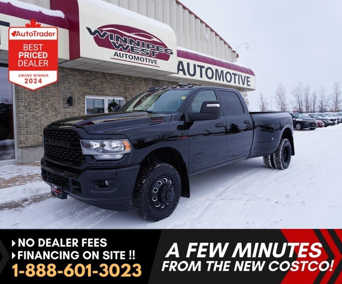 *** Dealer arranged financing on site! Quick, Simple,  no calls or waiting on bank appointments required!! Drive away today ***   NO ADMINISTRATION FEES!!
  

***VERY HARD TO FIND TRUCK! FULL BLACKOUT PACKAGE RAM 3500 WITH HIGH OUTPUT CUMMINS AND AISIN TRANSMISSION, STILL AS NEW WITH VERY LOW KMS**  

THE ULTIMATE HEAVY-DUTY TRUCK  WHERE POWER MEETS LUXURY! Introducing this stunning VERY LOW KMS 2024 RAM 3500 Big Horn Night Edition DUALLY! Stunning looking and has the Beast of an engine with the Cummins High Output matched to the Heavy Duty Aisin Transmission , making this the ULTIMATE pulling machine! It is the perfect blend of brute strength, precision engineering, and upscale comfort. This isnt just a truck its a statement. Built for those who demand uncompromising performance on the job site, effortless towing on the open road, and a first-class driving experience every single time.

Powered by the legendary 6.7L Cummins High Output Turbo Diesel engine paired with the ultra-reliable Aisin 6-speed heavy-duty automatic transmission, which means this truck has a MONSTROUS 420HP and 1075 ft lbs of torque, this truck delivers unmatched towing capability, at over an AMAZING 30,000lbs and the kind of durability that defines a true workhorse. With dual rear wheels and a Class V hitch, full factory fifth wheel and gooseneck prep package, THIS TRUCK CAN DO IT ALL, no load is too heavy and no terrain too challenging. From hauling trailers to conquering rural Manitoba roads, this 3500 makes every task effortless and its ready to go including a full set of BRAND NEW TIRES and a FRESH MANITOBA SAFETY!!

Exterior Excellence:

- Diamond Black Crystal Pearl paint gleams with sophistication and presence, turning heads wherever you go.
- Bold, aggressive Night Edition styling for a unique, commanding appearance.
- Heavy-duty rear fender and box marker lamps plus LED bed lighting for maximum visibility and safety.
- Deployable Mopar&reg; bed step and Factory spray-in bedliner for convenience and protection of your investment.

Interior Luxury & Comfort:

- Premium Black cloth Heated Bucket seats and full center console
- Heated steering wheel keeps you comfortable no matter the season.
- Remote start allows you to warm up your truck before stepping inside.
- Dual-zone automatic climate control ensures every passenger rides in comfort.
- Tilt steering column and 8-way power driver seat for perfect positioning on long hauls.
- Modern conveniences include 2 USB ports, auxiliary input, and a 3.5-inch in-cluster color display for easy monitoring of vehicle systems.

Technology & Connectivity:

- Uconnect&reg; 5 NAV with 12-inch touchscreen for navigation, entertainment, and intuitive control.
- Integrated Alexa, SiriusXM&reg; 360L, Apple CarPlay&reg;, and Android Auto keep you connected, informed, and entertained.
- 4G LTE Wi-Fi hotspot lets everyone stay online while on the move.

Safety & Control:

- ParkView&reg; rear camera and Park-Sense&reg; front and rear sensors make maneuvering effortless.
- Advanced electronic stability control, traction control, hill start assist, and brake assist keep you safe in every condition.
- Comprehensive airbag system, including multistage front airbags, supplemental side airbags, and side-curtain airbags.


Towing & Hauling Power:

- Legendary 6.7L Cummins High Output Turbo Diesel with MONSTROUS 420HP and 1075 ft lbs of torque
- Heavy Duty Aisin 6-Speed automatic Transmission
- Class V towing hitch, 4-pin and 7-pin wiring harnesses, trailer sway control, and electronic roll mitigation.
- Heavy-duty front and rear shock absorbers, dual rear wheels, and reinforced suspension make towing massive loads a breeze.
- 5th wheel/gooseneck prep and off-road info pages are perfect for serious haulers.

Extras That Make a Difference:

- Night Edition package for premium aesthetics and style including Grill, badges and more
- Night edition Blackout Alcoa Aluminum wheels wrapped with BRAND NEW tires just installed
- Bed Utility package with LED lighting and deployable step
- Heated seats and steering wheel for comfort in all seasons
- Level 1 Equipment Group for convenience, safety, and tech upgrades
- Premium Alpine&reg; 9-speaker audio system with subwoofer for crystal-clear sound on the road

Why Choose This RAM 3500 Big Horn Night Edition?

VERY LOW KMS! Spotless interior and you get to save THOUSANDS from New! This truck isnt just about numbers its about experience. From its rugged, ready-for-anything capability to its luxurious interior and advanced technology, its perfect for anyone who demands more from a truck. Whether youre towing trailers, hauling heavy equipment, or driving across Manitobas highways, this 3500 does it all with power, style, and comfort. Experience the ultimate in heavy-duty performance and premium features. Dont just drive a truck command the road, dominate the job site, and enjoy every journey in a vehicle built to perform, built to impress, and built to last.

Visit us today and see why this is the best-equipped RAM 3500 on the market. Fully loaded, meticulously maintained, and ready for action! 

Comes with a Manitoba Safety Certification, and we have many Extended Powertrain warrantys available on your vehicle purchase up to 10-year coverage (on eligible vehicles see dealer for details). Financing on site with Zero down financing OAC. Trades accepted. View at Winnipeg West Automotive Group, 5195 Portage Ave. (only a couple of minutes past the new Costco) Dealer permit # 6007, Call now 1(888) 601-3023. This Car is located in Winnipeg Manitoba,  however we can have it shipped anywhere in North America relatively inexpensively.