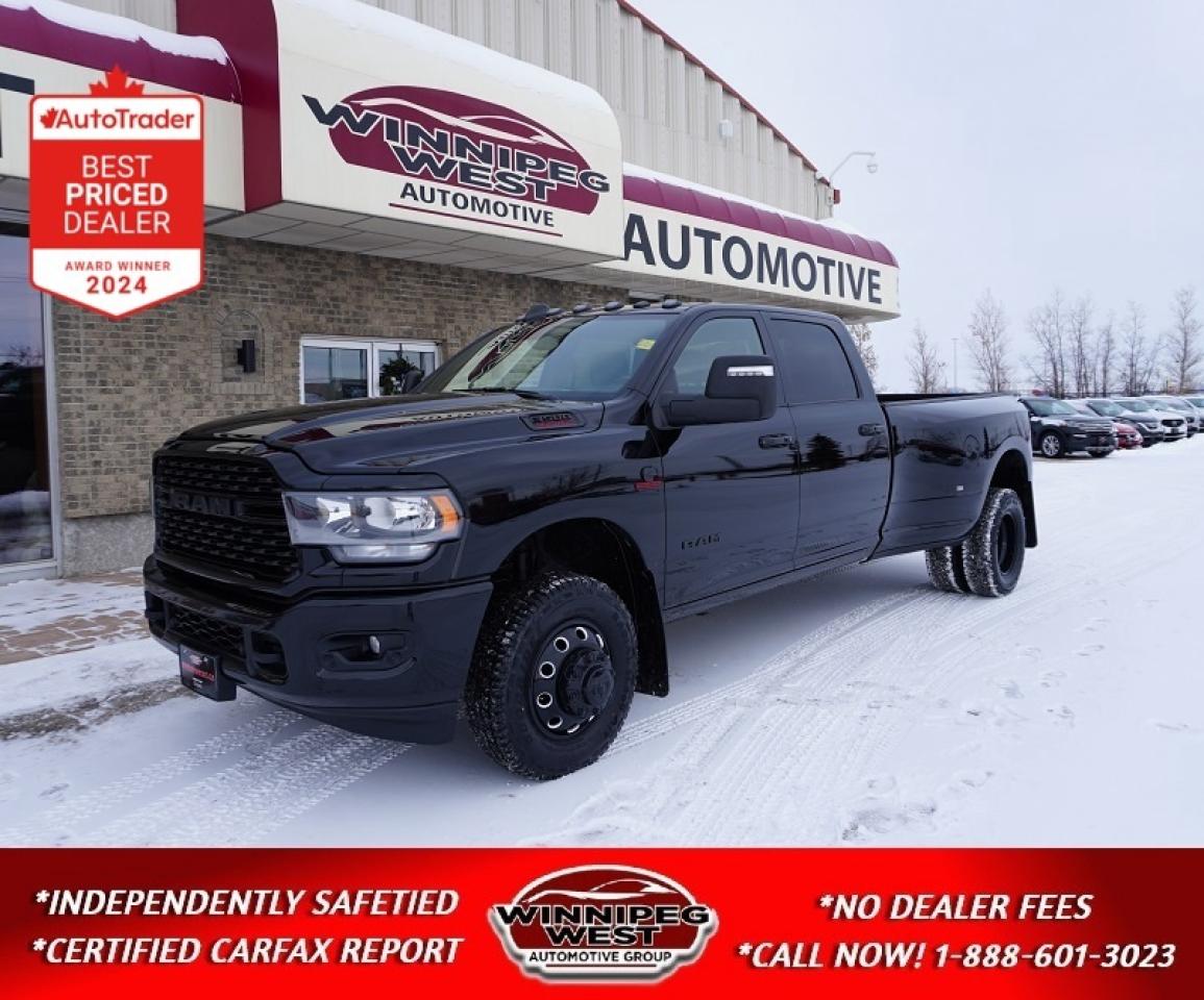 *** Dealer arranged financing on site! Quick, Simple,  no calls or waiting on bank appointments required!! Drive away today ***   NO ADMINISTRATION FEES!!

***VERY HARD TO FIND TRUCK! FULL BLACKOUT PACKAGE RAM 3500 WITH HIGH OUTPUT CUMMINS AND AISIN TRANSMISSION, STILL AS NEW WITH VERY LOW KMS**  

THE ULTIMATE HEAVY-DUTY TRUCK  WHERE POWER MEETS LUXURY! Introducing this stunning VERY LOW KMS 2024 RAM 3500 Big Horn Night Edition DUALLY! Stunning looking and has the Beast of an engine with the Cummins High Output matched to the Heavy Duty Aisin Transmission , making this the ULTIMATE pulling machine! It is the perfect blend of brute strength, precision engineering, and upscale comfort. This isnt just a truck its a statement. Built for those who demand uncompromising performance on the job site, effortless towing on the open road, and a first-class driving experience every single time.

Powered by the legendary 6.7L Cummins High Output Turbo Diesel engine paired with the ultra-reliable Aisin 6-speed heavy-duty automatic transmission, which means this truck has a MONSTROUS 420HP and 1075 ft lbs of torque, this truck delivers unmatched towing capability, at over an AMAZING 30,000lbs and the kind of durability that defines a true workhorse. With dual rear wheels and a Class V hitch, full factory fifth wheel and gooseneck prep package, THIS TRUCK CAN DO IT ALL, no load is too heavy and no terrain too challenging. From hauling trailers to conquering rural Manitoba roads, this 3500 makes every task effortless and its ready to go including a full set of BRAND NEW TIRES and a FRESH MANITOBA SAFETY!!

Exterior Excellence:

- Diamond Black Crystal Pearl paint gleams with sophistication and presence, turning heads wherever you go.
- Bold, aggressive Night Edition styling for a unique, commanding appearance.
- Heavy-duty rear fender and box marker lamps plus LED bed lighting for maximum visibility and safety.
- Deployable Mopar&reg; bed step and Factory spray-in bedliner for convenience and protection of your investment.

Interior Luxury & Comfort:

- Premium Black cloth Heated Bucket seats and full center console
- Heated steering wheel keeps you comfortable no matter the season.
- Remote start allows you to warm up your truck before stepping inside.
- Dual-zone automatic climate control ensures every passenger rides in comfort.
- Tilt steering column and 8-way power driver seat for perfect positioning on long hauls.
- Modern conveniences include 2 USB ports, auxiliary input, and a 3.5-inch in-cluster color display for easy monitoring of vehicle systems.

Technology & Connectivity:

- Uconnect&reg; 5 NAV with 12-inch touchscreen for navigation, entertainment, and intuitive control.
- Integrated Alexa, SiriusXM&reg; 360L, Apple CarPlay&reg;, and Android Auto keep you connected, informed, and entertained.
- 4G LTE Wi-Fi hotspot lets everyone stay online while on the move.

Safety & Control:

- ParkView&reg; rear camera and Park-Sense&reg; front and rear sensors make maneuvering effortless.
- Advanced electronic stability control, traction control, hill start assist, and brake assist keep you safe in every condition.
- Comprehensive airbag system, including multistage front airbags, supplemental side airbags, and side-curtain airbags.


Towing & Hauling Power:

- Legendary 6.7L Cummins High Output Turbo Diesel with MONSTROUS 420HP and 1075 ft lbs of torque
- Heavy Duty Aisin 6-Speed automatic Transmission
- Class V towing hitch, 4-pin and 7-pin wiring harnesses, trailer sway control, and electronic roll mitigation.
- Heavy-duty front and rear shock absorbers, dual rear wheels, and reinforced suspension make towing massive loads a breeze.
- 5th wheel/gooseneck prep and off-road info pages are perfect for serious haulers.

Extras That Make a Difference:

- Night Edition package for premium aesthetics and style including Grill, badges and more
- Night edition Blackout Alcoa Aluminum wheels wrapped with BRAND NEW tires just installed
- Bed Utility package with LED lighting and deployable step
- Heated seats and steering wheel for comfort in all seasons
- Level 1 Equipment Group for convenience, safety, and tech upgrades
- Premium Alpine&reg; 9-speaker audio system with subwoofer for crystal-clear sound on the road

Why Choose This RAM 3500 Big Horn Night Edition?

VERY LOW KMS! Spotless interior and you get to save THOUSANDS from New! This truck isnt just about numbers its about experience. From its rugged, ready-for-anything capability to its luxurious interior and advanced technology, its perfect for anyone who demands more from a truck. Whether youre towing trailers, hauling heavy equipment, or driving across Manitobas highways, this 3500 does it all with power, style, and comfort. Experience the ultimate in heavy-duty performance and premium features. Dont just drive a truck command the road, dominate the job site, and enjoy every journey in a vehicle built to perform, built to impress, and built to last.

Visit us today and see why this is the best-equipped RAM 3500 on the market. Fully loaded, meticulously maintained, and ready for action!  

Comes with a Manitoba Safety Certification, and we have many Extended Powertrain warrantys available on your vehicle purchase up to 10-year coverage (on eligible vehicles see dealer for details). Financing on site with Zero down financing OAC. Trades accepted. View at Winnipeg West Automotive Group, 5195 Portage Ave. (only a couple of minutes past the new Costco) Dealer permit # 6007, Call now 1(888) 601-3023. This Car is located in Winnipeg Manitoba,  however we can have it shipped anywhere in North America relatively inexpensively.