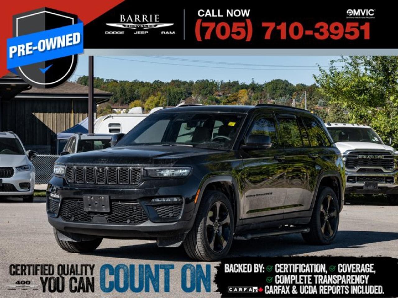 4WD, 220 Amp Alternator, 2nd-Row Manual Window Shades, 4 & 7-Pin Wiring Harness, 506 Watt Amplifier, 9 Amplified Speakers w/Subwoofer, A/D Digital Display Rearview Mirror, Active Noise Control System, Auto-Dimming Exterior Driver Mirror, Automatic Headlamp Levelling System, Black Appearance Package, Capri Leatherette Seats w/Perforated Inserts, Class IV Hitch Receiver, Dual-Pane CommandView Sunroof, Front/Rear Doors & Liftgate w/Passive Entry, Gloss Black Exterior Accents, Heavy-Duty Engine Cooling, Integrated Off-Road Camera, Intersection Collision Assist System, Luxury Tech Group II, Memory Steering Column, Park-Sense Front & Rear Park Assist w/Stop, Pirelli Brand Tires, Power Tilt/Telescope Steering Column, Quick Order Package 23E Limited, Rain-Sensing Windshield Wipers, Rear Back-Up Camera Washer, Rear Load-Levelling Suspension, Surround View Camera System, Trailer Hitch Zoom, Trailer Tow Package, Ventilated Front Seats, Wheels: 20 x 8.0 Gloss Black Aluminum, Wireless Charging Pad.This vehicle is certified. You can trust that each certified vehicle goes through a 150-point inspection by our factory-trained master technicians. Our requirements exceed the provincial regulations of safety standards.With every detail disclosed and every standard met, confidence comes standard.Verified Vehicle History: CarFAX and UCDA reports included.Certified & Serviced: Oil, filters, and wipers replaced before delivery.Warranty You Can Trust: Up to 8 years or 200,000 KM of coverage.Finance Made Simple: Competitive rates for all credit profiles.Easy Exchange Program: Return within 7 days or 500 KM.Thank you for choosing Barrie Chrysler Dodge Jeep Ram, where the easy car-buying experience is all about you! Visit our expansive 50-car indoor showroom and view the hundreds of vehicles available, both on-site and off-site. We are located right in the heart of Barrie, on Dunlop St W, just off of Highway 400. - 395 Dunlop St W, Barrie, ON.We pay cash for cars, even if you dont buy one from us! Talk to Tom, our Pre-owned Manager, today!Diamond Black Crystal Pearlcoat 2024 Jeep Grand Cherokee Limited 4D Sport Utility Pentastar 3.6L V6 VVT 8-Speed Automatic 4WDWe utilize real-time third-party software to price our vehicles, ensuring they align with the daily average market price. For that reason, our vehicles are priced competitively.We have over 100 pre-owned vehicles available onsite, with extra off-site inventory available at all times. Prices are plus HST and licensing fee.