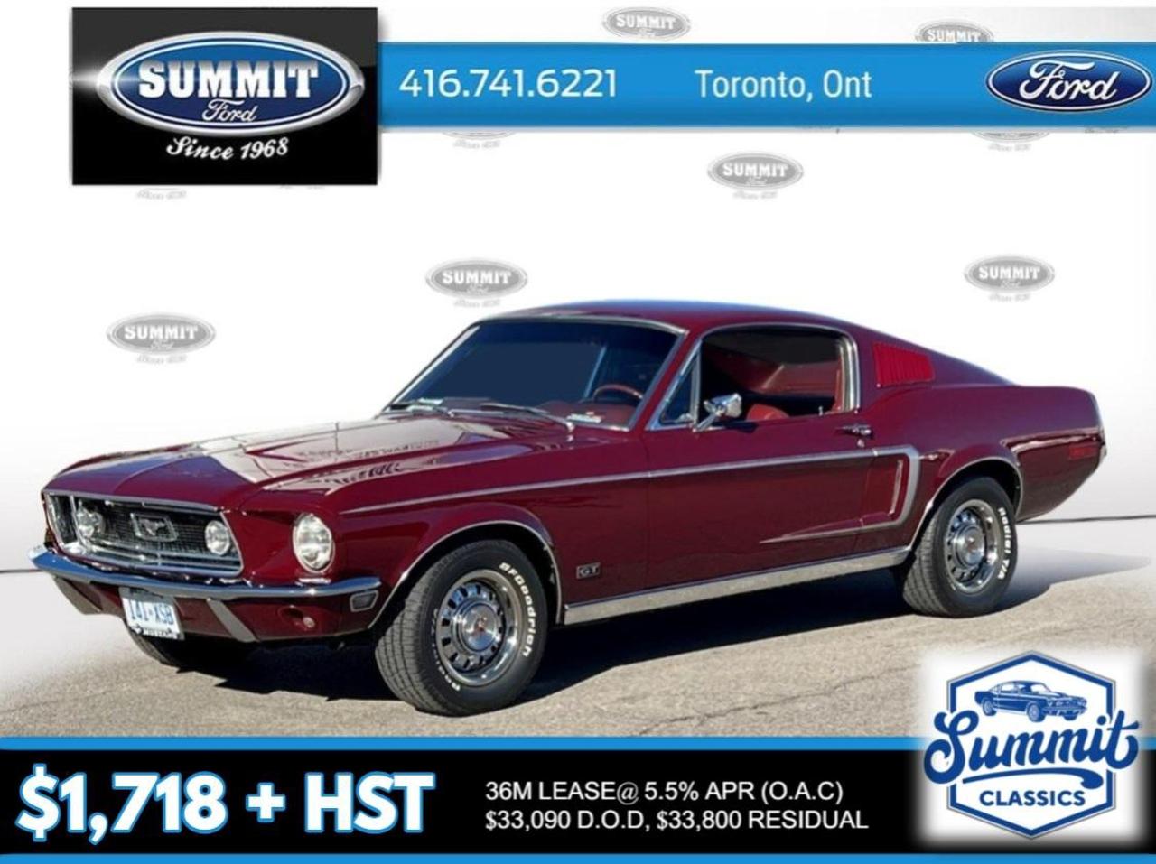 <p>Summit Classics brings you this beautiful 1968 Ford Mustang GT &nbsp;Fastback with a 390 4barrel V8 and Ford 4 speed top loader manual transmission, 9&rdquo; Ford rear end with traction-lok and 3:25 ratio.</p>

<p>The GT equipment group comes with Power Steering and Power disc brakes, console, tachometer and sport fold down rear seat and remote left hand mirror and dual exhaust.&nbsp;&nbsp;</p>

<p>This real S code is finished in its original shade of Royal Maroon paint and matching interior.&nbsp;&nbsp; Only 2219 units produced in this cool colour (not available in 67).&nbsp;&nbsp; Also has very rare tilt wheel.</p>

<p>This super straight highly sought after Mustang has excellent fit and finish with no scratches, dents or dings.&nbsp; Be sure to check out all the photos of this DEALER CERTIFIED Mustang S code.</p>

<p>There is a reason there is not many of these cars available for sale and that is because people who own&nbsp;them do not want to sell them.&nbsp; There are fewer and fewer cars that are consistently going up in value and this is one of them.</p>

<p>Don&rsquo;t miss it, priced to sell at $110,000 CDN or $81,000 USD</p>

<p>FOR MORE INFORMATION: CALL SCOTT 416-741-6221 or scottv@summitford.com. Note to US customers: We can arrange shipping anywhere in the US, broker across the border (approx. $250), no tax and no Duty. Fully insured. We are located 15 minutes from the Toronto International Airport</p>

<p>The mileage shown on this vehicle is not guaranteed to be accurate. Due to the age of the vehicle and the limitations of historical record-keeping, Summit Ford Sales (1982) Ltd. has no way to verify the true mileage. The odometer reading should therefore be considered exempt, approximate, or for display purposes only.</p>

<p>By proceeding with the purchase, the buyer acknowledges and accepts that the actual mileage may differ from the odometer reading currently displayed.</p>