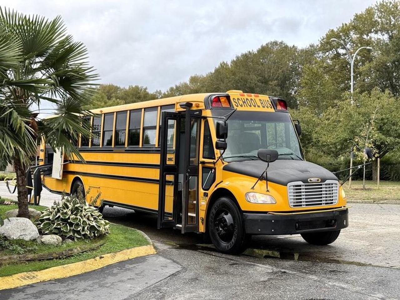 2014 Freightliner B2 Thomas 39-passenger diesel bus with Ricon wheelchair lift, powered by a 6.7L Cummins ISB 6-cylinder engine and automatic transmission. This full-size school or transit bus features a RWD drivetrain, air brakes, heated mirrors, battery switch, and an automatic door for efficient loading. The wheelchair lift supports up to 800 lbs, making it suitable for accessible transportation services. Finished in classic yellow with a grey vinyl interior, it includes AM/FM radio and a GVWR of 14,061 kg (31,000 lbs). Overall vehicle dimensions are 39 feet 3 inches long, 8 feet 2 inches wide, and 9 feet 10 inches high. Ideal for school fleets, private transportation, or community accessibility programs. This item is currently OFFSITE. You must register an appointment with our office to schedule an offsite viewing. Appointments must be made a minimum of one business day in advance (and as defined by the days that Repo.com is open for business) before your appointment can be scheduled and confirmed. We may, at our own discretion, instead opt to transport smaller items to Repo.coms main yard for viewing purposes.  $79,850.00 plus $375 processing fee, $80,225.00 total payment obligation before taxes.   Listing report, warranty, contract commitment cancellation fee, financing available on approved credit (some limitations and exceptions may apply). All above specifications and information is considered to be accurate but is not guaranteed and no opinion or advice is given as to whether this item should be purchased. We do not allow test drives due to theft, fraud, acts of vandalism and undetectable impaired driving. Instead we provide the following benefits: Complimentary Warranty (with options to extend), Limited Money Back Satisfaction Guarantee on Fully Completed Contracts, Contract Commitment Cancellation, and an Open-Ended Sell-Back Option. Ask seller for details or call 604-522-REPO(7376) to confirm listing availability.