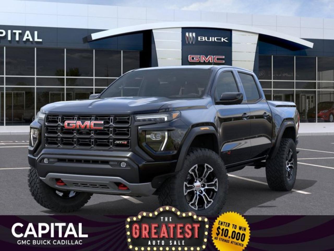 This 2025 GMC Canyon in Onyx Black is equipped with 4WD and Turbocharged Gas I4 2.7L/ engine.The GMC Canyon might be midsize, but its fully premium. Designed for easy access, an available easy lift and lower tailgate allows for smooth operation, while an integrated corner-step rear bumper provides efficient access to the truck bed and your cargo. Its the little things that set the Canyon apart, like its LED-signature front lighting, chrome grille surrounds and chrome mirror caps and door handles. The Canyon is takes premium comfort to a new level with features such as available soft-touch instrument panel and available heated driver and front passenger seats. The interior is also engineered to give you and your passengers an exceptional level of quiet, from noise-reducing innovations to triple door seals. This truck offers an engine lineup that delivers power and efficiency. This baby has 308 horsepower and can tow up to 3493 KG (7700 LB.). Intelligent control features, including traction control, trailer sway and hill descent control, available automatic rear locking differential, brake rotors and integrated trailer brake controller and diesel exhaust brake, to help you stay confidently in command no matter what you may be hauling or trailering. The Canyon provides intelligently placed controls and driver-centric features to keep you in touch, in charge and connected on the road, from available built-in Wi-Fi, an infotainment system with navigation and a rear-vision camera, to power outlets, rear seat reminders and access to the myGMC app. Youll also find state-of-the-art safety to help enhance your awareness of the road and surrounding vehicles, such as available forward collision alert, and more.Check out this vehicles pictures, features, options and specs, and let us know if you have any questions. Helping find the perfect vehicle FOR YOU is our only priority.P.S...Sometimes texting is easier. Text (or call) 306-801-9090 for fast answers at your fingertips!Dealer License #914248Disclaimer: All prices are plus taxes & fees. See dealer for Details. Dealer Permit # 914248 See dealer for Details.