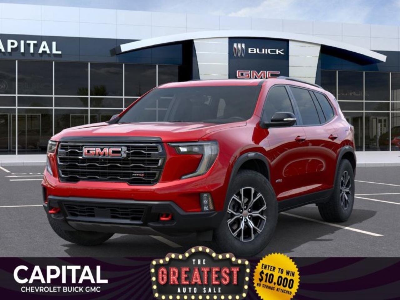 This GMC Acadia delivers a Gas 2.5L/ engine powering this Automatic transmission. VOLCANIC RED TINTCOAT, TRANSMISSION, 8-SPEED AUTOMATIC (STD), SUNROOF, POWER, PANORAMIC SUNROOF with sunshade.* This GMC Acadia Features the Following Options *LUXURY PACKAGE includes (AKK) acoustic style windshield, (CMO) heated wiper park, (KA6) heated rear outboard seats and (UV6) 8 Diagonal Head-Up Display (Includes (KU9) heated and ventilated, driver and front passenger seat cushions and seat backs.), LPO, FLOOR LINER PACKAGE includes (RIA) first and second row All-weather floor liners, LPO and (RIB) third row All-weather floor liner, LPO , LPO, INTEGRATED CARGO LINER, LPO, FLAT SPLASH GUARDS, MOULDED, LPO, ALL-WEATHER FLOOR LINER, FIRST AND SECOND ROW Includes (RIB) third row All-weather floor liner, LPO., LPO, ALL-WEATHER FLOOR LINER, 3RD ROW, ENGINE, 2.5L TURBO DOHC SIDI with Variable Valve Timing (VVT) (328 hp [244 kW] @ 5500 rpm, 326 lb-ft of torque [442 N-m] @ 3500 rpm) (STD), ENGINE BLOCK HEATER, AT4 PREFERRED EQUIPMENT GROUP includes standard equipment, 3 YEARS SIRIUSXM.* Visit Us Today *Test drive this must-see, must-drive, must-own beauty today at Capital Chevrolet Buick GMC Inc., 13103 Lake Fraser Drive SE, Calgary, AB T2J 3H5.