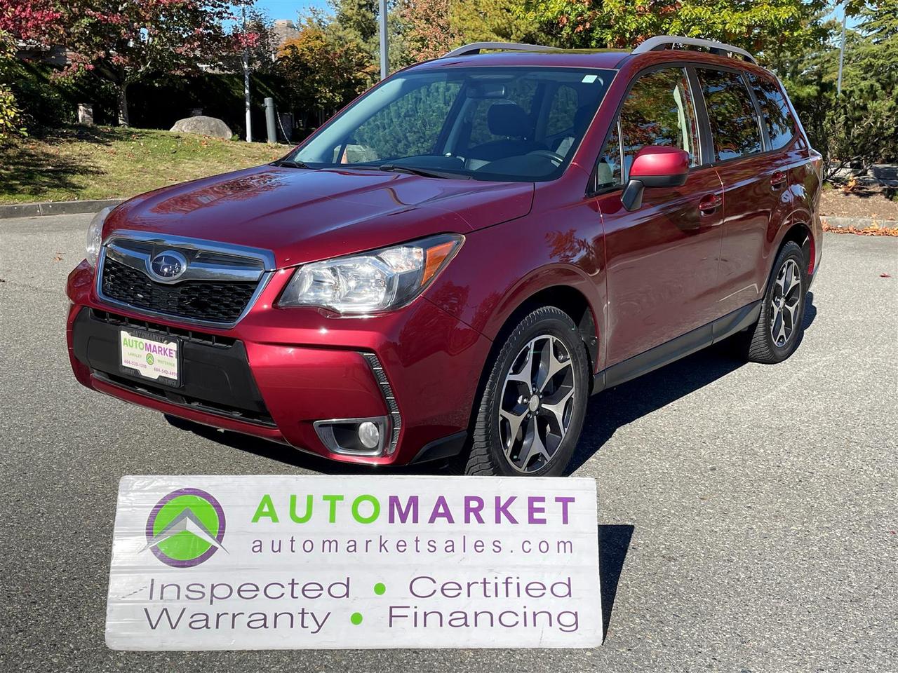 EXCEPTIONALLY CLEAN AND BEAUTIFUL XT PREMIUM. LOADED WITH AWD, SUNROOF, H/SEATS AND MORE. GREAT FINANCING, FULLY INSPECTED AND FREE WARRANTY.<br /><br />Welcome to the Automarket, your community inancing Dealership of "YES". we are featuring a pristine condition Forester XT. This Crossover is loaded with AWD, Heated Seats, Panoramic moonroof and so much more.&nbsp;<br /><br />Having been inspected, we know that the Brakes are 90% New and the tires sit at 80% on all 4 corners. We have also replaced:<ul><li>Both lower control arms</li><li>Stabalizer bar link</li><li>Front right CV Axel</li><li>Engine oil</li></ul>We also tested the battery and the coolant as well as changed the oil and fully detailed the vehicle for your enjoyment and peace of mind.<br /><br /><br />2 LOCATIONS TO SERVE YOU, BE SURE TO CALL FIRST TO CONFIRM WHERE THE VEHICLE IS PARKED<br />WHITE ROCK 604-542-4970 LANGLEY 604-533-1310 OWNER'S CELL 604-649-0565<br /><br />We are a family owned and operated business since 1983 and we are committed to offering outstanding vehicles backed by exceptional customer service, now and in the future.<br />What ever your specific needs may be, we will custom tailor your purchase exactly how you want or need it to be. All you have to do is give us a call and we will happily walk you through all the steps with no stress and no pressure.<br />WE ARE THE HOUSE OF YES?<br />ADDITIONAL BENFITS WHEN BUYING FROM SK AUTOMARKET:<br />ON SITE FINANCING THROUGH OUR 17 AFFILIATED BANKS AND VEHICLE FINANCE COMPANIES<br />IN HOUSE LEASE TO OWN PROGRAM.<br />EVRY VEHICLE HAS UNDERGONE A 120 POINT COMPREHENSIVE INSPECTION<br />EVERY PURCHASE INCLUDES A FREE POWERTRAIN WARRANTY<br />EVERY VEHICLE INCLUDES A CARFAX AND ICBC DAMAGE REPORT<br />EVERY VEHICLE IS GUARANTEED LIEN FREE<br />DISCOUNTED RATES ON PARTS AND SERVICE FOR YOUR NEW CAR AND ANY OTHER FAMILY CARS THAT NEED WORK NOW AND IN THE FUTURE.<br />36 YEARS IN THE VEHICLE SALES INDUSTRY<br />A+++ MEMBER OF THE BETTER BUSINESS BUREAU<br />RATED TOP DEALER BY CARGURUS 2 YEARS IN A ROW<br />MEMBER IN GOOD STANDING WITH THE VEHICLE SALES AUTHORITY OF BRITISH COLUMBIA<br />MEMBER OF THE AUTOMOTIVE RETAILERS ASSOCIATION<br />COMMITTED CONTRIBUTER TO OUR LOCAL COMMUNITY AND THE RESIDENTS OF BC<br /><br /> This vehicle has been Fully Inspected, Certified and Qualifies for Our Free Extended Warranty.Don't forget to ask about our Great Finance and Lease Rates. We also have a Options for Buy Here Pay Here and Lease to Own for Good Customers in Bad Situations. 2 locations to help you, White Rock and Langley. Be sure to call before you come to confirm the vehicles location and availability or look us up at www.automarketsales.com. White Rock 604-542-4970 and Langley 604-533-1310. Serving Surrey, Delta, Langley, Richmond, Vancouver, all of BC and western Canada. Financing & leasing available. CALL SK AUTOMARKET LTD. 6045424970. Call us toll-free at 1 877 813-6807. $999 Documentation fee (negotiable) and applicable taxes are in addition to advertised prices. LANGLEY LOCATION DEALER# 40038 S. SURREY LOCATION DEALER #9987<br />