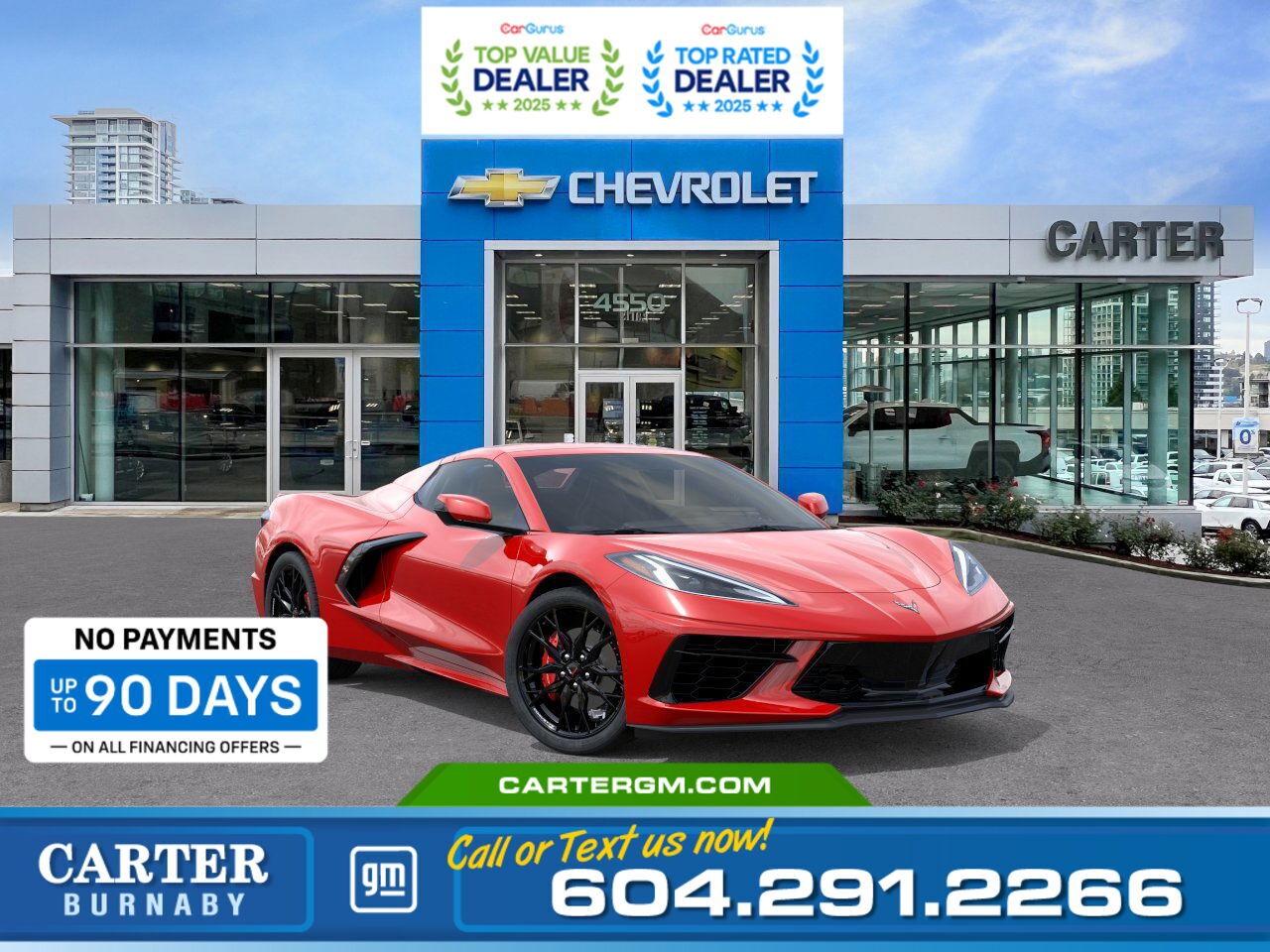 Purchase your new vehicle today and enjoy NO PAYMENTS FOR UP TO 90 DAYS. Upgrade with confidence, without stretching your budget!  Unleash pure performance in the 2026 Chevrolet Corvette 1LT Stingray convertible RWD, a masterful blend of precision engineering and bold design. Powered by a 6.2L high-output V8 delivering 490 hp and 465 lb-ft of torque, paired with an 8-speed dual-clutch transmission, its built for breathtaking acceleration and control. The Torch Red exterior, 20-spoke gloss black forged aluminum wheels, and Jet Black Mulan leather interior radiate style and confidence. Stay connected and secure with 10-apeaker Bose premium audio, Lane Keep Assist, and Rear Park Assist.  Come take it for a test drive today and experience all this stylish vehicle has to offer!  WHY CARTER GM BURNABY?  - An unrivalled vehicle purchasing experience! - Exceeding our loyal customers expectations since 1963 - 4.5 Google star rating with 2,175+ customer reviews) - CarGurus Top-Rated Dealer 2025 Award - CarGurus Top Value Dealer 2025 Award - Vehicle trades welcome! Best price guaranteed! - We provide upfront pricing, zero hidden fees, and 100% transparency - Fast approvals and 99% acceptance rates (no matter your current credit status!) - Multilingual staff (many languages spoken) - Comfortable non-pressured environment with in-store television, WIFI and a childrens play area! - In-store restaurant: fresh daily menu        Were here to help you drive the vehicle you want, the vehicle you deserve! QUESTIONS? GREAT! WEVE GOT ANSWERS! To speak with a friendly vehicle specialist - CALL NOW! (Doc. Fee: $495.00 Dealer Code: D5505)