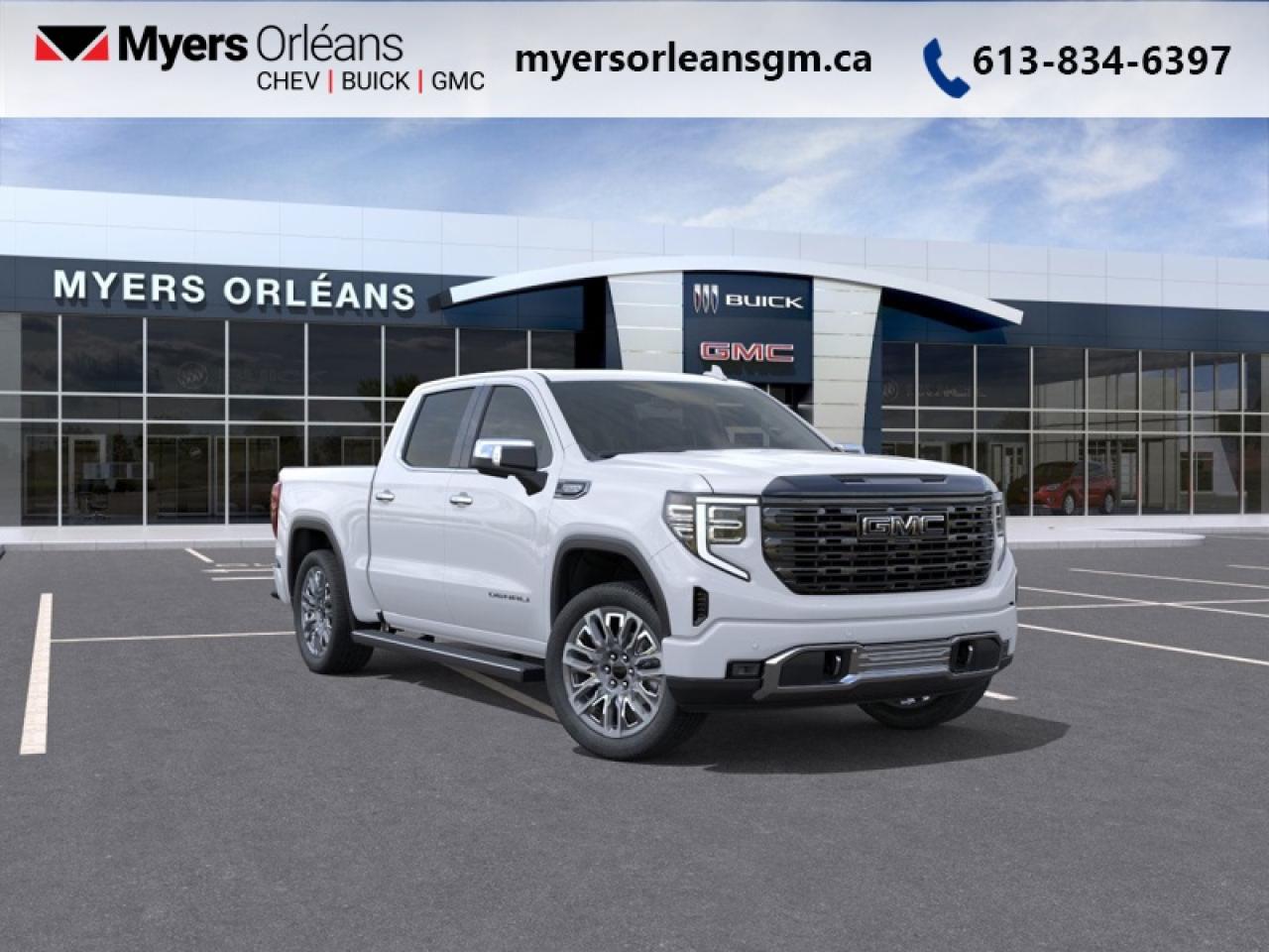 <b>Leather Seats, Multi-Pro Tailgate Audio, Spray-On Bedliner!</b><br> <br> <br> <br>For more than 80 years, the Myers Automotive Group has brought exceptional vehicles and world-class service to drivers in the Ottawa area. Myers Orleans Chevrolet Buick GMC is proud to serve Greater Ottawa, and to continue the tradition of excellence that the Myers name is known for. We are your trusted and professional choice since 1942!<br> <br>  Astoundingly advanced and exceedingly premium, this 2026 GMC Sierra 1500 is designed for pickup excellence. <br> <br>This 2026 GMC Sierra 1500 stands out in the midsize pickup truck segment, with bold proportions that create a commanding stance on and off road. Next level comfort and technology is paired with its outstanding performance and capability. Inside, the Sierra 1500 supports you through rough terrain with expertly designed seats and robust suspension. This amazing 2026 Sierra 1500 is ready for whatever.<br> <br> This Glacier White Tricoat Crew Cab 4X4 pickup   has an Automatic transmission and is powered by a  420HP 6.2L 8 Cylinder Engine.<br> <br> Our Sierra 1500s trim level is Denali Ultimate. This range-topping trim blends luxury, capability, and advanced safety in one commanding pickup. Its Trailering Package, MultiPro Tailgate, and integrated trailer technology make towing effortless, while GMC Pro Safety features like Forward Collision Alert, Lane Keep Assist, Enhanced Automatic Emergency Braking, and the Safety Alert Seat provide peace of mind. Bold 22-inch wheels, LED lighting, Vader Chrome accents, and power-retractable steps enhance its presence, and the interior offers premium leather seats with heating, ventilation, and massage, plus advanced tech like a 13.4-inch infotainment system, Bose 12-speaker audio, wireless Apple CarPlay/Android Auto, a 12.3-inch digital cluster, Head-Up Display, Super Cruise, and HD Surround Vision. Thoughtful touches including cargo tie-downs, spray-on bedliner, and OnStar connectivity make it a capable, connected, and refined pickup for any adventure. This vehicle has been upgraded with the following features: Leather Seats, Multi-Pro Tailgate Audio, Spray-On Bedliner. <br><br> <br>To apply right now for financing use this link: <a href=https://www.myersorleansgm.ca/FinancePreQualForm target=_blank>https://www.myersorleansgm.ca/FinancePreQualForm</a><br><br> <br/> Total  rebate of $5000 is reflected in the price.   Incentives expire 2026-02-02.  See dealer for details. <br> <br>At Myers Orleans Chevrolet, youll find an impressive inventory of brand-new Chevrolet, Buick, and GMC vehicles. But we dont stop there! We also offer an amazing array of gently-used cars, trucks, and SUVs from Chevrolet, as well as a selection of alternate-brand used vehicles from some of Canadas favourite auto makers. When you choose to shop with Myers, youre not limited to what you can find on our well-appointed lot. Youve got the resources of an entire automotive group at your fingertips! Our friendly, no-pressure sales team will go through your list of must-haves, and will match you with the vehicle from Myers that checks off all the right boxes.<br> Come by and check out our fleet of 30+ used cars and trucks and 210+ new cars and trucks for sale in Orleans.  o~o