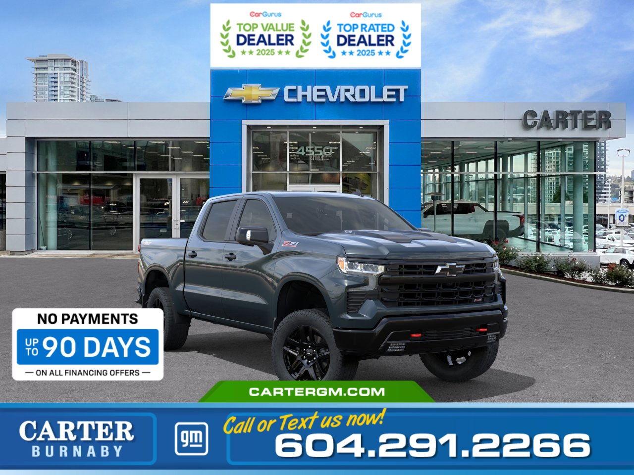 Purchase your new vehicle today and enjoy NO PAYMENTS FOR UP TO 90 DAYS. Upgrade with confidence, without stretching your budget!  Unleash bold capability with the 2026 Chevrolet Silverado 1500 LT Trail Boss 4WD, engineered for power and adventure. Its commanding 6.2L EcoTec3 V8 engine and Z71 Off-Road Suspension with a 2" lift deliver outstanding performance on any terrain. Inside, enjoy premium comfort with the Leather Package, up-level rear seat storage, and a power sunroof. Trailering is effortless with Hitch Guidance, an integrated trailer brake controller, and a power up/down tailgate. With all-weather floor liners, LED cargo lighting, and advanced stability control, this truck is built to go further.   Come take it for a test drive today and experience all this stylish vehicle has to offer!  WHY CARTER GM BURNABY?  - An unrivalled vehicle purchasing experience! - Exceeding our loyal customers expectations since 1963 - 4.5 Google star rating with 2,175+ customer reviews) - CarGurus Top-Rated Dealer 2025 Award - CarGurus Top Value Dealer 2025 Award - Vehicle trades welcome! Best price guaranteed! - We provide upfront pricing, zero hidden fees, and 100% transparency - Fast approvals and 99% acceptance rates (no matter your current credit status!) - Multilingual staff (many languages spoken) - Comfortable non-pressured environment with in-store television, WIFI and a childrens play area! - In-store restaurant: fresh daily menu        Were here to help you drive the vehicle you want, the vehicle you deserve! QUESTIONS? GREAT! WEVE GOT ANSWERS! To speak with a friendly vehicle specialist - CALL NOW! (Doc. Fee: $495.00 Dealer Code: D5505)