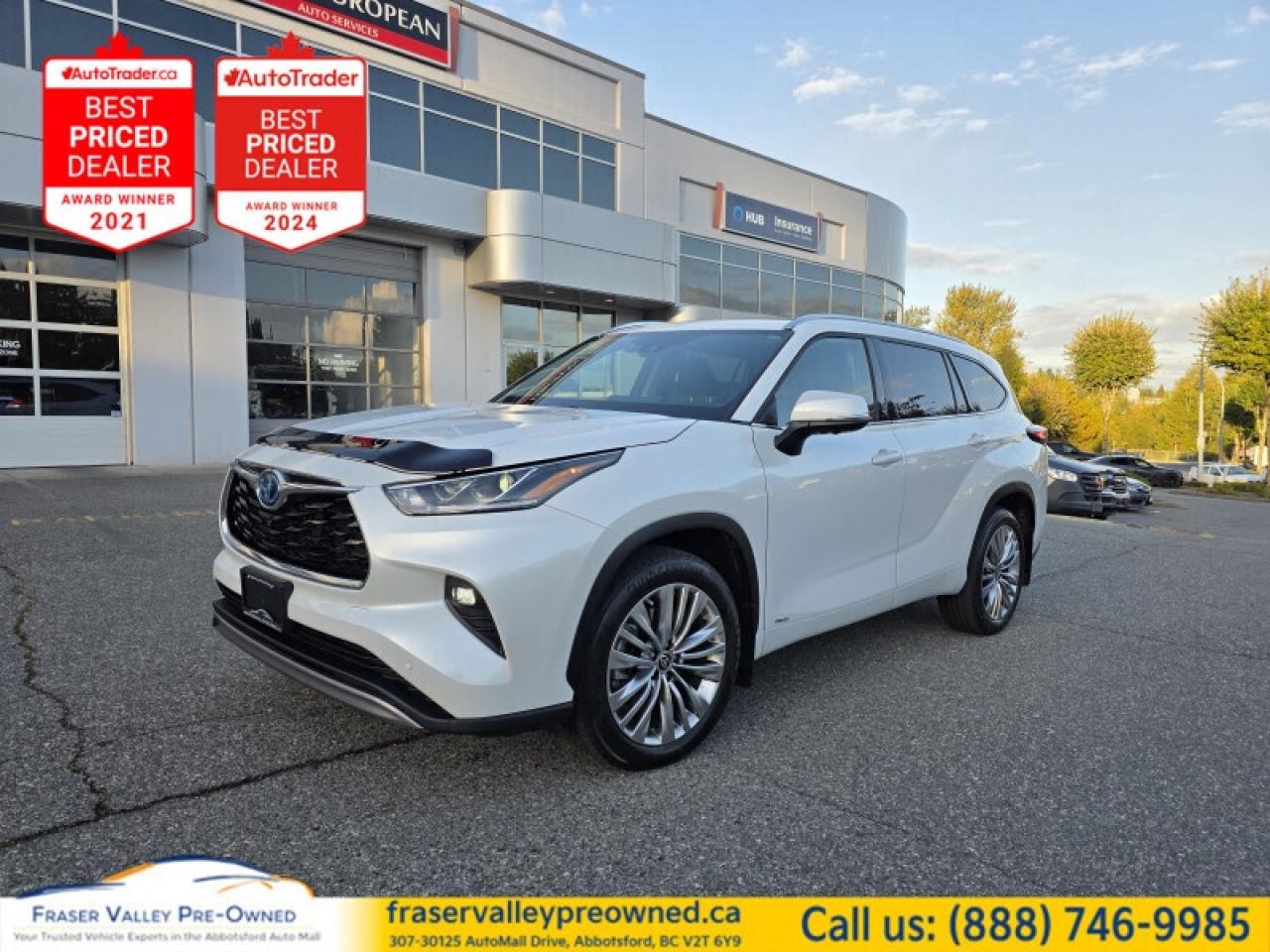 2025 Toyota Highlander Hybrid Platinum AWD - Low KM (20,992) - Local • One Owner • 7-Passenger • Like New, Lightly Used • Fully Loaded
 
Fraser Valley Pre-Owned is proud to present this beautifully spec’d 2025 Toyota Highlander Hybrid Platinum AWD, finished in Wind Chill Pearl over high-quality black leather interior. Local, one owner, clean history, and only 20,992 km - the sweet spot where luxury, practical, and efficient all shake hands. It has an upscale presence without trying too hard, rides whisper-quiet, and sips fuel gently while keeping your costs down. This is the hybrid that makes every drive feel like you’re getting away with something.
 
The Platinum trim is where practicality meets a little flex. Slide in and you’ll get the full modern-Toyota treatment - big screens, beautiful materials, whisper-quiet hybrid drive - wrapped in a cabin that feels upscale without trying too hard. It’s the rare SUV that keeps everyone comfortable, keeps fuel bills low, and still looks sharp pulling up anywhere with its classy,io  commanding presence.
 
Features:
• Hybrid powertrain with AWD - quiet, efficient, confident year-round
• Panoramic glass roof - airy cabin, instant mood lift
• 7-passenger with captain’s chairs - real adult-friendly seating
• Heated & ventilated front seats - comfort in every season
• Heated 2nd-row seats & wheel - spread the love
• 12.3-inch touchscreen with nav - crisp, quick, intuitive
• Wireless Apple CarPlay/Android Auto - plug-free convenience
• JBL premium audio - road-trip soundtrack approved
• Head-Up Display - eyes forward, info where you need it
• Panoramic View Monitor (360°) - park like a pro
• Blind Spot Monitor & RCTA - smart awareness
• Toyota Safety Sense - adaptive cruise, lane keep/trace, pre-collision assist
• Digital rearview mirror w/ HomeLink - clear view, easy access
• Hands-free power liftgate - one foot under, cargo in
• Tri-zone climate control - no more thermostat negotiations
• Memory driver’s seat - set it and forget it
• Rain-sensing wipers & ambient lighting - the nice touches
 
This Highlander Hybrid Platinum delivers luxury-leaning comfort, real-world space, top-tier tech, and hybrid efficiency that makes every drive feel like a win. Local, one owner, ultra clean - the kind of example that’s hard to find and easy to love.
 
Were ready when you are — the first test drive usually seals it.
 

 
To apply right now for financing use this link : https://www.fraservalleypreowned.ca/abbotsford-car-loan-application-british-columbia
 
 

| Our Quality Guarantee: We maintain the highest standard of quality that is required for a Pre-Owned Dealership to operate in an Auto Mall. We provide an independent 360-degree inspection report through licensed 3rd Party mechanic shops. Thus, our customers can rest assured each vehicle will be a reliable, and responsible purchase.  |  Purchase Disclaimer: Your selected vehicle may have a differing finance and cash prices. When viewing our vehicles on third party  marketplaces, please click over to our website to verify the correct price for the vehicle. The Sale Price on third party websites will always reflect the Finance Price of our vehicles. If you are making a Cash Purchase, please refer to our website for the Cash Price of the vehicle.  | All prices are subject to and do not include, a $995 Finance Fee, a $995 Document Fee, and a $150 GPS Lot Security fee.   These fees as well as taxes, are included in all listed listed payment quotes. Please speak with Dealer for full details and exact numbers.  o~o