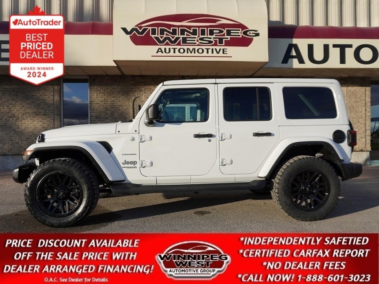 SALE PRICE: $42,800 **ASK US HOW TO RECEIVE A PRICE DISCOUNT WITH DEALER ARRANGED FINANCING O.A.C.** PLUS APPLICABLE TAXES. NO ADMINISTRATION FEES!!
 
JUST ARRIVED! VERY CLEAN, VERY LOW KM MANITOBA LEASE RETURN AND LOADED 2021 JEEP WRANGLER UNLIMITED SAHARA 4X4 BRIGHT WHITE 2.0L TURBO / AUTO / LEATHER / HARDTOP & SOFT TOP / SAFETY TECH PACKAGE & SO MUCH MORE!!!   

An exceptionally clean and loaded Manitoba Lease return 2021 Jeep Wrangler Unlimited Sahara 4x4 that checks every box! This one-owner, well-cared-for Wrangler has just 63,000 km and comes equipped with a ton of factory upgrades including the Dual Top Group, Uconnect NAV & Alpine Audio, and the Safety Group with Blind-Spot Monitoring and Rear Park Assist. A stunning, bright white Sahara that combines off-road ability with true everyday comfort and luxury.

POWER & CAPABILITY

-2.0L Turbocharged DOHC 4-Cylinder with Stop/Start
-8-Speed TorqueFlite Automatic Transmission
-Selec-Trac Full-Time 4WD System (2.72:1)
-Trac-Lok Limited Slip Rear Differential
-Heavy-Duty Skid Plates (Fuel Tank, Transfer Case, Transmission)
-Tow Hooks Front & Rear
-Trailer Tow & HD Electrical Group (Class II Hitch, 240-amp Alternator, 4/7-Pin Wiring, 4 Aux Switches)

PREMIUM FEATURES & PACKAGES

-Dual Top Group  Black Premium Sunrider Soft Top and Body-Colour 3-Piece Freedom Hardtop
-Leather-Faced Heated Bucket Seats with Sahara Logo
-Leather-Wrapped Steering Wheel, Shift Knob, and Park Brake Handle
-8.4 Uconnect 4C NAV Touchscreen with GPS Navigation
-Alpine Premium Audio System with Overhead Sound Bar
-Apple CarPlay, Android Auto & Bluetooth Streaming
-4G LTE Wi-Fi Hotspot
-Auto-Dimming Rear view Mirror & Universal Garage Door Opener
-Remote Start & Proximity Keyless Entry
-Dual-Zone Auto Climate Control
-Full Colour 7 Driver Information Display

SAFETY & DRIVER ASSIST FEATURES

-Blind-Spot Monitoring & Rear Cross-Path Detection
-Park-Sense Rear Park Assist System
-Park View Rear Backup Camera
-LED Tail lamps
-Electronic Stability & Roll Mitigation Control
-Hill Start Assist / Trailer Sway Control
-Advanced Multistage Airbags & LATCH Anchors

EXTERIOR STYLE

-Bright White Exterior / Black Leather Interior
-Body-Colour Fender Flares & 3-Piece Modular Hardtop
-18 Tech Grey Machined Alloy Wheels
-Signature Sahara Styling & Trim
-Freedom Panel Storage Bag Included

Complete the great look of this jeep by adding the Optional FAST HD Series Rim and Tire Package with 33x12.50/20-inch Haida A/T tires (available for extra $$ Great deal with purchase!)

This meticulously maintained Manitoba Lease return with low kms and extremely clean, and clearly loved. Ready for its next adventure!

This Wrangler Unlimited Sahara has all the luxury, technology, and off-road capability you could want  in a package that still feels tight, fresh, and head-turning. With only 63,000 km, the sought-after 2.0L Turbo / Auto / Selec-Trac 4x4 combo, and every major package included, this one wont last long.

A must-see for anyone wanting a premium, adventure-ready Wrangler that looks and feels new  without the new price tag!

Comes with a fresh Manitoba safety certification, a MANITOBA CARFAX History, with Jeep factory warranty remaining PLUS we have many warranty options available to choose from UP TO ten YEARS AVAILABLE!! What a Great find!! ON SALE NOW (HUGE VALUE!!!) Zero down financing available O.A.C. Please see dealer for details. Trades accepted. View at Winnipeg West Automotive Group, 5195 Portage Ave. Dealer permit #6007, Call now 1 (888) 601-3023