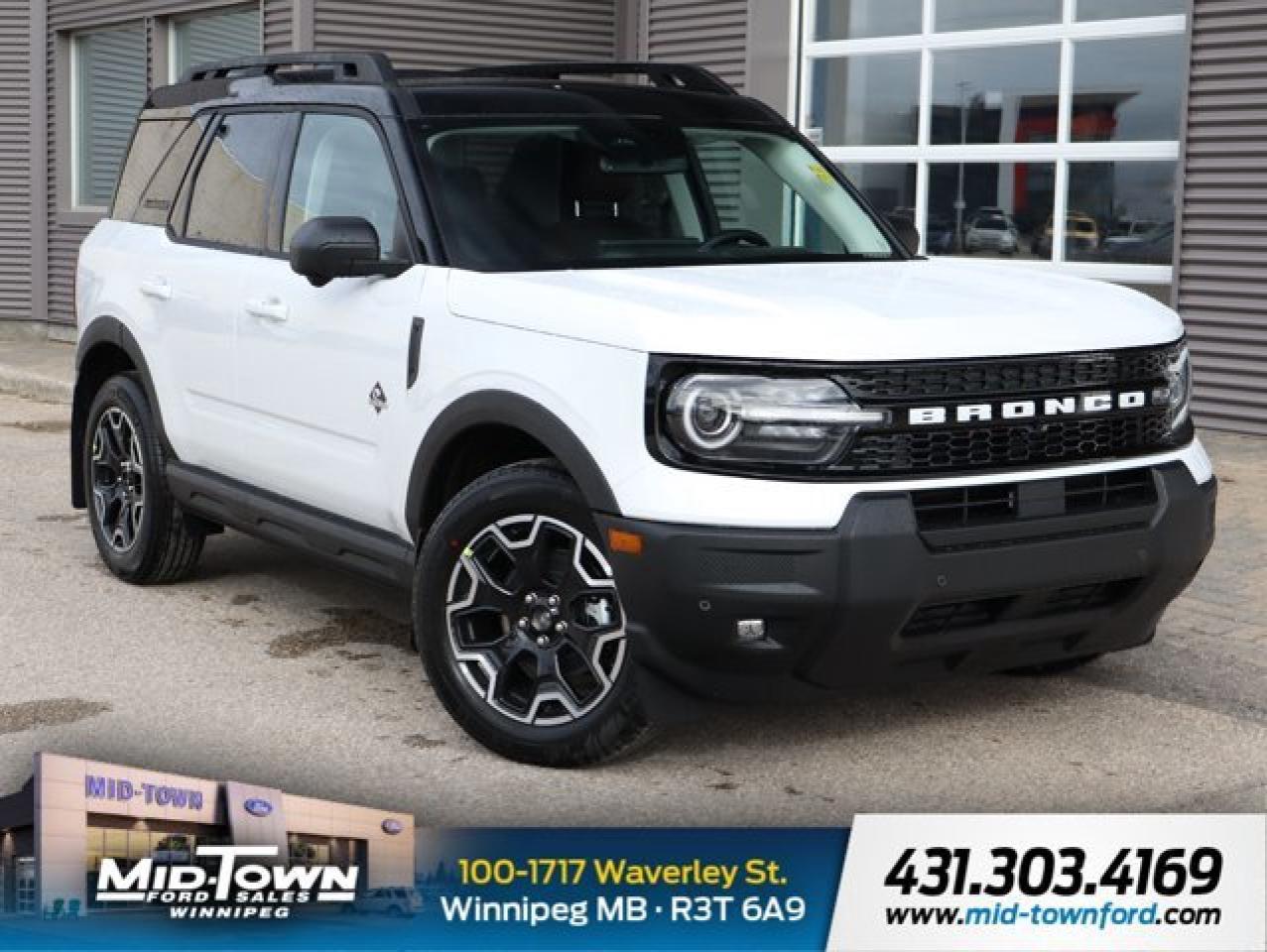===== 2025 Ford Bronco Sport Outer Banks 4x4 =====<br /><br />*Engine:* 1.5L EcoBoost I-3 | *Transmission:* 8-Speed Automatic | *Drivetrain:* Four Wheel Drive<br /><br />*Exterior:* TBD | *Interior:* Premium Synthetic Seats with Heated Front Row<br /><br />The 2025 Ford Bronco Sport Outer Banks 4x4 blends rugged off-road capability with premium refinement. Powered by a 1.5L EcoBoost engine featuring Auto Start-Stop Technology, this SUV offers confident performance and impressive efficiency for both city driving and weekend adventures.<br /><br />==== Key Features: ====<br /><br /> * *Outer Banks Tech Package+* -- Includes Ford Co-Pilot360 Assist 2.0 with Adaptive Cruise Control, Reverse Brake Assist, Evasive Steering Assist, and a 360-Degree Camera with Trail and Split View for superior visibility and safety.<br /> * *Premium Audio & Navigation:* B&O Sound System by Bang & Olufsen with 10 speakers and subwoofer, Connected Navigation with 1-year subscription, live traffic, predictive routing, and pinch-to-zoom capability for seamless connectivity on every drive.<br /> * *Comfort & Convenience:* Power and Heated Glass Sideview Mirrors with Memory, Front Parking Sensors, Power Driver and Passenger Seats, Heated Steering Wheel, Dual-Zone Automatic Climate Control, and a Power Moonroof for open-air enjoyment.<br /> * *Interior Protection:* 2nd Row Carpeted Seatback with Rubberized Mat and Front & Rear Floor Liners (without carpet mats) provide practical durability for active lifestyles.<br /> * *Exterior Enhancements:* Front & Rear Splash Guards, LED Headlights, Fog Lamps, Aluminum Wheels, and Rain-Sensing Wipers deliver both style and utility.<br /> * *Advanced Safety:* Equipped with Blind Spot Monitoring, Lane Departure Warning, Rear Parking Aid, Front Collision Mitigation, and Rear Collision Mitigation for peace of mind wherever the trail leads.<br /> * *Smart Connectivity:* SYNC 4 with Smart Device Integration, WiFi Hotspot, Remote Start, and FordPass Connect for modern convenience and remote accessibility.<br /><br />With its refined cabin, advanced driver-assist technologies, and genuine off-road DNA, the 2025 Ford Bronco Sport Outer Banks 4x4 is built to deliver comfort and confidence in every environment---from downtown streets to unpaved trails.<br /><br />For further information please contact Mid-Town Ford sales department directly at *(431) 303-4169*. Dealer #9695.