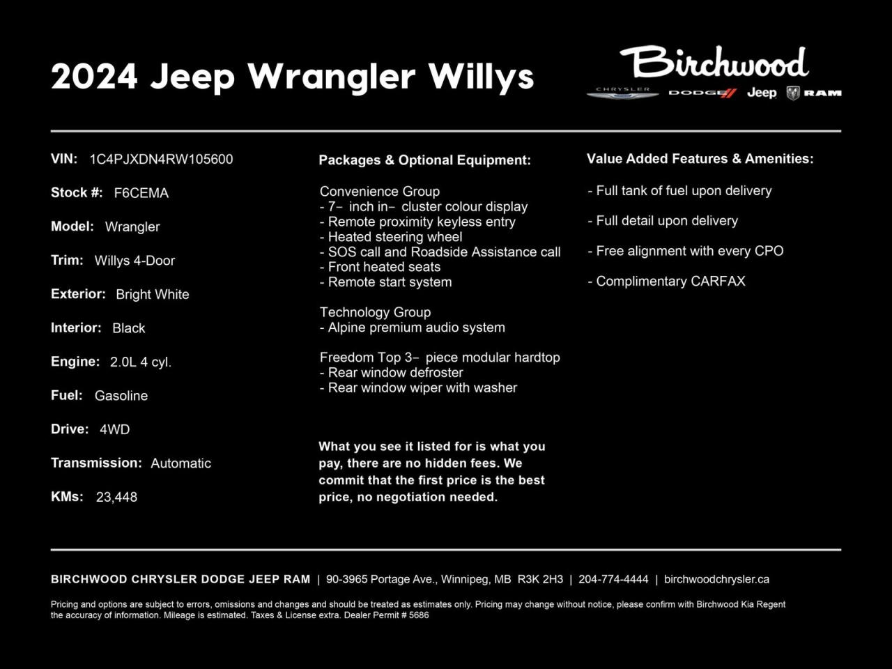 Used 2024 Jeep Wrangler Willys | Local | One Owner | Remote Start | Alpine Audio | for sale in Winnipeg, MB