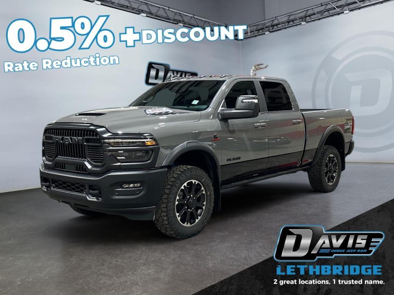 <b>Mopar Rock Rails, Navigation, Heated and Cooled Seats, Blind Spot Detection, Remote Start, Heated Steering Wheel!<br /> <br /></b><br /> <br /> <br />Conquer work sites and off-road trails with the 2026 Ram 2500 Rebel Crew Cab in Ceramic Gray with two-tone lower paint. Powered by a 6.7L Cummins Turbo Diesel I6 engine paired with an 8-speed TorqueFlite HD automatic transmission and 4x4 drivetrain, this truck delivers exceptional towing, payload, and off-road performance.<br /><br />Built for rugged adventure, it features Rebel Performance Suspension, 20 Black Diamond-Cut wheels, LT285/60R20 all-terrain tires, powder-coated bumpers, LED lighting, MOPAR rock rails, and a spray-in bedliner. The interior combines comfort and technology with leather-trimmed ventilated and heated bucket seats, full-length upgraded floor console, folding rear 60/40 seat, Uconnect 5 NAV with 12 touchscreen, Apple CarPlay, Android Auto, Alexa built-in, 9-speaker Alpine audio, and dual wireless charging.<br /><br />Safety and convenience include adaptive cruise control with stop, ParkView rear camera, ParkSense front/rear park assist, blind-spot monitoring with cross-path detection, Class V receiver hitch, tow hooks, trailer sway damping, and tip start. The 2026 Ram 2500 Rebel blends power, comfort, and advanced technology for work or adventure.<br /> <br />To apply right now for financing use this link: <a href=https://lethbridge.davisdodge.ca/free-credit-check/ target=_blank rel=nofollow noopener noreferrer>https://lethbridge.davisdodge.ca/free-credit-check/</a><br /><br /> <br /><br />As a premier Chrysler, Dodge, Jeep and RAM dealership, Davis Dodge proudly offers an extensive selection of new and used vehicles to meet every drivers needs. Customers across Lethbridge, Fort Macleod, Taber, Claresholm, Coaldale, and beyond trust us for daily vehicle specials, certified service and parts, and a seamless online inventory experience. <br /><br /> With competitive financing options and expert support, we make car buying easy and enjoyable. <br /><br /> Ready to hit the road? Schedule your test drive today at Davis Dodge, your trusted Chrysler, Dodge, Jeep and RAM dealer in Lethbridge, Alberta.<br /><br /> Vehicle pricing offer shown expires 2026-03-31. <br /> Come by and check out our fleet of 60+ used cars and trucks and 120+ new cars and trucks for sale in Lethbridge. o~o