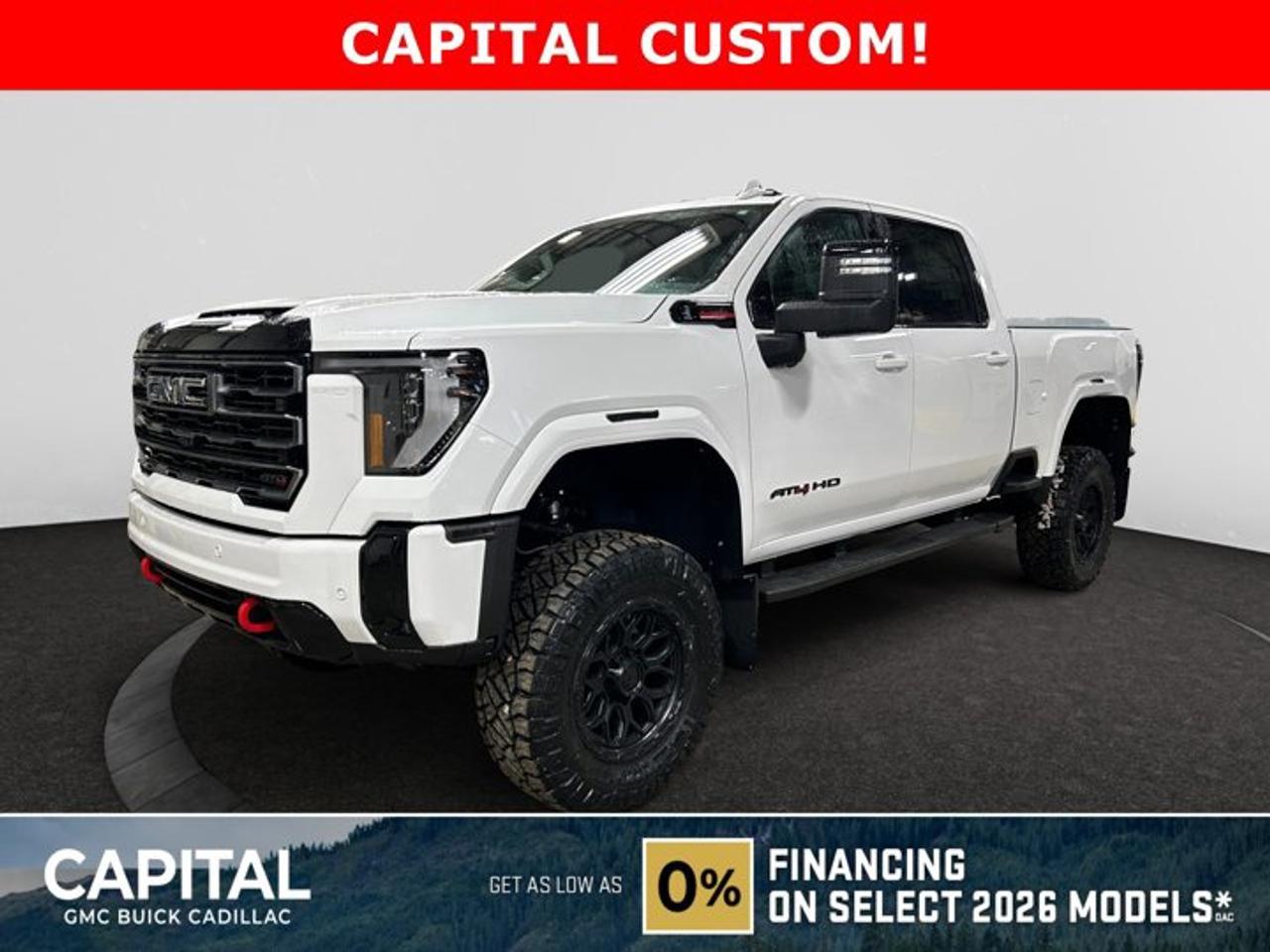 *This 2026 GMC Sierra AT4 2500HD Capital Custom Lifted Truck in Summit White is equipped with 4WD and Turbocharged Diesel V8 6.6L/ engine. It is tricked out with a 6.5 lift kit, fox shocks, black emblems, Nitto 37 tires, Trigger mudflaps, smoked led fender flare lights, and Fuel surge wheels!*Check out this vehicles pictures, features, options and specs, and let us know if you have any questions. Helping find the perfect vehicle FOR YOU is our only priority.P.S...Sometimes texting is easier. Text (or call) 306-801-9090 for fast answers at your fingertips!Dealer License #914248Disclaimer: All prices are plus taxes & fees. See dealer for Details. Dealer Permit # 914248 See dealer for Details.