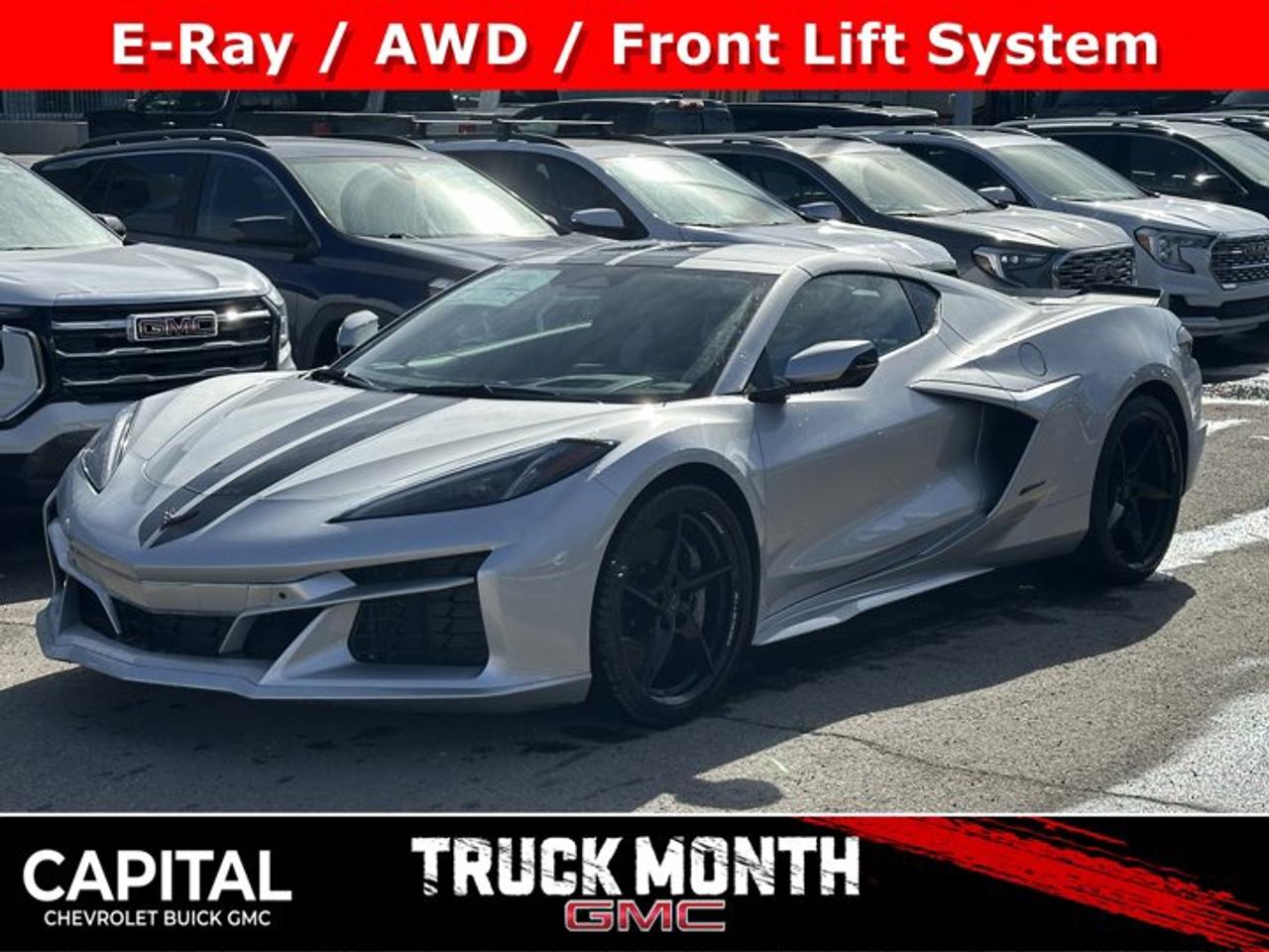 This Chevrolet Corvette boasts a Gas V8 6.2L/ engine powering this Automatic transmission. ZER PERFORMANCE PACKAGE includes (XFR) 275/30ZR20 front and 345/25ZR21 rear, blackwall, high performance tires and (FED) ZER suspension with Magnetic Selective Ride Control, WHEELS, 20 X 10 (50.8 CM X 25.4 CM) FRONT AND 21 X 13 (53.3 CM X 33 CM) REAR GLOSS BLACK FORGED ALUMINUM, TRANSMISSION, 8-SPEED DUAL CLUTCH, INCLUDES MANUAL AND AUTO MODES (STD).* This Chevrolet Corvette Features the Following Options *STEALTH INTERIOR TRIM PACKAGE dark finish aluminum trim, BATTERY PROTECTION PACKAGE (12 volt battery.) , SEATS, GT2 BUCKET, LPO, SPOILER EXTENSION, CLEAR SMOKED CENTRE BRIDGE WITH JAKE LOGO Genuine Corvette Accessory, LPO, FRONT RADIATOR GRILLE SCREENS Genuine Corvette Accessory, LPO, FLOOR MATS, PREMIUM CARPETED with car silhouette logo, Genuine Corvette Accessory, FRONT LIFT ADJUSTABLE HEIGHT WITH MEMORY includes (TR7) automatic headlamp levelling system, EXHAUST TIPS, BLACK, ENGINE, 6.2L V8 DI, HIGH-OUTPUT Variable Valve Timing (VVT), Active Fuel Management (AFM) (495 hp [369.1 kW] @ 6450 rpm, 470 lb-ft of rear torque [637.2 N-m] @ 5150 rpm). 655 (488.4 kW) total combined hp with HP1 electrified front axle propulsion. (STD), CARBON FLASH METALLIC FULL LENGTH DUAL RACING STRIPES.* Stop By Today *Stop by Capital Chevrolet Buick GMC Inc. located at 13103 Lake Fraser Drive SE, Calgary, AB T2J 3H5 for a quick visit and a great vehicle!