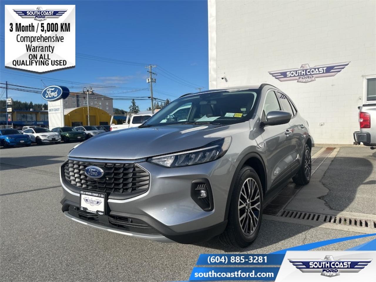<b>Low Mileage, Hybrid!</b><br> <br> <p style=color:Blue;><b>Upgrade your ride at South Coast Ford with peace of mind! Our used vehicles come with a minimum of 5,000 km and 3 months of Comprehensive Vehicle Warranty. Drive with confidence knowing your investment is protected.</b></p><br> <br> Compare at $36990 - Our Price is just $34887! <br> <br>This 2023 Ford Escape is engineered to be powerful, comfortable, and of course, stylish. This 2023 Ford Escape is for sale today in Sechelt.<br> <br>This Ford Escape was built for an active lifestyle and offers plenty of options for you to hit the road in your own individual style. Whether you need a family SUV for soccer practice, a capable adventure vehicle, or both, the versatile Ford Escape has you covered. Built for those who live on the go, the 2023 Ford Escape is made to be unstoppable.<br> <br>This low mileage SUV has just 7,013 km. Its Iconic Silver Metallic in colour and is completely accident free based on the <a href=https://vhr.carfax.ca/?id=NU7ofxAE7q+OMaD0oQvWyrNw0QJ62D9E target=_blank>CARFAX Report</a>. It has a CVT transmission and is powered by a 210HP 2.5L 4 Cylinder Engine. <br> <br> Our Escapes trim level is PHEV. With an extremely efficient yet potent plug-in hybrid powertrain with fast charging, this Escape PHEV features heated front seats with ActiveX synthetic leather upholstery, a heated leatherette steering wheel, adaptive cruise control, remote engine start, and an upgraded 13.2-inch infotainment system now with an integrated navigation system, along with wireless Apple CarPlay and Android Auto. Safety technology also receives an upgrade, with reverse parking sensors, intersection assist and evasive steering assist, along with blind spot monitoring, lane departure warning with lane keeping assist, front and rear collision mitigation, and driver monitoring alert. Additional features include power heated side mirrors, front fog lamps, roof rack rails, and so much more. This vehicle has been upgraded with the following features: Hybrid.<br> To view the original window sticker for this vehicle view this <a href=http://www.windowsticker.forddirect.com/windowsticker.pdf?vin=1FMCU0E18PUB04477 target=_blank>http://www.windowsticker.forddirect.com/windowsticker.pdf?vin=1FMCU0E18PUB04477</a>. <br/><br> <br>To apply right now for financing use this link: <a href=https://www.southcoastford.com/financing/ target=_blank>https://www.southcoastford.com/financing/</a><br> <br/>Buy this vehicle now for the lowest bi-weekly payment of <b>$286.21</b> with $0 down for 84 months @ 7.99% APR O.A.C. (All rates are OAC. Check with our team for rate specials on new and used vehicles. Banks will have financed minimum amounts for certain rates. / Total Obligation of $47820 ). See dealer for details. <br><br>Call South Coast Ford Sales or come visit us in person. Were convenient to Sechelt, BC and located at 5606 Wharf Avenue. and look forward to helping you with your automotive needs.<br><br> Come by and check out our fleet of 20+ used cars and trucks and 90+ new cars and trucks for sale in Sechelt.  o~o