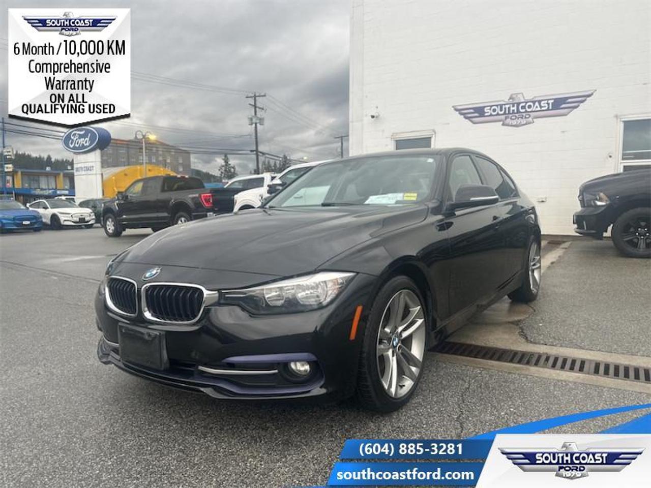 <b>Sunroof,  Navigation,  Memory Seats,  Park Assist,  Heated Steering Wheel!</b><br> <br> <p style=color:Blue;><b>Upgrade your ride at South Coast Ford with peace of mind! Our used vehicles come with a minimum of 10,000 km and 6 months of Comprehensive Vehicle Warranty. Drive with confidence knowing your investment is protected.</b></p><br> <br> Compare at $18490 - Our Price is just $17404! <br> <br>While the 3 Series offers a luxurious and driver-focused interior, it also provides exemplary handling and acceleration. This 2016 BMW 3 Series is for sale today in Sechelt. <br> <br>The 3 Series is once again reinvigorated this year, with more angular and sharper lines reminiscent of historic sports car models with the snub rear end and long snout. From its simplistic and well laid out cockpit to the design language accentuating the elegance and performance of this BMW, this 3 Series might just be the best car that the manufacturer has created in a long while. This sedan has 95,527 km. Its Black in colour. It has a 8 Speed Automatic transmission and is powered by a 184HP 2.0L 4 Cylinder Engine. <br> <br> Our 3 Seriess trim level is 320i xDrive. This 320i xDrive is ready to show you some real performance. Geared with features including a sunroof, heated steering wheel, sporty alloy wheels, automatic halogen headlamps, fog lights, parking sensors, navigation, steering wheel controls, Bluetooth, climate control, memory seats, anti-theft AM/FM stereo/CD player with 6 speakers and 2 subwoofers, heated seats, remote keyless entry, and dynamic cruise control. This vehicle has been upgraded with the following features: Sunroof, Navigation, Memory Seats, Park Assist, Heated Steering Wheel, Heated Seats, Steering Wheel Controls.<br> <br>To apply right now for financing use this link: <a href=https://www.southcoastford.com/financing/ target=_blank>https://www.southcoastford.com/financing/</a><br><br> <br/><br> Buy this vehicle now for the lowest bi-weekly payment of <b>$184.51</b> with $0 down for 66 months @ 9.99% APR O.A.C. (All rates are OAC. Check with our team for rate specials on new and used vehicles. Banks will have financed minimum amounts for certain rates.     / Total Obligation of $24213  ).  See dealer for details. <br> <br>Call South Coast Ford Sales or come visit us in person. Were convenient to Sechelt, BC and located at 5606 Wharf Avenue. and look forward to helping you with your automotive needs.<br><br> Come by and check out our fleet of 20+ used cars and trucks and 90+ new cars and trucks for sale in Sechelt.  o~o