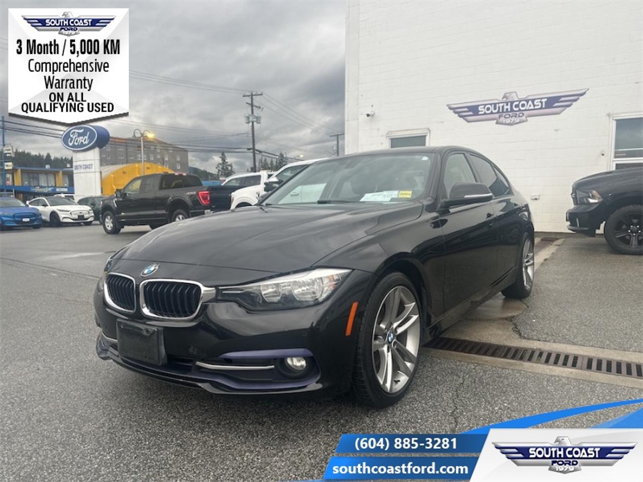 <b>Sunroof,  Navigation,  Memory Seats,  Park Assist,  Heated Steering Wheel!</b><br> <br> <p style=color:Blue;><b>Upgrade your ride at South Coast Ford with peace of mind! Our used vehicles come with a minimum of 5,000 km and 3 months of Comprehensive Vehicle Warranty. Drive with confidence knowing your investment is protected.</b></p><br> <br> Compare at $18490 - Our Price is just $17404! <br> <br>This 3 Series gets excellent fuel economy without sacrificing an enjoyable drive. This 2016 BMW 3 Series is for sale today in Sechelt.<br> <br>The 3 Series is once again reinvigorated this year, with more angular and sharper lines reminiscent of historic sports car models with the snub rear end and long snout. From its simplistic and well laid out cockpit to the design language accentuating the elegance and performance of this BMW, this 3 Series might just be the best car that the manufacturer has created in a long while.<br> <br>This sedan has 95,527 km. Its Black in colour. It has a 8 Speed Automatic transmission and is powered by a 184HP 2.0L 4 Cylinder Engine. <br> <br> Our 3 Seriess trim level is 320i xDrive. This 320i xDrive is ready to show you some real performance. Geared with features including a sunroof, heated steering wheel, sporty alloy wheels, automatic halogen headlamps, fog lights, parking sensors, navigation, steering wheel controls, Bluetooth, climate control, memory seats, anti-theft AM/FM stereo/CD player with 6 speakers and 2 subwoofers, heated seats, remote keyless entry, and dynamic cruise control. This vehicle has been upgraded with the following features: Sunroof, Navigation, Memory Seats, Park Assist, Heated Steering Wheel, Heated Seats, Steering Wheel Controls.<br> <br>To apply right now for financing use this link: <a href=https://www.southcoastford.com/financing/ target=_blank>https://www.southcoastford.com/financing/</a><br> <br/>Buy this vehicle now for the lowest bi-weekly payment of <b>$184.51</b> with $0 down for 66 months @ 9.99% APR O.A.C. (All rates are OAC. Check with our team for rate specials on new and used vehicles. Banks will have financed minimum amounts for certain rates. / Total Obligation of $24213 ). See dealer for details. <br><br>Call South Coast Ford Sales or come visit us in person. Were convenient to Sechelt, BC and located at 5606 Wharf Avenue. and look forward to helping you with your automotive needs.<br><br> Come by and check out our fleet of 20+ used cars and trucks and 100+ new cars and trucks for sale in Sechelt.  o~o