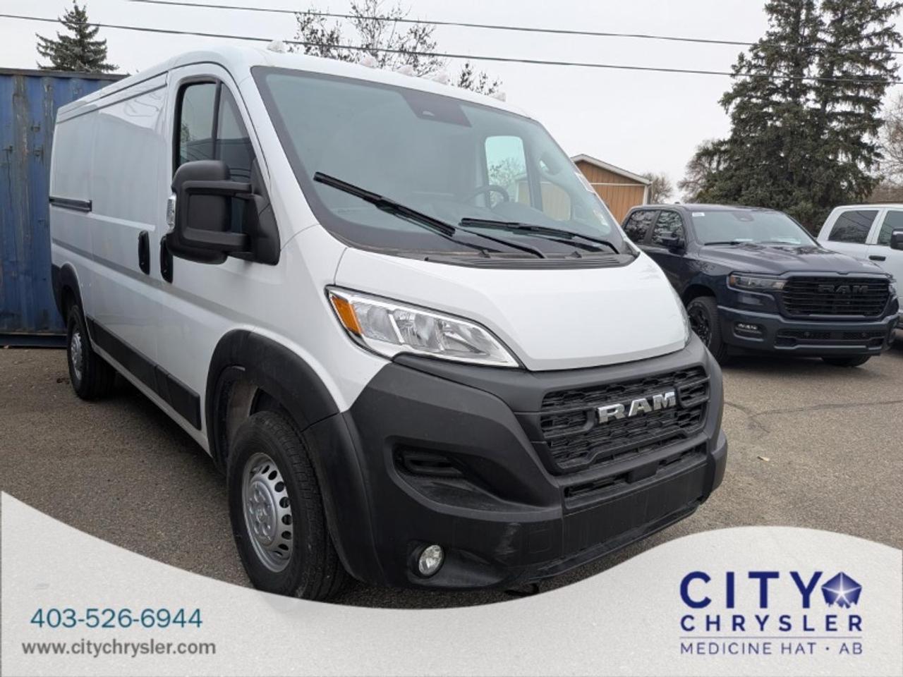 Introducing the highly capable and versatile 2025 RAM 1500 ProMaster Cargo Van 136 WB engineered to be the ultimate mobile workspace for your business. Presented in a clean Bright White exterior this ProMaster features a practical Black interior with durable cloth front bucket seats designed for comfort during long workdays.Under the hood this ProMaster is powered by the efficient 3.6L Pentastar V6 engine delivering reliable performance for urban deliveries and highway travel. Its seamlessly paired with a responsive 9speed automatic transmission ensuring smooth power delivery and optimized fuel economy.This ProMaster comes equipped with the Premium Convenience Group significantly enhancing your daily operations. Stay connected and in control with the cutting-edge Uconnect 5 NAV with a 10.1inch touchscreen display offering integrated GPS navigation Google Android Auto and Apple CarPlay capable. The 7inch full-colour customizable incluster display provides vital information at a glance. Enjoy convenient features like remote proximity keyless entry wireless charging pad rain-sensing windshield wipers and automatic high-beam headlamp control.Further boosting practicality this van includes a manual 4-way adjustable front passenger seat from the Customer Preferred Package 22B allowing for flexible interior configurations. The Convenience Group also adds power-folding heated exterior mirrors rear cargo LED lamp and fog lamps enhancing safety and utility in various conditions. The Class IV hitch receiver expands its capability for towing additional equipment.Safety is paramount with a comprehensive suite of features including Full-Speed Forward Collision Warning Plus Pedestrian/Cyclist emergency braking Drowsy driver detection Traffic Sign Recognition Adaptive Cruise Control with Stop &amp Go ParkView Rear BackUp Camera and ParkSense Rear Park Assist System. Blind-Spot Monitoring with Rear Cross-Path Detection further assists with safe maneuvering. Functional features like Electronic Stability Control All-Speed Traction Control Trailer Sway Control and Hill Start Assist provide confidence on the road.Serving Medicine Hat Alberta and nearby communities like Taber Lethbridge Brooks and Maple Creek Saskatchewan we uphold a legacy of excellence in every vehicle we sell. Our dealership sets the standard for Jeep Dodge Ram and Chrysler providing exceptional service and a commitment you can trust.