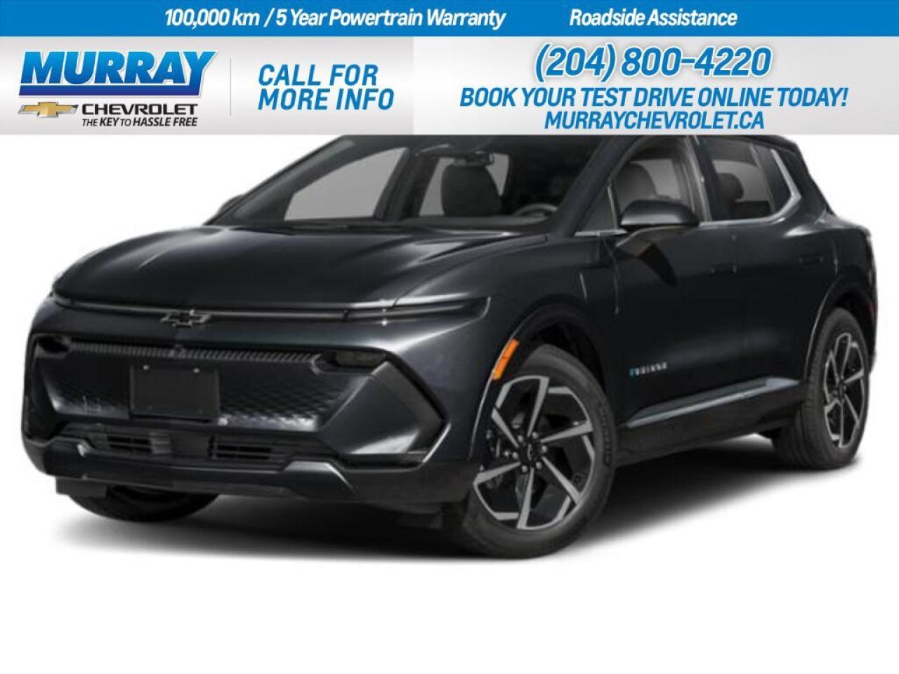 * PROPULSION DUAL MOTOR ALL-WHEEL DRIVE (AWD) * * MIDNIGHT PACKAGE includes Black emblems for bowtie wheel caps nameplate and AWD when used. OSRVM painted (DP6) Black Black mid fascia. Includes (Q84) 19 Black painted wheel * * Aerial View Display System *  Experience the pinnacle of electric innovation with the 2026 Chevrolet Equinox EV LT in Winnipeg. A masterful blend of style and technology, this sport utility vehicle comes equipped with a cutting-edge **propulsion dual motor all-wheel drive** system, ensuring you have the power and stability to tackle any road conditions with confidence. The **Midnight Package** adds a touch of sophistication, featuring black emblems, wheel caps, and a black mid fascia, all complemented by sleek 19-inch black-painted wheels for a truly distinctive appearance.  The **Aerial View Display System** offers you a comprehensive view of your surroundings, enhancing safety and convenience during your drive. The Equinox EV LT also features an intuitive navigation system, adaptive cruise control, and advanced safety technologies such as lane departure warning and rear collision mitigation. Enjoy the comfort of heated front seats and the convenience of a keyless entry system, all while staying connected with Bluetooth capability and a Wi-Fi hotspot.  With its electric drive unit, this Equinox represents the future of driving, offering not just performance but also a commitment to sustainability. Discover the blend of luxury and innovation that only Murray Chevrolet Winnipeg can offer.   Dealer Permit #1740