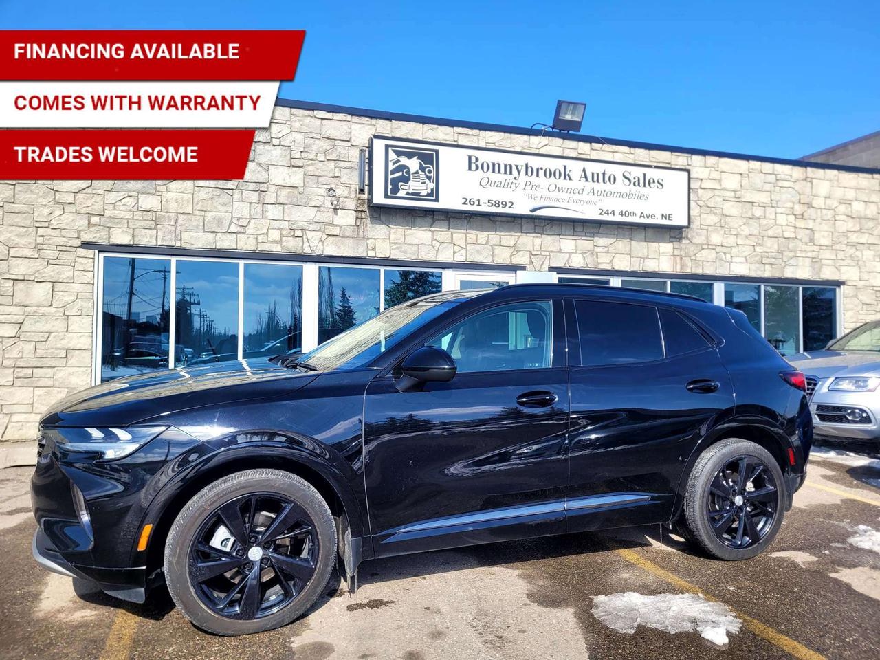 Need a vehicle that has style and class? Look at our Pre-Owned 2021 BUICK ENVISION ESSENCE AWD (Pictured in photo) Filled with top options including: Heated Leather Seats, 2 Sets of tires and wheels or rims, Panoramic Sunroof, Keyless Entry, Remote starter, Bluetooth, Blind spot indicators, Navigation, Power Mirrors, Power Locks, Power Windows. Rearview camera /Air /Tilt /Cruise/ All wheel drive system. Traction  like a 4 wheel drive. Comes with 6 month power train warranty with options to extend. Smooth ride at a great price thats ready for your test drive. Fully inspected and given a clean bill of health by our technicians. Fully detailed on the interior and exterior so it feels like new to you. There should never be any surprises when buying a used car, thats why we share our Mechanical Fitness Assessment and Carfax with our customers, so you know what we know. Bonnybrook Auto sales is helping thousands find quality used vehicles at prices they can afford. If you would like to book a test drive, have questions about a vehicle or need information on finance rates, give our friendly staff a call today! Bonnybrook auto sales is proudly one of the few car dealerships that have been serving Calgary for over Twenty years. /TRADE INS WELCOMED/ Amvic Licensed Business.  Due to the recent increase for used vehicles.  Demand and sales combined with  the U.S exchange rate, a lot  vehicles are being exported to the U.S. We are in need of pre-owned vehicles. We give top dollar for your trades.  We also purchase all makes and models of vehicles.