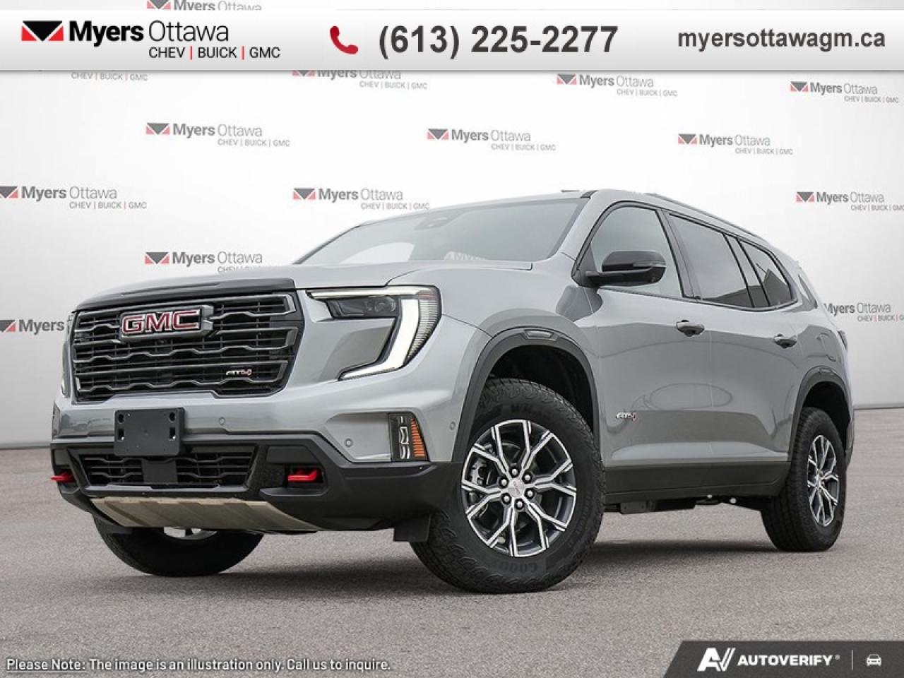 <br> <br>  This GMC Acadia offers generous occupant space, stellar driving capabilities and excellent fuel economy, with plenty of features and the right amount of luxury. <br> <br>Wherever the roads lead, go confidently in this 2026 GMC Acadia. This SUV offers versatile space and impressive functionality that are seamlessly blended with style, safety, and top notch technology. This Acadia makes a strong impression with its confident stance and bold styling from front to back and its details, big or small, make it a truly distinctive crossover vehicle. <br> <br> This Sterling Metallic SUV  has an Automatic transmission and is powered by a  328HP 2.5L 4 Cylinder Engine.<br> <br> Our Acadias trim level is AT4. Standard features include trailing equipment with hitch guidance and a tow hitch, the Driver Convenience Package with heated front seats, a heated steering wheel, remote start and a power liftgate for rear cargo access, Assisted Driving Package with lane keeping assist with lane departure warning, automatic emergency braking, and adaptive cruise control. Also standard include a wireless charging pad for mobile devices, a 12-speaker Bose premium audio system, a 15-inch infotainment screen with navigation capability, Apple CarPlay and Android Auto, and even more! This vehicle has been upgraded with the following features: SUNROOF,  POWER,  PANORAMIC SUNROOF. <br><br> <br>To apply right now for financing use this link: <a href=https://creditonline.dealertrack.ca/Web/Default.aspx?Token=b35bf617-8dfe-4a3a-b6ae-b4e858efb71d&Lang=en target=_blank>https://creditonline.dealertrack.ca/Web/Default.aspx?Token=b35bf617-8dfe-4a3a-b6ae-b4e858efb71d&Lang=en</a><br><br> <br/>    4.79% financing for 84 months. <br> Buy this vehicle now for the lowest bi-weekly payment of <b>$502.00</b> with $0 down for 84 months @ 4.79% APR O.A.C. ( taxes included, **Rebates may not be applicable on all purchase types [cash, lease, or finance]. Eligibility and conditions may vary. Please see dealer for full details and confirmation of eligibility.   ).  Incentives expire 2026-02-02.  See dealer for details. <br> <br><br> Come by and check out our fleet of 50+ used cars and trucks and 190+ new cars and trucks for sale in Ottawa.  o~o