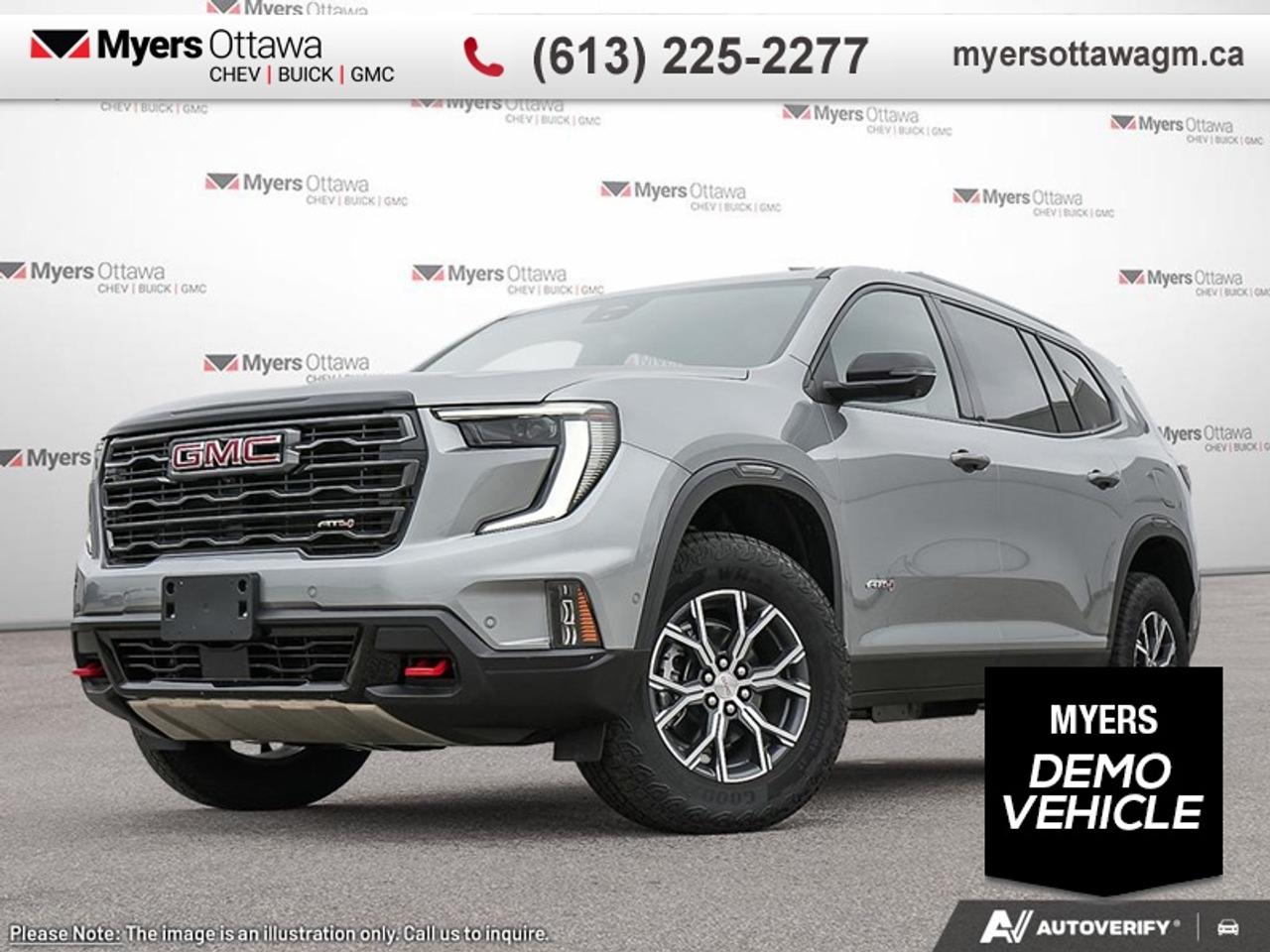 <br> <br>This GMC Acadia offers generous occupant space, stellar driving capabilities and excellent fuel economy, with plenty of features and the right amount of luxury. <br> <br>Wherever the roads lead, go confidently in this 2026 GMC Acadia. This SUV offers versatile space and impressive functionality that are seamlessly blended with style, safety, and top notch technology. This Acadia makes a strong impression with its confident stance and bold styling from front to back and its details, big or small, make it a truly distinctive crossover vehicle.<br> <br>This Sterling Metallic SUV has an Automatic transmission and is powered by a 328HP 2.5L 4 Cylinder Engine. <br> <br> Our Acadias trim level is AT4. Standard features include trailing equipment with hitch guidance and a tow hitch, the Driver Convenience Package with heated front seats, a heated steering wheel, remote start and a power liftgate for rear cargo access, Assisted Driving Package with lane keeping assist with lane departure warning, automatic emergency braking, and adaptive cruise control. Also standard include a wireless charging pad for mobile devices, a 12-speaker Bose premium audio system, a 15-inch infotainment screen with navigation capability, Apple CarPlay and Android Auto, and even more! This vehicle has been upgraded with the following features: SUNROOF, POWER, PANORAMIC SUNROOF. This is a demonstrator vehicle driven by a member of our staff, so we can offer a great deal on it.<br><br> <br>To apply right now for financing use this link: <a href=https://creditonline.dealertrack.ca/Web/Default.aspx?Token=b35bf617-8dfe-4a3a-b6ae-b4e858efb71d&Lang=en target=_blank>https://creditonline.dealertrack.ca/Web/Default.aspx?Token=b35bf617-8dfe-4a3a-b6ae-b4e858efb71d&Lang=en</a><br><br> <br/> Weve discounted this vehicle $2500.    4.79% financing for 84 months. <br> Buy this vehicle now for the lowest bi-weekly payment of <b>$485.91</b> with $0 down for 84 months @ 4.79% APR O.A.C. ( taxes included, **Rebates may not be applicable on all purchase types [cash, lease, or finance]. Eligibility and conditions may vary. Please see dealer for full details and confirmation of eligibility.   ).  Incentives expire 2026-04-30.  See dealer for details. <br> <br><br> Come by and check out our fleet of 50+ used cars and trucks and 200+ new cars and trucks for sale in Ottawa.  o~o