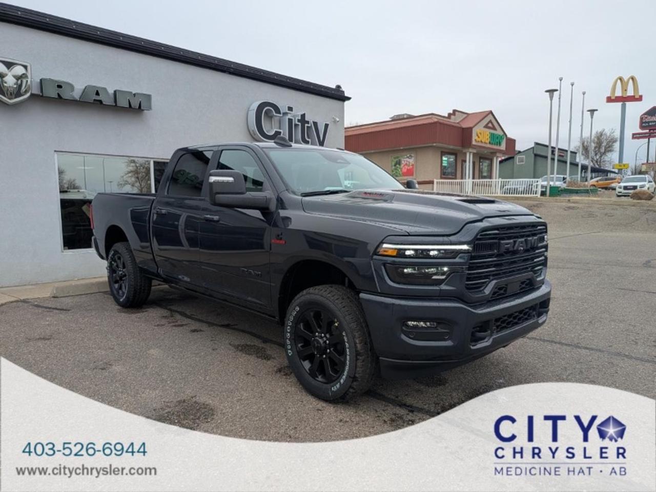 The 2026 RAM 3500 Laramie offers serious muscle and refined style for drivers needing top-tier towing capacity and comfort. Powered by a 6.7L Cummins turbo diesel engine producing 430 horsepower and equipped with 4WD this truck is built for demanding jobs. The Laramie trim adds upscale touches to its Crew Cab layout blending rugged functionality with premium features perfect for both work and leisure.**Specifications:****Make:** RAM**Model Year:** 2026**Model:** 3500**Trim:** Laramie**Body Class:** Pickup**Vehicle Type:** Truck**Drive Type:** 4WD/4-Wheel Drive/4x4**Brake System Type:** Hydraulic**Anti-lock Braking System (ABS):** Standard**Engine Manufacturer:** Cummins**Engine Configuration:** In-Line**Engine Number of Cylinders:** 6**Engine Displacement:** 6.7L**Fuel Type - Primary:** Diesel**Engine Brake Horsepower:** 430 hp**Turbo:** Yes**Cab Type:** Crew/Super Crew/Crew Max**Bed Type:** Short**Steering Location:** Left-Hand Drive (LHD)**Seat Belt Type:** Manual**Restraint System:** Active BeltsCity Chrysler holds a high standard of service &amp excellence for our customers. We are located on the northside of highway 3 of Medicine Hat. Servicing areas from Swift Current to Lethbridge Brooks &amp Taber. Our legacy is to make sure our customers feel right at home as well as taken care of in the highest priority. We are known for being down to earth super friendly and very knowledgeable. We provide excellent customer service and if you are tired of high-pressure sales then City Chrysler is for you. Check out our Google reviews because they tell our story. Then give us a call send us an email or stop by and let us get to work for you! Bankruptcies No credit Bad credit Slow credit Dont sweat it! Get preapproved today
