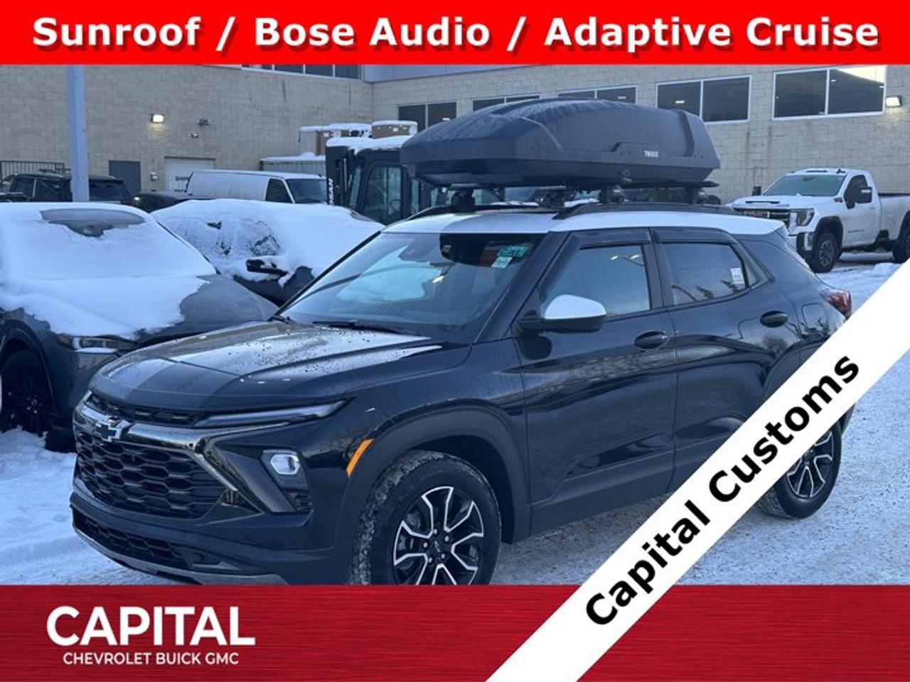 This Chevrolet Trailblazer boasts a Gas I3 1.3L/ engine powering this Automatic transmission. TRANSMISSION, 9-SPEED AUTOMATIC (STD), SUNROOF, POWER, DUAL-PANE, PANORAMIC, MOSAIC BLACK METALLIC.* This Chevrolet Trailblazer Features the Following Options *ADAPTIVE CRUISE AND SOUND PACKAGE includes (UQA) Bose premium 7-speaker system and (KSG) Adaptive Cruise Control , LPO, SPORT PEDAL KIT, LPO, ALL-WEATHER FLOOR LINERS, FRONT AND REAR, ENGINE, ECOTEC 1.3L I3 TURBO DOHC SIDI WITH VARIABLE VALVE TIMING (VVT) (155 hp [115 kW] @ 5600 rpm, 174 lb-ft torque [236 N-m] @ 1600 rpm) (STD), ENGINE BLOCK HEATER, ACTIV PREFERRED EQUIPMENT GROUP Includes Standard Equipment, 3 YEARS SIRIUSXM, Wireless Apple CarPlay/Wireless Android Auto, Wiper, rear intermittent, Windshield, solar absorbing.* Visit Us Today *For a must-own Chevrolet Trailblazer come see us at Capital Chevrolet Buick GMC Inc., 13103 Lake Fraser Drive SE, Calgary, AB T2J 3H5. Just minutes away!