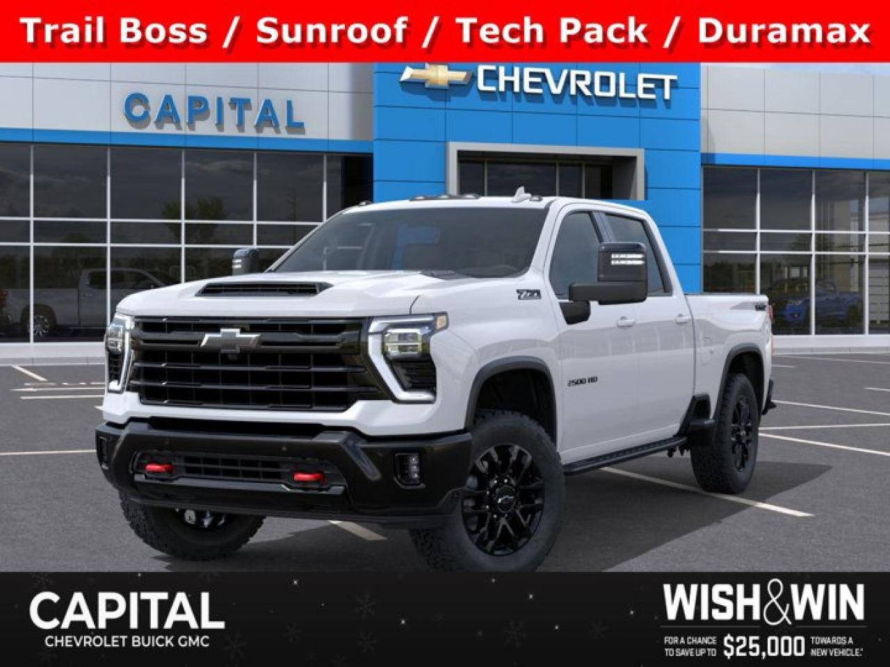 This Chevrolet Silverado 2500HD boasts a Turbocharged Diesel V8 6.6L/ engine powering this Automatic transmission. Z71 OFF-ROAD PACKAGE includes (Z71) Off-Road suspension with off-road tuned twin tube Rancho shocks, (JHD) Hill Descent Control and (NZZ) skid plates (transfer case and oil pan), TRANSMISSION, 10-SPEED AUTOMATIC, TRAIL BOSS PACKAGE Includes black grille bar with Chevy Black Bow Tie, Black grille inserts, (SRI) 20 High gloss Black painted wheels, (VB5) High Gloss Black painted front bumper, (VT5) High Gloss Black painted rear bumper, (UGA) Red Tow Hooks, (QFG) LT275/65R20 BF Goodrich off-road tires, Black skid plate, Black badging, Black bowtie on horn pad, (DP6) High Gloss Black mirror caps, Black hood vent surround, High Gloss Black door handles and (CGN) Chevytec spray-on bedliner. Includes Black beltline mouldings..*This Chevrolet Silverado 2500HD Comes Equipped with These Options *TECHNOLOGY PACKAGE includes (DRZ) Rear Camera Mirror and (UV6) Multicolour 15 Diagonal Head-Up Display, LTZ PLUS PACKAGE includes (PCZ) LTZ Convenience Package and (PQB) Safety Package, LTZ CONVENIENCE PACKAGE II includes (A48) Rear sliding power window, (UG1) Universal Home Remote, (KA6) Rear Heated Outboard seats and (KSG) Adaptive Cruise Control. , LTZ PREFERRED EQUIPMENT GROUP includes standard equipment, LPO, OFF-ROAD HIGH CLEARANCE STEPS (dealer-installed), LPO, HARD FOLDING TRUCK BED COVER BY REALTRUCK ADVANTAGE (dealer-installed), LPO, ALL-WEATHER FLOOR LINERS 1st and 2nd rows, (includes Z71 logo on front mats), LAMPS, SMOKED AMBER ROOF MARKER, (LED), HIGH IDLE SWITCH, GVWR, 11,300 LBS. (5126 KG).* Visit Us Today *Live a little- stop by Capital Chevrolet Buick GMC Inc. located at 13103 Lake Fraser Drive SE, Calgary, AB T2J 3H5 to make this car yours today!