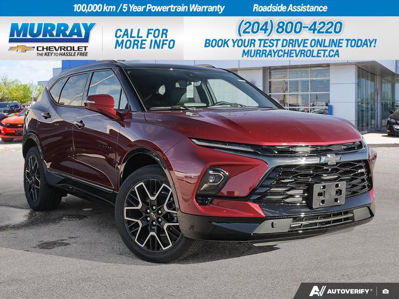 *SAFETY PLUS PACKAGE includes Adaptive Cruise Control, Enhanced Automatic Emergency Braking, and Safety Alert Seat* *ENGINE 3.6L V6 SIDI DOHC WITH VARIABLE VALVE TIMING (VVT) and Active Fuel Management with Stop/Start* *TRANSMISSION 9-SPEED AUTOMATIC ELECTRONICALLY-CONTROLLED with overdrive*  Experience the perfect blend of luxury and performance with the 2026 Chevrolet Blazer RS, available now in Winnipeg. This Sport Utility vehicle stands out with its sleek Radiant Red Tintcoat and eye-catching 21 high gloss black wheels with a machined face. Inside, the jet black with red accents perforated leather-appointed seat trim offers a touch of class and comfort, complemented by a panoramic roof that ensures every drive is an experience to remember.  Under the hood, the powerful 3.6L V6 engine delivers an impressive 308 horsepower, paired with a smooth 9-speed automatic transmission that enhances your driving experience. The advanced all-wheel-drive system provides superb handling and stability, making it perfect for any road condition.  Enjoy cutting-edge technology with features like a WiFi hotspot, Bluetooth connection, and a premium sound system that keeps you connected and entertained on the go. The Blazer RS is designed for safety and convenience with smart features like a hands-free liftgate, lane departure warning, and a rear camera mirror, ensuring peace of mind every time you hit the road.  DisplayTrim: SAFETY PLUS PACKAGE Dealer Permit #1740