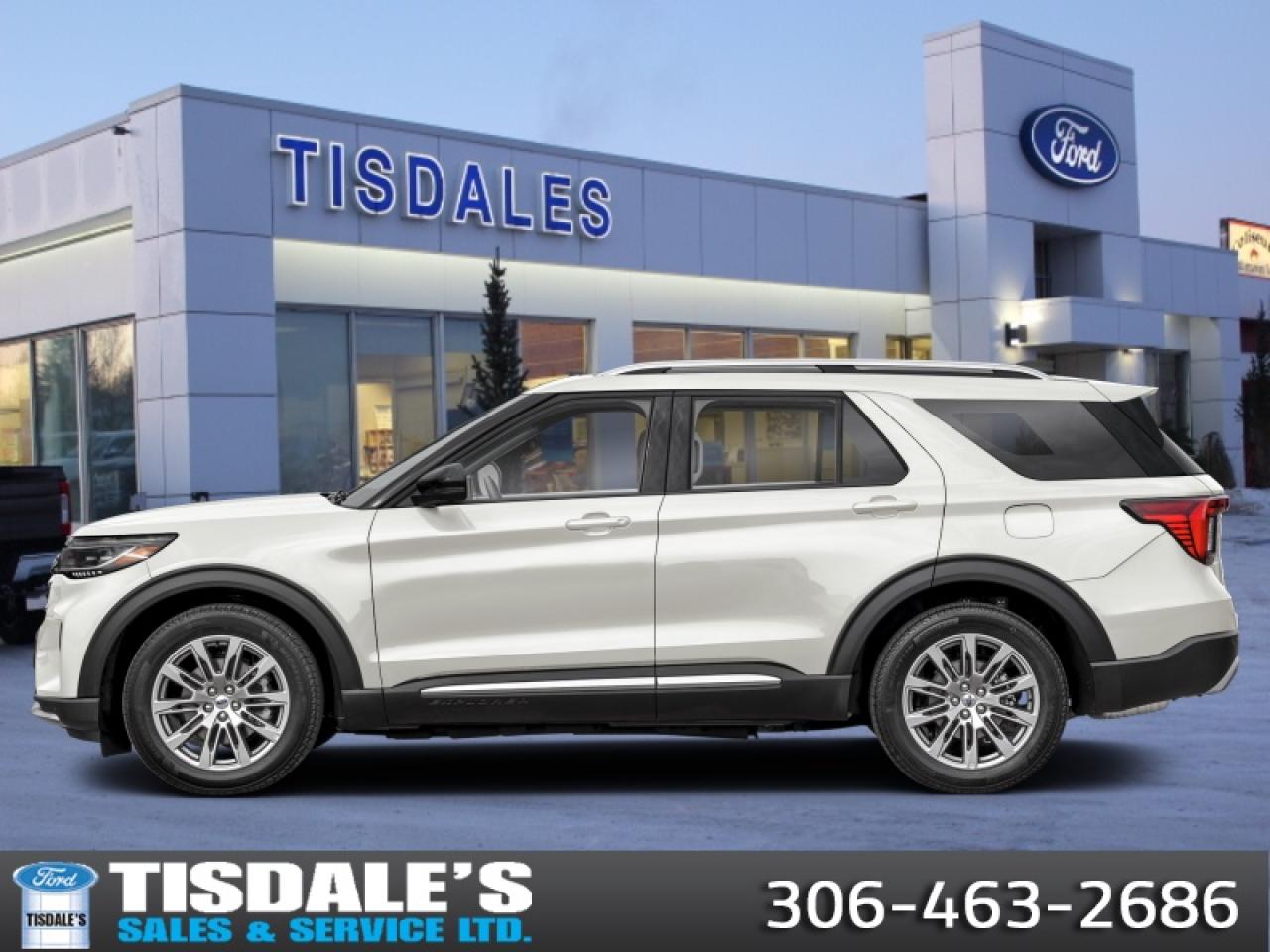 <b>Leather Package!</b><br> <br> <br> <br>Check out the large selection of new Fords at Tisdales today!<br> <br>  This 2026 Explorer was built to do more than just get groceries, with all-new technologies, this SUV was built for adventure. <br> <br>This Ford Explorer is the ultimate lifestyle vehicle with plenty of style and space for all of your passengers and cargo. It has the hauling capabilities of a midsize SUV combined with strong off-road capabilities. Whether your next family adventure is to the grocery store or over a high mountain pass, the Ford Explorer was built to get you there with ease.<br> <br> This Star White Tri-Coat SUV  has an Automatic transmission and is powered by a  300HP 2.3L 4 Cylinder Engine.<br> <br> Our Explorers trim level is Platinum. This Explorer Platinum rewards you with a dual-panel sunroof and cooled front seats, as well as BlueCruise 1.2, inbuilt navigation, Bang & Olufsen audio, an aerial view camera system and a heated steering wheel. Also standard include 20 aluminum wheels, FordPass Connect 5G mobile hotspot internet access, adaptive cruise control, smart device remote engine start, and a power liftgate for rear cargo access. On the inside, occupants are treated to leather upholstery, voice-activated dual-zone climate control, and a 13.2-inch infotainment screen with wireless Apple CarPlay and Android Auto. Safety features also include lane keep assist with lane departure warning, collision mitigation, automatic emergency braking, evasion assist, and rear parking sensors. This vehicle has been upgraded with the following features: Leather Package. <br><br> View the original window sticker for this vehicle with this url <b><a href=http://www.windowsticker.forddirect.com/windowsticker.pdf?vin=1FMUK8HH1TGA30264 target=_blank>http://www.windowsticker.forddirect.com/windowsticker.pdf?vin=1FMUK8HH1TGA30264</a></b>.<br> <br>To apply right now for financing use this link: <a href=http://www.tisdales.com/shopping-tools/apply-for-credit.html target=_blank>http://www.tisdales.com/shopping-tools/apply-for-credit.html</a><br><br> <br/> Total  rebate of $1000 is reflected in the price.   Incentives expire 2026-02-02.  See dealer for details. <br> <br>Tisdales is not your standard dealership. Sales consultants are available to discuss what vehicle would best suit the customer and their lifestyle, and if a certain vehicle isnt readily available on the lot, one will be brought in. o~o