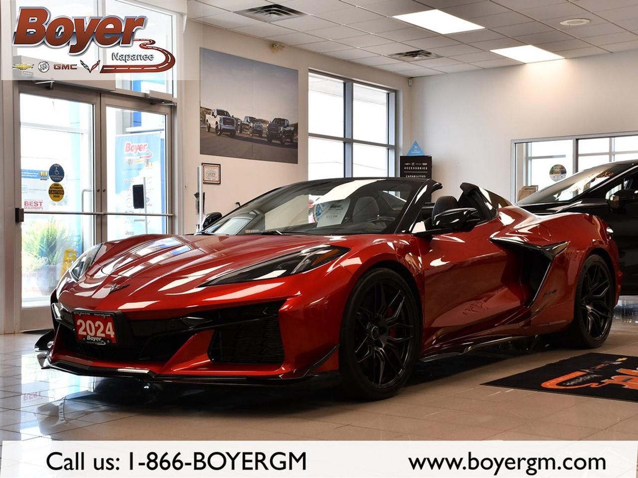 This 2024 Corvette Z06 Convertible is an absolute showstopper, finished in stunning Red Mist Metallic Tintcoat and equipped with the rare Z07 Performance Package. With only 8,709 kilometers, this car is in exceptional condition and offers supercar performance without the new-vehicle luxury tax.<br /><br />Powered by a hand-built 5.5L LT6 V8 producing 670 horsepower and 460 lb-ft of torque, the Z06 delivers a spine-tingling 8,400 rpm redline and a 0100 km/h time of around 2.6 seconds. The Z07 package enhances performance with carbon-ceramic Brembo brakes, Michelin Pilot Sport Cup 2 tires, and an aerodynamic carbon-fiber package that generates incredible downforce and handling precision.<br /><br />Inside, the Z06 surrounds the driver with a premium cockpit featuring leather and Alcantara surfaces, carbon-fiber accents, digital displays, and a flat-bottom steering wheel. Every detail is engineered for track-ready focus and everyday comfort.<br /><br />This Z06 with the Z07 package is a rare opportunity to own one of the most desirable Corvettes ever built, combining exotic-level performance, aggressive styling, and collector appeal.<br /><br /> Key Features:<br /><br />5.5L LT6 Flat-Plane V8 670 hp / 460 lb-ft<br /><br />8-Speed Dual-Clutch Transmission<br /><br />Z07 Performance Package (Carbon-Ceramic Brakes, Aero Kit, Track Suspension)<br /><br />Michelin Pilot Sport Cup 2 Tires<br /><br />Red Mist Metallic Tintcoat Exterior<br /><br />Only 8,709 km<br /><br />Pre-Owned No Luxury Tax Applicable<br /><br />Contact us today to book your viewing of this incredible 2024 Corvette Z06 Z07 before its gone.<br /><br /><br />About Peter Boyer Chevrolet Buick GMC<br /> Proudly serving Napanee and surrounding communities for over 30 years, Peter Boyer Chevrolet Buick GMC is your trusted destination for new and pre-owned vehicles. Drivers from Kingston, Belleville, Trenton, Brighton, Picton, and beyond choose us for our exceptional selection, competitive pricing, and commitment to customer satisfaction. <br /><br />Our knowledgeable and professional team is ready to assist with all your automotive needs, including sales, financing, service, and genuine GM parts. Experience the Boyer difference today and see why customers across Eastern Ontario continue to choose Peter Boyer Chevrolet Buick GMC year after year. We are a proud member of the Boyer Auto Group.